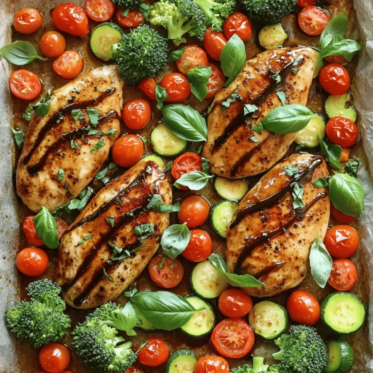 - 4 boneless, skinless chicken breasts - 1 cup balsamic vinegar - 2 tablespoons honey - Fresh basil leaves for garnish - 2 cups cherry tomatoes, halved - 1 large zucchini, sliced into half-moons - 1 red bell pepper, chopped - 1 cup broccoli florets - 3 tablespoons olive oil - 2 cloves garlic, minced - 1 teaspoon dried oregano - 1 teaspoon salt - 1/2 teaspoon black pepper Each ingredient plays a key role in this dish. The chicken provides a meaty base, while the balsamic vinegar adds a sweet and tangy kick. Honey brings out the glaze's natural sweetness. Fresh basil leaves brighten up the dish and add color. For vegetables, cherry tomatoes burst with flavor, and zucchini adds a nice crunch. Red bell pepper gives a sweet touch, and broccoli adds a healthy green color. The seasoning and marinade blend everything together. Olive oil keeps things moist, while garlic gives a strong flavor. Oregano adds an herbaceous note, and salt and pepper bring balance. You can find the full recipe in the article. With these ingredients, you can create a vibrant and tasty meal. To make the marinade, mix balsamic vinegar, honey, olive oil, garlic, oregano, salt, and pepper in a bowl. Make sure to coat the chicken well. Let the chicken marinate for at least 30 minutes in the fridge. For more flavor, you can marinate it for up to 2 hours. First, preheat your oven to 425°F (220°C). While the oven heats, prepare the veggies. In a large bowl, toss cherry tomatoes, zucchini, bell pepper, and broccoli with the remaining olive oil, salt, and pepper. This makes sure the veggies are well-seasoned. When the oven is hot, arrange the marinated chicken on a large baking sheet. Spread the seasoned veggies around the chicken. Pour any leftover marinade on top for extra flavor. Bake everything for 25 to 30 minutes. The chicken should reach 165°F (74°C) inside, and the veggies should be tender and a bit charred. For an added touch, drizzle some balsamic vinegar on top after baking. Let it sit for 5 minutes before serving. For the full recipe, check out the details above. To boost the flavor of your balsamic glazed chicken and veggies, I recommend adding a few herbs and spices. Consider using: - Thyme - Rosemary - Parsley Use fresh herbs when possible. They often bring more taste than dried ones. If you only have dried herbs, use less since they are stronger. Drizzling balsamic vinegar is key to a great glaze. To do this, pour it gently over the chicken and veggies right before serving. This extra layer of flavor makes a big difference. Be sure to let your dish rest for five minutes after baking. This allows the flavors to meld together nicely. Use a sturdy baking sheet for even cooking. A rimmed sheet helps catch any juices that may run off. You might also want to use parchment paper for easy cleanup. For convenience, have these kitchen tools ready: - Tongs - Mixing bowls - A whisk These will help you prepare and serve your meal with ease. For the full recipe, check out the section above! {{image_2}} You can switch up the protein in this dish. Instead of chicken, try turkey or pork. Both work well with balsamic glaze. If you want a vegetarian option, use firm tofu or tempeh. Marinate these options the same way for a tasty meal. The vegetables can change with the seasons. In spring, use asparagus or peas. In summer, try bell peppers or green beans. In fall, roasted sweet potatoes or Brussels sprouts are great. In winter, opt for root veggies like carrots or parsnips. All these veggies pair perfectly with balsamic. To add more flavor, think about sauces like pesto or a garlic yogurt sauce. Both add creaminess and depth to the dish. As for sides, I recommend serving it with quinoa or a fresh salad. Rice pilaf or crusty bread also makes a great addition. For the full recipe, check out the steps above. To store leftovers safely, let the chicken and veggies cool down first. Place them in airtight containers. This keeps air out and helps maintain taste. I recommend using glass or BPA-free plastic containers. They last longer and are better for the environment. The best methods for reheating chicken and veggies include using an oven or microwave. For the oven, preheat it to 350°F (175°C). Place the dish in the oven for about 15 minutes. This keeps everything moist and warm. If using a microwave, heat in short bursts of 1-2 minutes. Stir in between to avoid hot spots. To maintain flavor and texture, add a splash of balsamic vinegar before heating. This revives the taste and keeps it juicy. For freezing leftovers, let the dish cool completely. Place the chicken and veggies in freezer-safe bags or containers. Remove as much air as possible. This prevents freezer burn and keeps the meal fresh. When you want to eat it, thaw the dish in the fridge overnight. For reheating frozen portions, use the oven at 350°F (175°C) for 25-30 minutes or until heated through. Enjoy your meal with that fresh taste! I recommend marinating the chicken for at least 30 minutes. This time allows the chicken to soak in the rich flavors of the balsamic glaze. If you have more time, try marinating for up to 2 hours. Longer marination enhances the taste even more. Yes, you can use other types of vinegar. Apple cider vinegar adds a fruity note. Red wine vinegar gives a robust flavor. If you prefer a milder taste, white wine vinegar works well too. Each option brings a unique twist to the dish. The chicken should reach an internal temperature of 165°F (74°C). This ensures it is safe to eat. To check doneness without a thermometer, cut into the thickest part. If the juices run clear and the meat is no longer pink, it’s done. This recipe for balsamic chicken and veggies is simple and full of flavor. You learned about the key ingredients, the easy cooking steps, and helpful tips to enhance taste. Don't forget to experiment with different proteins and veggies to keep meals exciting. Proper storage will help you enjoy leftovers too. With practice, you will master this dish. Enjoy your cooking journey!