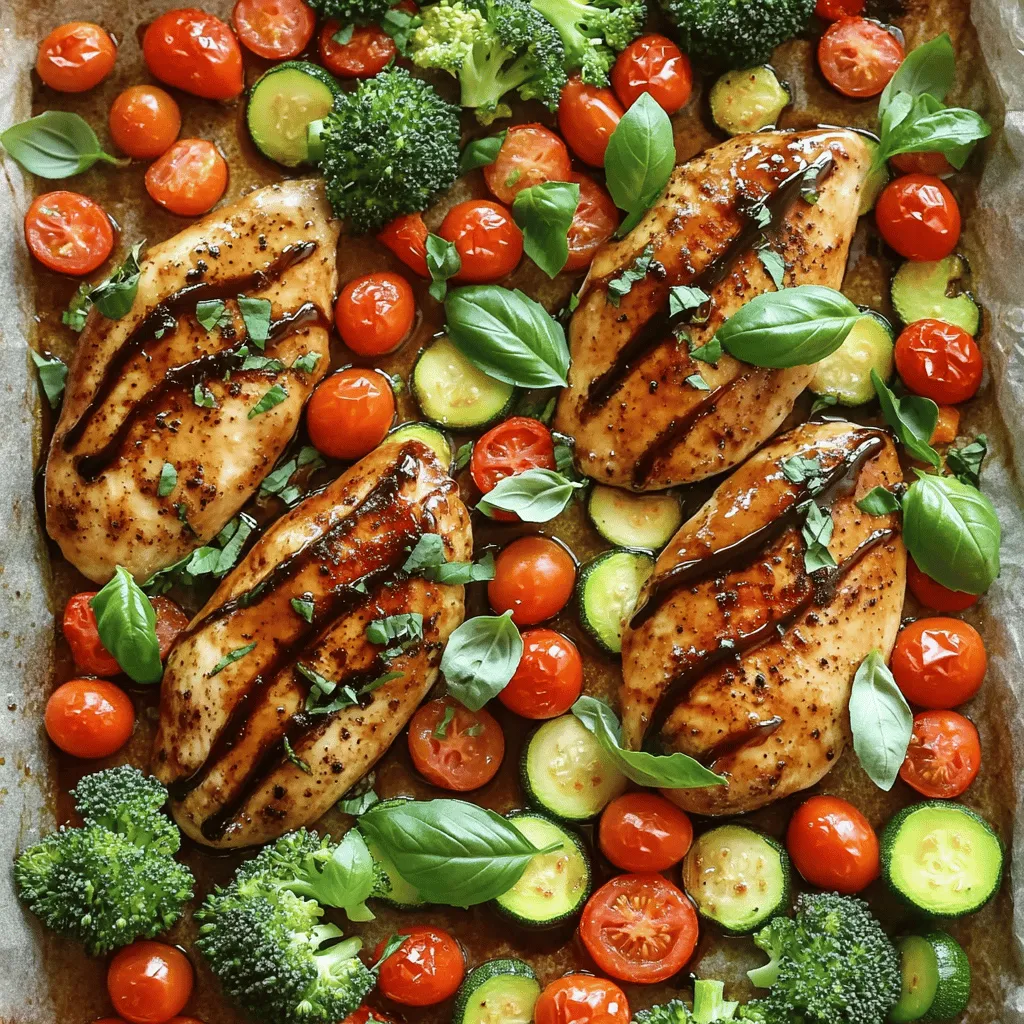 - 4 boneless, skinless chicken breasts - 1 cup balsamic vinegar - 2 tablespoons honey - Fresh basil leaves for garnish - 2 cups cherry tomatoes, halved - 1 large zucchini, sliced into half-moons - 1 red bell pepper, chopped - 1 cup broccoli florets - 3 tablespoons olive oil - 2 cloves garlic, minced - 1 teaspoon dried oregano - 1 teaspoon salt - 1/2 teaspoon black pepper Each ingredient plays a key role in this dish. The chicken provides a meaty base, while the balsamic vinegar adds a sweet and tangy kick. Honey brings out the glaze's natural sweetness. Fresh basil leaves brighten up the dish and add color. For vegetables, cherry tomatoes burst with flavor, and zucchini adds a nice crunch. Red bell pepper gives a sweet touch, and broccoli adds a healthy green color. The seasoning and marinade blend everything together. Olive oil keeps things moist, while garlic gives a strong flavor. Oregano adds an herbaceous note, and salt and pepper bring balance. You can find the full recipe in the article. With these ingredients, you can create a vibrant and tasty meal. To make the marinade, mix balsamic vinegar, honey, olive oil, garlic, oregano, salt, and pepper in a bowl. Make sure to coat the chicken well. Let the chicken marinate for at least 30 minutes in the fridge. For more flavor, you can marinate it for up to 2 hours. First, preheat your oven to 425°F (220°C). While the oven heats, prepare the veggies. In a large bowl, toss cherry tomatoes, zucchini, bell pepper, and broccoli with the remaining olive oil, salt, and pepper. This makes sure the veggies are well-seasoned. When the oven is hot, arrange the marinated chicken on a large baking sheet. Spread the seasoned veggies around the chicken. Pour any leftover marinade on top for extra flavor. Bake everything for 25 to 30 minutes. The chicken should reach 165°F (74°C) inside, and the veggies should be tender and a bit charred. For an added touch, drizzle some balsamic vinegar on top after baking. Let it sit for 5 minutes before serving. For the full recipe, check out the details above. To boost the flavor of your balsamic glazed chicken and veggies, I recommend adding a few herbs and spices. Consider using: - Thyme - Rosemary - Parsley Use fresh herbs when possible. They often bring more taste than dried ones. If you only have dried herbs, use less since they are stronger. Drizzling balsamic vinegar is key to a great glaze. To do this, pour it gently over the chicken and veggies right before serving. This extra layer of flavor makes a big difference. Be sure to let your dish rest for five minutes after baking. This allows the flavors to meld together nicely. Use a sturdy baking sheet for even cooking. A rimmed sheet helps catch any juices that may run off. You might also want to use parchment paper for easy cleanup. For convenience, have these kitchen tools ready: - Tongs - Mixing bowls - A whisk These will help you prepare and serve your meal with ease. For the full recipe, check out the section above! {{image_2}} You can switch up the protein in this dish. Instead of chicken, try turkey or pork. Both work well with balsamic glaze. If you want a vegetarian option, use firm tofu or tempeh. Marinate these options the same way for a tasty meal. The vegetables can change with the seasons. In spring, use asparagus or peas. In summer, try bell peppers or green beans. In fall, roasted sweet potatoes or Brussels sprouts are great. In winter, opt for root veggies like carrots or parsnips. All these veggies pair perfectly with balsamic. To add more flavor, think about sauces like pesto or a garlic yogurt sauce. Both add creaminess and depth to the dish. As for sides, I recommend serving it with quinoa or a fresh salad. Rice pilaf or crusty bread also makes a great addition. For the full recipe, check out the steps above. To store leftovers safely, let the chicken and veggies cool down first. Place them in airtight containers. This keeps air out and helps maintain taste. I recommend using glass or BPA-free plastic containers. They last longer and are better for the environment. The best methods for reheating chicken and veggies include using an oven or microwave. For the oven, preheat it to 350°F (175°C). Place the dish in the oven for about 15 minutes. This keeps everything moist and warm. If using a microwave, heat in short bursts of 1-2 minutes. Stir in between to avoid hot spots. To maintain flavor and texture, add a splash of balsamic vinegar before heating. This revives the taste and keeps it juicy. For freezing leftovers, let the dish cool completely. Place the chicken and veggies in freezer-safe bags or containers. Remove as much air as possible. This prevents freezer burn and keeps the meal fresh. When you want to eat it, thaw the dish in the fridge overnight. For reheating frozen portions, use the oven at 350°F (175°C) for 25-30 minutes or until heated through. Enjoy your meal with that fresh taste! I recommend marinating the chicken for at least 30 minutes. This time allows the chicken to soak in the rich flavors of the balsamic glaze. If you have more time, try marinating for up to 2 hours. Longer marination enhances the taste even more. Yes, you can use other types of vinegar. Apple cider vinegar adds a fruity note. Red wine vinegar gives a robust flavor. If you prefer a milder taste, white wine vinegar works well too. Each option brings a unique twist to the dish. The chicken should reach an internal temperature of 165°F (74°C). This ensures it is safe to eat. To check doneness without a thermometer, cut into the thickest part. If the juices run clear and the meat is no longer pink, it’s done. This recipe for balsamic chicken and veggies is simple and full of flavor. You learned about the key ingredients, the easy cooking steps, and helpful tips to enhance taste. Don't forget to experiment with different proteins and veggies to keep meals exciting. Proper storage will help you enjoy leftovers too. With practice, you will master this dish. Enjoy your cooking journey!