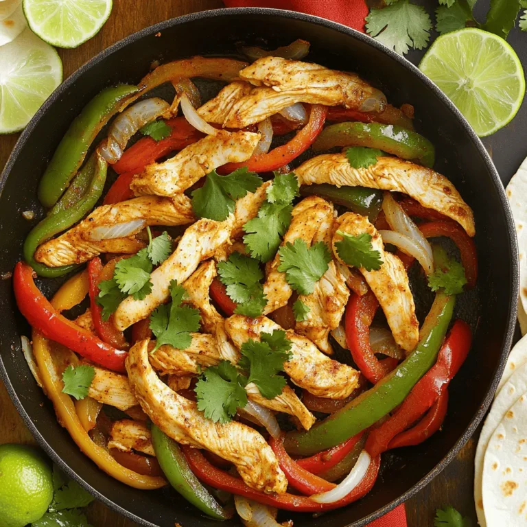 For this dish, you need simple yet tasty ingredients: - 1 pound boneless, skinless chicken breasts, sliced into thin strips - 1 large red bell pepper, sliced - 1 large green bell pepper, sliced - 1 medium onion, thinly sliced These fresh ingredients give your fajitas a vibrant look and great flavor. The chicken provides protein, while the peppers and onion add crunch and sweetness. The right seasonings and oils make all the difference. You will need: - 3 tablespoons olive oil - 2 teaspoons chili powder - 1 teaspoon cumin - 1 teaspoon garlic powder - 1 teaspoon smoked paprika - Salt and pepper to taste These spices give your fajitas a smoky and spicy kick. Olive oil helps everything cook evenly and adds richness. You can serve your fajitas in many fun ways. Here are my favorites: - Flour or corn tortillas - Fresh cilantro, chopped (for garnish) - Lime wedges (for serving) Warm tortillas hold the filling well. A squeeze of lime adds a fresh touch, while cilantro brightens the dish. For the full experience, serve everything right in the skillet! To start, I like to season the chicken well. Take 1 pound of boneless, skinless chicken breasts and slice them into thin strips. In a mixing bowl, add 2 tablespoons of olive oil. Then, sprinkle in 2 teaspoons of chili powder, 1 teaspoon of cumin, 1 teaspoon of garlic powder, and 1 teaspoon of smoked paprika. Don’t forget salt and pepper! Toss the chicken strips in the mixture until they are nicely coated. Let it sit for a few minutes to soak up the flavors. Now, it’s time to heat the pan. Grab a large skillet or cast-iron pan and add the last tablespoon of olive oil. Turn the heat to medium-high. Once the oil is hot, carefully add the seasoned chicken strips. Cook them for about 5 to 6 minutes. Stir occasionally to ensure even cooking. Look for a nice golden color, which means they are cooked through. After the chicken is done, it’s time to add some color. Toss in the sliced bell peppers and onions. I like to use one large red and one large green bell pepper. Stir everything together and cook for another 5 to 7 minutes. You want the veggies to be tender and slightly charred. This adds a great texture and flavor to your fajitas. Now you're ready to enjoy a delicious, vibrant dish! You can find the full recipe above to guide you through the process. To make your fajitas pop, you can adjust the spices. If you like heat, add more chili powder. For a smoky taste, increase the smoked paprika. Remember, start small. You can always add more spice, but you can’t take it out once it’s in. Use medium-high heat for cooking. This temperature helps the chicken brown well. Stir the chicken often to prevent sticking and ensure even cooking. When you add the veggies, keep stirring. This keeps them crunchy and delicious. For a fun meal, serve the fajitas straight from the pan. Place warm tortillas, lime wedges, and chopped cilantro on the table. Let everyone build their own fajitas. This makes the meal more interactive and enjoyable. You can find the full recipe above to guide you through the steps. {{image_2}} You can switch up the protein in your fajitas. Try using beef or shrimp for a different taste. If you prefer plant-based options, use tofu or tempeh. Just make sure to adjust the cooking time. Beef will take longer to cook, while shrimp cooks faster. You’ll get a new flavor with each choice. Don’t feel limited to just bell peppers and onions. You can add zucchini, mushrooms, or corn for more texture. Even sweet potatoes can work well. Just slice them thinly so they cook evenly. Get creative and use what you have in your fridge. More veggies mean more flavor and color on your plate. Experimenting with spices can change the whole dish. Add cayenne pepper for heat or oregano for earthiness. You can also try different salsas. A mango salsa adds sweetness, while a tomatillo salsa gives a tangy kick. Mix and match to find your perfect blend. These tweaks make every meal unique and exciting. For the complete recipe, make sure to check the Full Recipe section. After making your One-Pan Chicken Fajitas, let them cool. Place the leftovers in an airtight container. This keeps them fresh and tasty. If you have more than you can eat, you can freeze them. Use freezer-safe bags for easy storage. Squeeze out all the air before sealing. This helps prevent freezer burn. When you're ready to enjoy your leftovers, reheating is key. The best way is to use a skillet. Heat it over medium heat. Add a splash of water or olive oil to keep things moist. Stir the fajitas gently until heated through. You can also use the microwave. Just cover the dish with a damp paper towel to keep moisture in. Heat in short bursts, stirring in between. Leftover fajitas can last in the fridge for about 3 to 4 days. If you freeze them, they are good for about 2 to 3 months. Make sure to label your containers with the date. This helps you keep track of freshness. Enjoy your meal knowing you can save it for later! For the full recipe, check out the detailed instructions above. Yes, you can make One-Pan Chicken Fajitas ahead of time. This dish is great for meal prep. Cook the chicken and veggies, then let them cool. Store them in an airtight container in the fridge for up to three days. Reheat them in a pan or microwave before serving. You can also freeze the cooked fajitas. Just thaw them in the fridge overnight before reheating. Chicken fajitas pair well with many sides. Here are some great ideas: - Mexican rice - Refried beans - Guacamole - Salsa - Corn on the cob - A simple green salad These sides add variety and make your meal more complete. You can mix and match to suit your taste. To make One-Pan Chicken Fajitas low-carb, swap out the tortillas. Use lettuce leaves for wraps instead. You can also add more non-starchy veggies. Think about zucchini, mushrooms, or spinach. These options keep the dish filling without the carbs. Enjoy the same great flavor while staying on track with your diet. For the full recipe, check out the details above! You now have all the tools to make fantastic one-pan chicken fajitas. We've covered the main ingredients, seasonings, and serving ideas. I walked you through preparation, cooking, and tips for the best flavor. You can even try different proteins and veggies for a unique touch. Remember to store leftovers correctly to enjoy them later. With these steps and tricks, you'll impress everyone at the table. Enjoy making and sharing this delicious meal!