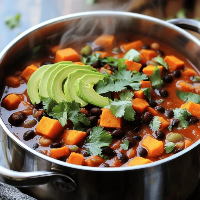 To make this tasty Sweet Potato and Black Bean Chili, gather these ingredients: - 2 medium sweet potatoes, peeled and diced - 1 can (15 oz) black beans, drained and rinsed - 1 can (14 oz) diced tomatoes with green chilies - 1 onion, finely chopped - 2 cloves garlic, minced - 1 red bell pepper, diced - 2 cups vegetable broth - 1 tablespoon chili powder - 1 teaspoon cumin - ½ teaspoon smoked paprika - ½ teaspoon cayenne pepper (adjust for spice) - Salt and pepper, to taste - 1 tablespoon olive oil - Fresh cilantro, chopped (for garnish) - Avocado slices (for serving) If you have dietary needs, you can swap some ingredients. Here are some options: - Use quinoa or lentils instead of black beans for a different protein source. - Replace vegetable broth with water or low-sodium broth for less sodium. - For a lower-carb option, skip the sweet potatoes or use zucchini. - Use green bell pepper instead of red for a milder flavor. - If you don’t have olive oil, use any cooking oil you prefer. This chili is not just delicious; it's also healthy! Here’s the nutritional info per serving (about 1.5 cups): - Calories: 320 - Protein: 13g - Fat: 6g - Carbohydrates: 58g - Fiber: 15g - Sugar: 5g - Sodium: 450mg This dish is rich in fiber and protein, making it a great meal choice. You can find the full recipe [Full Recipe]. To make this sweet potato and black bean chili, start by gathering your ingredients. In a large pot or Dutch oven, heat 1 tablespoon of olive oil over medium heat. Add 1 finely chopped onion and stir. Cook for about 5 minutes until the onion is soft and clear. Next, add 2 minced garlic cloves and 1 diced red bell pepper. Cook for 3-4 minutes until the bell pepper softens. Now, it’s time to add the star of the show: 2 medium sweet potatoes. Peel and dice them, then toss them into the pot. Stir well for about 5 minutes. This helps the sweet potatoes start to soften. Then, pour in 1 can of diced tomatoes with their juice, 2 cups of vegetable broth, and 1 can of drained and rinsed black beans. Next, sprinkle in 1 tablespoon of chili powder, 1 teaspoon of cumin, ½ teaspoon of smoked paprika, and ½ teaspoon of cayenne pepper. Add salt and pepper to taste. Stir everything together until well mixed. Bring the chili to a gentle simmer. Cover the pot and reduce the heat to low. Let it cook for 25-30 minutes, stirring occasionally. You want the sweet potatoes to be fork-tender. If you find the chili is too thin, simmer it uncovered for an extra 5-10 minutes. Taste the chili and adjust the seasoning as needed. Finally, serve the chili hot. Garnish with chopped fresh cilantro and avocado slices for a creamy touch. Sautéing is key for great flavor. Start with the onion and cook it until it’s soft. This brings out its sweetness. When you add the garlic and bell pepper, keep stirring. This keeps the garlic from burning and adds depth. Don’t rush the layers. Each step builds flavor. Keep an eye on the heat. Start at medium for sautéing, then lower it to low for simmering. This helps the sweet potatoes cook evenly without burning. Remember, cooking time is around 45 minutes total. This includes prep time. You want to enjoy the process as much as the meal. For a thicker chili, let it simmer longer without a lid. For the complete recipe, check out the Full Recipe. When making chili, you want to avoid some common mistakes. First, do not skip the sauté step. Sautéing onion and garlic builds flavor. Second, don’t rush the cooking time. Letting the chili simmer helps the flavors blend well. If you add too much liquid, your chili may turn soupy. Always start with less broth and add more if needed. Lastly, taste as you go. This helps you catch any seasoning issues early. Spices make your chili pop! Start with chili powder and cumin; they bring warmth and depth. Adding smoked paprika gives a nice, smoky touch. If you like heat, cayenne pepper is great, but adjust to your taste. Fresh herbs like cilantro add brightness at the end. You can also try adding a dash of lime juice for a zing. Experiment with spices to find your perfect mix. Cooking in bulk saves time and energy. You can double the recipe, and it freezes well. Store leftovers in airtight containers. Divide them into single servings for easy meals later. You can also prep ingredients ahead. Chop sweet potatoes, onions, and peppers a day before. This makes cooking quicker. Finally, making chili a day ahead allows the flavors to deepen. Enjoy the convenience and taste! {{image_2}} This chili is easy to adjust. You can make it vegan by using vegetable broth, which I always do. For gluten-free needs, check your canned goods. Most brands are safe, but read labels to be sure. You can also swap sweet potatoes for butternut squash if you like. It brings a nice flavor twist. If you love heat, add more cayenne pepper. Start with one teaspoon and taste as you go. You can also mix in fresh jalapeños or serrano peppers for a kick. Another option is to add hot sauce at the end. Adjust the spice level to fit your taste buds. Toppings can elevate your chili. Fresh cilantro adds brightness. Avocado slices bring creaminess. Crumbled tortilla chips add crunch. You might even try a dollop of sour cream or Greek yogurt for a rich touch. For sides, cornbread is a classic choice. It pairs well with the chili’s warmth. For the full recipe, check out the detailed instructions above! After you enjoy your Sweet Potato and Black Bean Chili, let it cool down. Use airtight containers to store leftovers. This keeps the chili fresh and tasty. If you store it right, it can last for up to four days in the fridge. Make sure to label the containers with the date. This helps you know when to use them. To keep chili longer, freeze it! Portion the chili into smaller containers. Leave some space at the top, as it will expand when frozen. You can freeze it for up to three months. When you want to enjoy it again, thaw it in the fridge overnight. Reheat it on the stove over low heat. Stir often to avoid burning. Chili can last in the fridge for about four days. If you see mold or it smells off, throw it away. Another sign is if the chili has changed color or texture. Always trust your senses. It's better to be safe than sorry. For best taste, eat it within a few days. Yes, you can make this chili ahead of time. In fact, it often tastes better the next day. The flavors blend well when it sits. Store it in an airtight container in the fridge for up to three days. Just reheat it on the stove before serving. You can also freeze it for up to three months. Thaw it in the fridge overnight before reheating. I love serving this chili with a few tasty sides. Here are some great options: - Cornbread - Rice or quinoa - Tortilla chips - A fresh green salad - Sliced avocado on top These sides add fun textures and flavors. You can mix and match based on what you like best! Yes, this chili is a healthy choice. It is full of nutrients and fiber. Sweet potatoes provide vitamins A and C. Black beans add protein and iron. The spices also have health benefits. They can help boost your metabolism. This dish is low in fat, making it a wholesome option for everyone. Enjoy it guilt-free! For the full recipe, check out the section above! You now have a complete guide to making Sweet Potato and Black Bean Chili. We covered ingredients, cooking steps, and ways to enhance the flavor. You learned tips to avoid common mistakes and how to store leftovers. This chili is flexible, allowing for swaps and adjustments to fit your needs. Try making it your way! Enjoy a nourishing meal, packed with flavor and nutrients. Happy cooking!