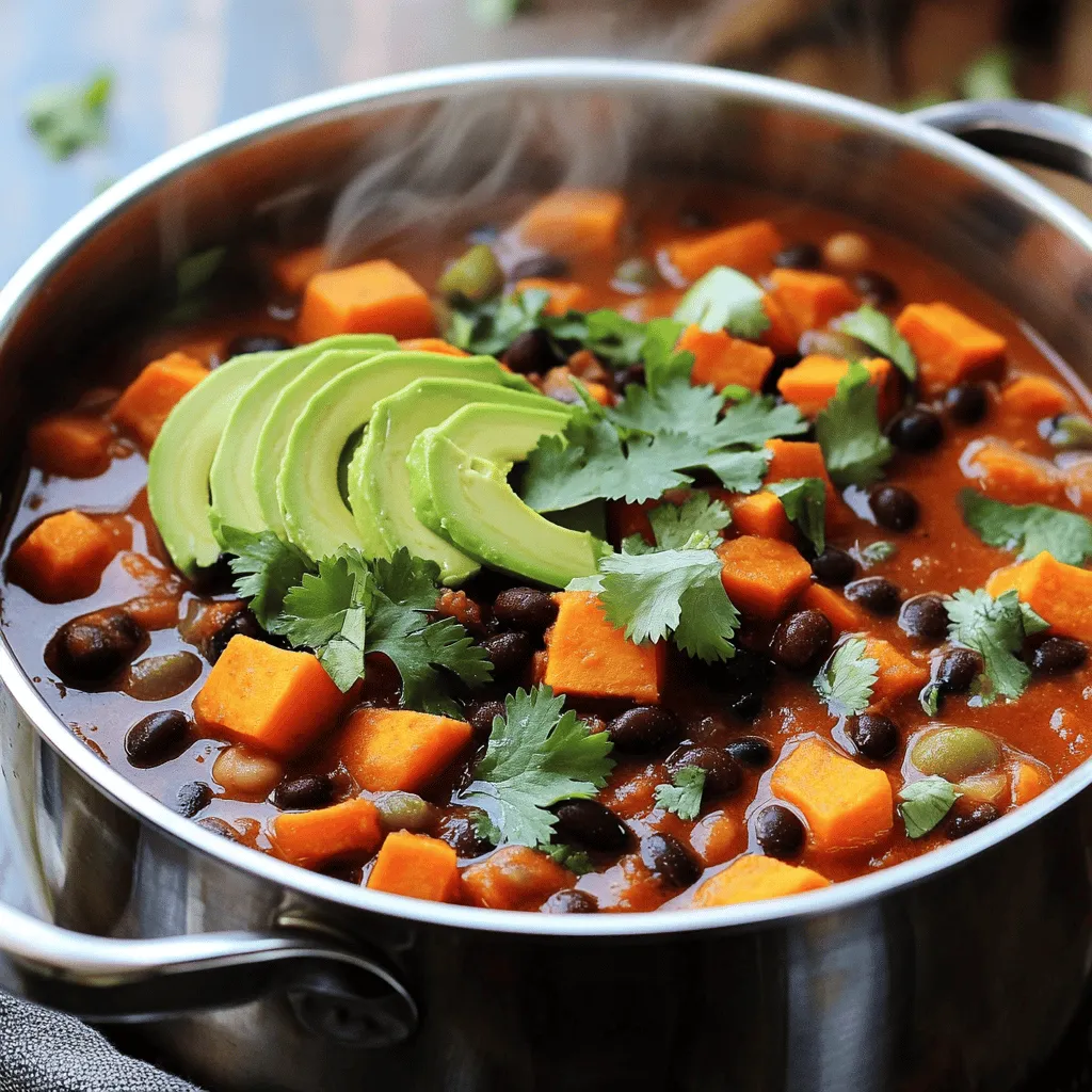 To make this tasty Sweet Potato and Black Bean Chili, gather these ingredients: - 2 medium sweet potatoes, peeled and diced - 1 can (15 oz) black beans, drained and rinsed - 1 can (14 oz) diced tomatoes with green chilies - 1 onion, finely chopped - 2 cloves garlic, minced - 1 red bell pepper, diced - 2 cups vegetable broth - 1 tablespoon chili powder - 1 teaspoon cumin - ½ teaspoon smoked paprika - ½ teaspoon cayenne pepper (adjust for spice) - Salt and pepper, to taste - 1 tablespoon olive oil - Fresh cilantro, chopped (for garnish) - Avocado slices (for serving) If you have dietary needs, you can swap some ingredients. Here are some options: - Use quinoa or lentils instead of black beans for a different protein source. - Replace vegetable broth with water or low-sodium broth for less sodium. - For a lower-carb option, skip the sweet potatoes or use zucchini. - Use green bell pepper instead of red for a milder flavor. - If you don’t have olive oil, use any cooking oil you prefer. This chili is not just delicious; it's also healthy! Here’s the nutritional info per serving (about 1.5 cups): - Calories: 320 - Protein: 13g - Fat: 6g - Carbohydrates: 58g - Fiber: 15g - Sugar: 5g - Sodium: 450mg This dish is rich in fiber and protein, making it a great meal choice. You can find the full recipe [Full Recipe]. To make this sweet potato and black bean chili, start by gathering your ingredients. In a large pot or Dutch oven, heat 1 tablespoon of olive oil over medium heat. Add 1 finely chopped onion and stir. Cook for about 5 minutes until the onion is soft and clear. Next, add 2 minced garlic cloves and 1 diced red bell pepper. Cook for 3-4 minutes until the bell pepper softens. Now, it’s time to add the star of the show: 2 medium sweet potatoes. Peel and dice them, then toss them into the pot. Stir well for about 5 minutes. This helps the sweet potatoes start to soften. Then, pour in 1 can of diced tomatoes with their juice, 2 cups of vegetable broth, and 1 can of drained and rinsed black beans. Next, sprinkle in 1 tablespoon of chili powder, 1 teaspoon of cumin, ½ teaspoon of smoked paprika, and ½ teaspoon of cayenne pepper. Add salt and pepper to taste. Stir everything together until well mixed. Bring the chili to a gentle simmer. Cover the pot and reduce the heat to low. Let it cook for 25-30 minutes, stirring occasionally. You want the sweet potatoes to be fork-tender. If you find the chili is too thin, simmer it uncovered for an extra 5-10 minutes. Taste the chili and adjust the seasoning as needed. Finally, serve the chili hot. Garnish with chopped fresh cilantro and avocado slices for a creamy touch. Sautéing is key for great flavor. Start with the onion and cook it until it’s soft. This brings out its sweetness. When you add the garlic and bell pepper, keep stirring. This keeps the garlic from burning and adds depth. Don’t rush the layers. Each step builds flavor. Keep an eye on the heat. Start at medium for sautéing, then lower it to low for simmering. This helps the sweet potatoes cook evenly without burning. Remember, cooking time is around 45 minutes total. This includes prep time. You want to enjoy the process as much as the meal. For a thicker chili, let it simmer longer without a lid. For the complete recipe, check out the Full Recipe. When making chili, you want to avoid some common mistakes. First, do not skip the sauté step. Sautéing onion and garlic builds flavor. Second, don’t rush the cooking time. Letting the chili simmer helps the flavors blend well. If you add too much liquid, your chili may turn soupy. Always start with less broth and add more if needed. Lastly, taste as you go. This helps you catch any seasoning issues early. Spices make your chili pop! Start with chili powder and cumin; they bring warmth and depth. Adding smoked paprika gives a nice, smoky touch. If you like heat, cayenne pepper is great, but adjust to your taste. Fresh herbs like cilantro add brightness at the end. You can also try adding a dash of lime juice for a zing. Experiment with spices to find your perfect mix. Cooking in bulk saves time and energy. You can double the recipe, and it freezes well. Store leftovers in airtight containers. Divide them into single servings for easy meals later. You can also prep ingredients ahead. Chop sweet potatoes, onions, and peppers a day before. This makes cooking quicker. Finally, making chili a day ahead allows the flavors to deepen. Enjoy the convenience and taste! {{image_2}} This chili is easy to adjust. You can make it vegan by using vegetable broth, which I always do. For gluten-free needs, check your canned goods. Most brands are safe, but read labels to be sure. You can also swap sweet potatoes for butternut squash if you like. It brings a nice flavor twist. If you love heat, add more cayenne pepper. Start with one teaspoon and taste as you go. You can also mix in fresh jalapeños or serrano peppers for a kick. Another option is to add hot sauce at the end. Adjust the spice level to fit your taste buds. Toppings can elevate your chili. Fresh cilantro adds brightness. Avocado slices bring creaminess. Crumbled tortilla chips add crunch. You might even try a dollop of sour cream or Greek yogurt for a rich touch. For sides, cornbread is a classic choice. It pairs well with the chili’s warmth. For the full recipe, check out the detailed instructions above! After you enjoy your Sweet Potato and Black Bean Chili, let it cool down. Use airtight containers to store leftovers. This keeps the chili fresh and tasty. If you store it right, it can last for up to four days in the fridge. Make sure to label the containers with the date. This helps you know when to use them. To keep chili longer, freeze it! Portion the chili into smaller containers. Leave some space at the top, as it will expand when frozen. You can freeze it for up to three months. When you want to enjoy it again, thaw it in the fridge overnight. Reheat it on the stove over low heat. Stir often to avoid burning. Chili can last in the fridge for about four days. If you see mold or it smells off, throw it away. Another sign is if the chili has changed color or texture. Always trust your senses. It's better to be safe than sorry. For best taste, eat it within a few days. Yes, you can make this chili ahead of time. In fact, it often tastes better the next day. The flavors blend well when it sits. Store it in an airtight container in the fridge for up to three days. Just reheat it on the stove before serving. You can also freeze it for up to three months. Thaw it in the fridge overnight before reheating. I love serving this chili with a few tasty sides. Here are some great options: - Cornbread - Rice or quinoa - Tortilla chips - A fresh green salad - Sliced avocado on top These sides add fun textures and flavors. You can mix and match based on what you like best! Yes, this chili is a healthy choice. It is full of nutrients and fiber. Sweet potatoes provide vitamins A and C. Black beans add protein and iron. The spices also have health benefits. They can help boost your metabolism. This dish is low in fat, making it a wholesome option for everyone. Enjoy it guilt-free! For the full recipe, check out the section above! You now have a complete guide to making Sweet Potato and Black Bean Chili. We covered ingredients, cooking steps, and ways to enhance the flavor. You learned tips to avoid common mistakes and how to store leftovers. This chili is flexible, allowing for swaps and adjustments to fit your needs. Try making it your way! Enjoy a nourishing meal, packed with flavor and nutrients. Happy cooking!