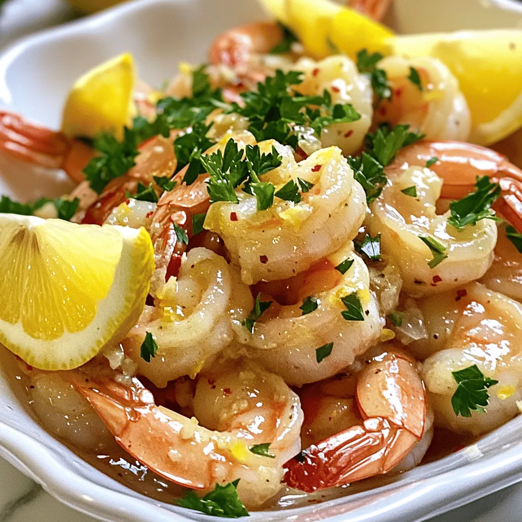 - 1 pound large shrimp, peeled and deveined - 4 tablespoons unsalted butter - 4 cloves garlic, minced For this dish, start with large shrimp. They should be peeled and deveined. This makes them easy to eat. The shrimp soak up all the flavors well. Next, use unsalted butter. It adds richness without extra salt. Finally, the minced garlic gives a strong aroma and taste. Fresh garlic is best for this recipe. - 1 teaspoon red pepper flakes (adjust to taste) - Juice and zest of 1 lemon - Salt and pepper to taste Red pepper flakes add a nice kick. You can adjust the amount based on your taste. Fresh lemon juice and zest bring bright flavor. They make the dish fresh and lively. Don’t forget salt and pepper. They help balance the dish's flavors. - 1 tablespoon fresh parsley, chopped - Lemon wedges for serving Fresh parsley adds color and a hint of freshness on top. It also looks great on the plate. Serve with lemon wedges for extra flavor. They give a nice touch when you squeeze more juice over the shrimp. For the full recipe, check out the details. - Melting the butter Start by placing a large skillet on medium heat. Add four tablespoons of unsalted butter. Let it melt slowly. Watch it closely to prevent burning. - Sautéing garlic and red pepper flakes Once the butter melts, add four cloves of minced garlic. Also, add one teaspoon of red pepper flakes. Stir the mixture for about one to two minutes. You want the garlic to smell good but not brown. - Adding shrimp to the skillet Turn up the heat to medium-high. Add one pound of peeled and deveined large shrimp to the skillet. Make sure to spread them out evenly in the pan. - Seasoning and cooking times Sprinkle salt and pepper over the shrimp. Cook them for two to three minutes. You want the shrimp to turn pink and opaque. This shows they are cooked. - Mixing in lemon juice and zest Squeeze the juice from one lemon into the skillet. Add the zest of the same lemon. Stir well to mix the flavors. Let the shrimp soak up the citrus for another minute. - Final garnish with parsley Remove the skillet from heat. Stir in one tablespoon of chopped fresh parsley. This adds color and freshness. Plate the shrimp and drizzle any sauce left in the pan over the top. Enjoy this quick and flavorful dish! For the full recipe, check out the details above. How do you know when shrimp are done? Look for a pink color. The shrimp should also be opaque. They are ready in about 2-3 minutes. To avoid overcooked shrimp, watch them closely. Remove them from heat when they turn pink. They continue to cook off the heat. You can add white wine or chicken broth for more flavor. Just pour a splash into the pan after cooking the shrimp. This adds depth to the sauce. You can also experiment with herbs. Basil and thyme work well with lemon. Adjust the spice levels to your taste. Add more red pepper flakes for heat. Serve shrimp in a shallow bowl for a nice look. Garnish with fresh parsley and lemon wedges. This adds color and freshness to the dish. Consider pairing the shrimp with a light salad. You can also serve it over fresh pasta. This makes a complete and colorful meal. {{image_2}} You can switch up the seafood in this dish. Try using scallops or lobster for a twist. If you want a vegetarian option, replace shrimp with mushrooms or zucchini. Both options will soak up the lemon garlic butter flavor well. Spices can change the whole dish. Add cumin for a warm, earthy taste. For a smoky kick, try paprika. If you like heat, mix in more red pepper flakes. You can even add some chopped jalapeños for extra spice. You can cook the shrimp in different ways. A skillet gives you quick results and great flavor. If you want a charred taste, try grilling them. For a hands-off method, bake the shrimp in the oven. Just adjust the time to ensure they cook well. Explore the full recipe for more tips on making this dish shine! To keep your Lemon Garlic Butter Shrimp fresh, place leftovers in an airtight container. Cool the shrimp to room temperature before sealing. Store them in the fridge for up to two days. This helps maintain their flavor and texture. If you want to save shrimp for later, freezing is a great choice. First, cool the shrimp completely. Then, place them in a freezer-safe bag. Remove as much air as possible to prevent freezer burn. You can freeze shrimp for up to three months. When you're ready to use them, thaw in the fridge overnight or under cold running water. To reheat shrimp, do it gently to keep them tender. The best way is to use a skillet. Heat on low and add a splash of water or broth. This keeps them moist. Stir often until heated through. Avoid the microwave, as it can make shrimp rubbery. Enjoy your flavorful dish just like fresh! For the full recipe, check back to make cooking a breeze. Yes, you can use frozen shrimp. It’s a great way to save time. To thaw frozen shrimp, place them in the fridge overnight. If you need them faster, you can put them in a bowl of cold water for about 30 minutes. Just make sure to drain them well before cooking. This helps keep the dish from getting watery. You have many delicious options! Here are some side dishes that pair well: - Light salad with a citrus vinaigrette - Steamed vegetables, like broccoli or asparagus - Fresh pasta tossed in olive oil - Rice or quinoa for a hearty meal These sides help balance the flavors of the shrimp and add more nutrients. You can adjust the spice to fit your taste! The recipe calls for red pepper flakes. Start with one teaspoon, then taste. If you want more heat, add more flakes. You can also try adding hot sauce or diced jalapeños. Just remember, it’s all about what you enjoy! Lemon Garlic Butter Shrimp is a simple yet tasty dish. We covered all the essentials, from main ingredients to cooking methods, and even tips for storing leftovers. You can customize flavors and make it your own. Remember, fresh shrimp and lemon are key to great taste. Enjoy making this dish as much as eating it. Your friends and family will love it! Happy cooking!