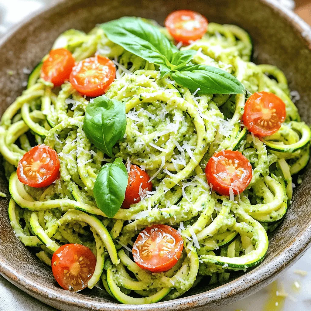 For a delicious serving of zucchini noodles with pesto, you'll need these items: - 3 medium zucchinis - 1 ripe avocado - 1 cup fresh basil leaves - 1/4 cup walnuts - 2 tablespoons lemon juice - 2 tablespoons olive oil - 1 clove garlic, minced - Salt and pepper to taste To enhance your dish, consider these toppings: - Cherry tomatoes, halved - Grated Parmesan cheese (optional) These garnishes add color and flavor that brighten up your meal. If you don't have certain items, here are some swaps: - Use pine nuts instead of walnuts for a different taste. - If you lack fresh basil, try spinach or arugula as alternatives. - For a nut-free option, use sunflower seeds in the pesto. - Instead of lemon juice, lime juice works well too. Feel free to mix and match based on what you have! The full recipe can guide you through this simple yet tasty dish. To start, grab three medium zucchinis. Using a spiralizer or a julienne peeler, turn those zucchinis into noodles. Place the noodles in a colander. Sprinkle them lightly with salt. This helps to draw out excess moisture. Let them sit for about 15 to 20 minutes. The salt will work its magic. After 20 minutes, rinse the noodles under cold water. Pat them dry with a paper towel. This step keeps your dish from being too watery. While the zucchini noodles drain, it's time to make the avocado pesto. Take one ripe avocado and scoop it into a food processor. Add one cup of fresh basil leaves, one-fourth cup of walnuts, and two tablespoons of lemon juice. Pour in two tablespoons of olive oil and add one clove of minced garlic. Blend everything until it's smooth. Taste the mixture and add salt and pepper as needed. If the pesto is too thick, add a bit more olive oil until you like the texture. This creamy pesto makes the dish sing. Once the zucchini noodles are dry, it's time to combine everything. In a large bowl, add the zucchini noodles and the avocado pesto. Toss gently until all the noodles are coated well. Now for the fun part—plating! Serve the noodles on a nice plate. Garnish with halved cherry tomatoes on top. If you like, sprinkle some grated Parmesan cheese for extra flavor. Serve immediately, and enjoy the fresh taste of this delightful dish. You can follow the [Full Recipe] for more details. To make perfect zucchini noodles, start with fresh, firm zucchinis. Use a spiralizer or julienne peeler. Spiralize the zucchinis directly into the bowl. Aim for long, thin strands. After spiralizing, place the noodles in a colander. Sprinkle them with salt to draw out the moisture. Let them sit for about 15 to 20 minutes. Rinse the noodles under cold water and pat them dry. This process helps keep your dish from becoming soggy. For the best pesto, use a food processor. Combine ripe avocado, fresh basil, walnuts, lemon juice, olive oil, and minced garlic. Blend until smooth, but don’t over-blend. You want a bit of texture in your pesto. If it’s too thick, add a little more olive oil. Taste and adjust with salt and pepper as needed. This balancing act is key to a bright, flavorful pesto that brings your dish to life. To make your zucchini noodles pop, add fresh ingredients. Halved cherry tomatoes add a nice touch. They bring sweetness and color to the dish. A sprinkle of grated Parmesan cheese can enhance the taste, too. For extra crunch, consider adding pine nuts or sunflower seeds. You could also serve the dish with a side of grilled chicken or shrimp for protein. These simple additions can elevate your meal without much effort. {{image_2}} Zucchini noodles fit well into both Paleo and Whole30 diets. These diets focus on whole foods. For a tasty twist, use nuts like pecans in your pesto. You can also swap olive oil for avocado oil for a different flavor. Make sure to skip any cheese to keep it compliant. For a vegan version, the avocado is your best friend. It adds creaminess without dairy. You can replace walnuts with sunflower seeds in the pesto. Sunflower seeds offer a nice crunch and a different taste. Consider adding nutritional yeast for a cheesy flavor without the dairy. If you want to make your dish heartier, add proteins. Grilled chicken or shrimp pairs well with this dish. You can toss cooked quinoa or chickpeas into the noodles for extra protein. For a vegetarian option, try adding tofu or tempeh. These options will keep your meal filling and satisfying. For the complete cooking experience, check the Full Recipe. To keep leftover zucchini noodles fresh, place them in an airtight container. You can store them in the fridge for up to two days. Avoid adding sauce until you're ready to eat. This keeps the noodles from getting too soggy. If you notice excess moisture, gently pat them dry with a paper towel before storing. Store your leftover pesto in a small jar or container. Make sure to cover the surface with a thin layer of olive oil. This helps prevent browning. You can keep it in the fridge for about a week. For longer storage, freeze it in ice cube trays. Once frozen, transfer the cubes to a freezer bag. This way, you can enjoy fresh pesto anytime. When reheating zucchini noodles, use a skillet over medium heat. Add a splash of olive oil to prevent sticking. Heat them for just a few minutes until warm. Avoid overcooking, as they can become mushy. For pesto, gently warm it in a small pan. Stir constantly to keep the texture smooth. Enjoy the fresh taste every time! Yes, you can use regular pasta in this dish. Zucchini noodles are a great low-carb option. They provide a fresh taste and unique texture. If you prefer pasta, choose your favorite type. Cook it according to the package instructions. Serve the pesto over the cooked pasta instead of zucchini noodles. Enjoy the same flavorful sauce with a different twist. Zucchini noodles last about 2 to 3 days in the fridge. Store them in an airtight container. Keep in mind, they may lose some crunch over time. To extend their life, avoid adding the pesto until you're ready to eat. If they get too soft, you can still use them in soups or stews. You can substitute walnuts with pine nuts or sunflower seeds. Both give a nice flavor and texture. If you want a nut-free option, try using hemp seeds. These options work well in the avocado pesto. Just blend them like you would with walnuts. This way, you keep the creamy texture and rich taste. For the full recipe, you can refer to the Zesty Zucchini Noodles with Avocado Pesto. This blog post covered everything you need for a delicious zucchini noodle dish. We explored the key ingredients, prepared the avocado pesto, and combined them to create a fresh meal. I shared tips for perfect noodles and clever serving ideas. You can even adapt the dish to fit your diet. Lastly, I explained how to store leftovers for another day. Use this knowledge to enjoy healthy eating with ease and creativity. Don’t hesitate to experiment and make this dish your own!