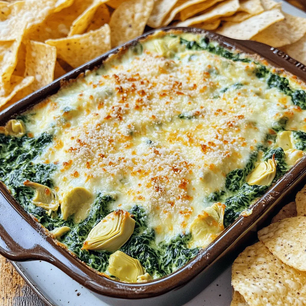 To make creamy spinach and artichoke dip, gather these key ingredients: - 2 cups fresh spinach, chopped - 1 cup canned artichoke hearts, drained and chopped - 1 cup cream cheese, softened - ½ cup sour cream - ½ cup mayonnaise - 1 cup grated mozzarella cheese - ½ cup grated Parmesan cheese - 2 cloves garlic, minced - 1 teaspoon lemon juice - Salt and pepper to taste - A pinch of crushed red pepper flakes (optional) - Tortilla chips or sliced baguette for serving These ingredients create a rich, creamy dip that pairs well with chips or bread. Want to kick it up a notch? Consider adding these optional ingredients: - A teaspoon of olive oil for sautéing the spinach - Chopped fresh herbs, like parsley or basil - A splash of Worcestershire sauce for depth - A dash of smoked paprika for a hint of smokiness These extras can enhance the flavor and make your dip unique. This creamy spinach and artichoke dip serves 6-8 people. Here’s a rough estimate of the nutritional value per serving: - Calories: 300 - Total Fat: 22g - Saturated Fat: 10g - Cholesterol: 50mg - Sodium: 400mg - Total Carbohydrates: 12g - Dietary Fiber: 2g - Sugars: 2g - Protein: 8g This dip is indulgent but can fit into a balanced diet. Enjoy it in moderation! For the full recipe, check out the section above. First, gather your ingredients. You need fresh spinach, artichoke hearts, cream cheese, sour cream, and mayonnaise. Don't forget the mozzarella, Parmesan, garlic, lemon juice, salt, and pepper. This recipe is simple yet so rewarding. 1. Preheat the Oven: Start by preheating your oven to 375°F (190°C). 2. Sauté the Spinach: In a skillet, add a little olive oil if you want. Sauté the chopped spinach over medium heat. Cook until it wilts, about 2-3 minutes. Take it off the heat and let it cool. 3. Mix the Base: In a big bowl, combine the softened cream cheese, sour cream, and mayonnaise. Use a hand mixer or a spatula to blend until it’s smooth. 4. Add Flavor: Mix in the artichoke hearts, wilted spinach, minced garlic, lemon juice, mozzarella, Parmesan, salt, and pepper. If you like heat, add crushed red pepper flakes. Stir well until everything is mixed. 5. Transfer to Baking Dish: Spoon the mixture into a greased baking dish, about 8x8 inches. Smooth the top with a spatula. 6. Bake: Place it in the oven and bake for 20-25 minutes. You want the top to be golden and bubbly. 7. Cool and Serve: Once done, take it out of the oven. Let it cool a bit. Serve warm with tortilla chips or sliced baguette. To get the best dip, make sure your ingredients are at room temperature before mixing. This helps everything blend nicely. Don’t skip the baking time; it gives the dip that perfect bubbly texture. Keeping an eye on it will help you avoid burning. You can find the full recipe above to dive deeper into making this tasty dish! To achieve a rich and creamy dip, use full-fat cream cheese. Cream cheese gives the dip its smooth texture. Mixing the cream cheese with sour cream and mayonnaise keeps it soft and fluffy. For a twist, try adding a splash of heavy cream. This boosts creaminess even further. Make sure all dairy items are at room temperature. This step ensures they mix well without lumps. To boost flavor, add fresh herbs like basil or parsley. These herbs add a nice touch. You can also mix in some grated cheese, like cheddar. This change adds a new taste dimension. For a zesty kick, a squeeze of lemon juice brightens the dip. You might also want to try a dash of cayenne pepper or hot sauce for heat. These simple tweaks can elevate the dip from good to great. One common mistake is overbaking the dip. This can dry it out. Keep an eye on it and remove it when it turns golden brown. Another mistake is not seasoning well. Taste your mix before baking. Adjust salt, pepper, and other spices to your liking. Lastly, avoid skipping the sauté step for the spinach. This step reduces moisture and enhances flavor. Following these tips will help you create the perfect creamy spinach and artichoke dip. For the full recipe, check out our detailed guide. {{image_2}} You can make this dip vegan by swapping out dairy. Use cashew cream or vegan cream cheese. For sour cream, try coconut yogurt or a nut-based version. Nutritional yeast adds a cheesy flavor without dairy. Choose plant-based cheeses that melt well for the best texture. Want a kick? Add jalapeños or diced green chilies to the mix. You can also increase the crushed red pepper flakes for extra heat. Try adding a dash of hot sauce or sriracha for a zesty touch. Spicy versions make this dip even more exciting. You can switch out ingredients based on what you have. If you don't have Parmesan, use a different hard cheese. Swap mozzarella for cheddar for a sharper flavor. For a tangy twist, replace lemon juice with lime juice. Each swap can create a unique taste profile. Check the Full Recipe for more ideas! To keep your creamy spinach and artichoke dip fresh, store it in an airtight container. Make sure the dip cools down before sealing it. This helps prevent moisture buildup, which can change the texture. Label the container with the date. This dip stays good for about 3-5 days in the fridge. When you're ready to enjoy the dip again, reheating is easy. You can warm it in the oven or microwave. If using the oven, preheat it to 350°F (175°C). Place the dip in a safe baking dish and cover with foil. Heat for about 15-20 minutes until warm. For the microwave, heat in short bursts of 30 seconds. Stir in between to get an even temperature. If you want to save some dip for later, freezing works well too. Place the dip in a freezer-safe container, leaving some space at the top. It can be frozen for up to 2-3 months. To use, thaw it overnight in the fridge before reheating. Remember, the texture may change a bit after freezing, but the flavor stays delicious. For the full recipe, check out the complete instructions above. You can add crushed red pepper flakes. Start with a pinch and taste. If you want more heat, add a bit more. You can also mix in diced jalapeños or hot sauce. These options give your dip a nice kick. Just remember, balance is key. You want to enhance the flavors, not overpower them. Yes, frozen spinach works great! Just make sure to thaw it first. Drain any extra water before adding it to the dip. This step keeps your dip from getting too watery. Fresh spinach gives a nice texture, but frozen is easy and quick. It’s a simple swap that saves time without losing flavor. I love serving this dip warm with tortilla chips or sliced baguette. The crunch of the chips pairs well with the creamy dip. You can also use veggie sticks, like carrots or bell peppers, for a healthier option. Consider serving it in a bread bowl for a fun twist. Don't forget to keep it warm; a slow cooker works great for that! For the full recipe, check the section above. In this blog post, I covered every step to make delicious spinach and artichoke dip. We explored key ingredients and tips for perfect texture. You learned about flavor enhancers and common mistakes to avoid. I also shared storage tips to keep your dip fresh. To wrap up, I encourage you to try different variations. With practice, you can make a dip everyone will love. Enjoy creating and sharing this tasty treat!