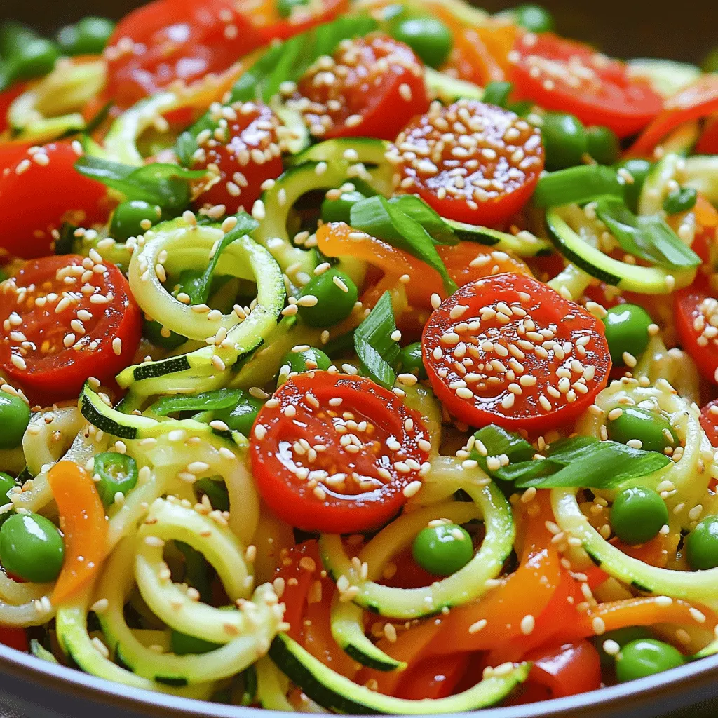 - Zucchini (3 medium) - Red bell pepper (1, sliced) - Snap peas (1 cup, trimmed) - Carrot (1 small, julienned) - Cherry tomatoes (1 cup, halved) - Garlic (2 cloves, minced) - Ginger (1 tablespoon, grated) - Soy sauce (2 tablespoons; tamari for gluten-free) - Sesame oil (1 tablespoon) - Olive oil (1 tablespoon) - Sesame seeds (1 tablespoon) - Salt and pepper (to taste) Gather these fresh and pantry ingredients to make your zucchini noodle stir fry. Start with three medium zucchinis. You will spiralize them into noodles. Next, slice one red bell pepper. Grab one cup of snap peas and trim them. Use one small carrot and cut it into thin strips, called julienne. Lastly, halve one cup of cherry tomatoes. For the pantry items, grab two cloves of garlic and mince them. Use one tablespoon of fresh ginger, grated. You will also need two tablespoons of soy sauce, or tamari for gluten-free. Add one tablespoon of sesame oil and one tablespoon of olive oil. Don’t forget one tablespoon of sesame seeds. Use salt and pepper to taste. These ingredients make a colorful and tasty dish. You can find the full recipe of Zesty Zucchini Noodle Stir Fry to learn how to bring it all together! - Spiralize the Zucchini: Use a spiralizer to turn the zucchinis into noodles. This step makes them fun to eat and adds a nice texture. If you don’t have a spiralizer, a vegetable peeler works well too. Just make thin ribbons instead. - Prepare and Measure All Ingredients: Gather your sliced vegetables, garlic, and ginger. Having all ingredients ready makes cooking easier. Measure out the soy sauce and sesame oil. This prep work keeps you organized. - Heat the Pan and Add Olive Oil: Place a large skillet or wok on medium-high heat. Pour in the olive oil. Let it heat until it shimmers. This step is key for a good stir-fry. - Sauté Garlic and Ginger: Add minced garlic and grated ginger to the hot oil. Stir for about 30 seconds. You will smell a lovely aroma. This step adds depth to your dish. - Incorporate Sliced Vegetables into the Skillet: Quickly toss in the red bell pepper, snap peas, and julienned carrot. Stir-fry for about 3-4 minutes. Keep the veggies bright and tender-crisp. This helps retain their nutrients. - Add Zucchini Noodles and Stir-Fry: Gently fold in the zucchini noodles. Stir-fry for another 2-3 minutes. Ensure they soak up all those tasty flavors without turning mushy. You want them to stay firm. - Drizzle with Soy Sauce and Sesame Oil: Pour the soy sauce and sesame oil over the stir-fry. Toss everything together well. This step brings all the flavors together nicely. - Add Tomatoes and Green Onions: Fold in the halved cherry tomatoes and chopped green onions. Season with salt and pepper. Cook for one more minute. This warmth brings out the sweetness of the tomatoes. You can find the full recipe for Zesty Zucchini Noodle Stir Fry to explore these steps further. To make the best zucchini noodle stir fry, avoid overcooking your zucchini noodles. They should stay crisp and tender. Cook them for only 2-3 minutes. This keeps their bright color and fresh taste. Use high heat for a proper stir-fry. This helps the veggies cook quickly while keeping their crunch. Heat your pan until it’s hot before adding oil. This ensures everything sizzles right away. Presentation matters! Garnish your dish with sliced green onions and a sprinkle of sesame seeds. This adds color and texture. Serve your stir fry in large bowls for a cozy feel. You can also use plates for a more formal touch. A squeeze of lime on top brightens the dish and makes it pop. Want more heat? Add chili flakes to your stir fry. Just a pinch can give it a nice kick. Consider adding protein options to make it more filling. Chicken, tofu, or shrimp work great. Cook your protein first, then add the veggies. This way, everything blends well together. For the complete recipe, check out the [Full Recipe]. {{image_2}} You can mix in different vegetables to keep things fun. Broccoli adds a nice crunch. Bell peppers bring a sweet flavor. You can use seasonal veggies too. Think about adding squash in summer or Brussels sprouts in fall. The goal is to use what you love or what is fresh. Want a different taste? Try teriyaki sauce instead of soy sauce. It adds a sweet and savory twist. If you like making your own sauces, there are many options. You can blend soy sauce with honey or a splash of lime. Making a homemade stir-fry sauce gives you full control over the flavor. For gluten-free meals, use tamari instead of soy sauce. It tastes great and works well. If you want to go low-carb, skip the noodles and use just veggies. You can also make it vegan by leaving out any meat or adding tofu. This dish is flexible, so feel free to change it based on your needs. To store your leftover zucchini noodle stir fry, use an airtight container. Glass or plastic containers work well. Make sure to cool the stir fry to room temperature before sealing. This helps to keep it fresh. Your leftovers will last for about 3 to 4 days in the fridge. When you’re ready to eat, just reheat in a pan or microwave. If you want to freeze your stir fry, follow these steps: - Allow the stir fry to cool completely. - Portion it into freezer-safe bags or containers. - Remove as much air as possible before sealing. - Label with the date for easy tracking. You can freeze zucchini noodle stir fry for up to two months. When you’re ready to enjoy, thaw it overnight in the fridge. To reheat, use a skillet over medium heat until warm. You can also microwave it in short bursts, stirring in between. This keeps the flavors intact without making the noodles mushy. Yes, you can use regular pasta. If you prefer a traditional option, spaghetti works well. Just follow the cooking time on the package. You can also try other noodles like rice noodles or whole wheat pasta. These options give a different taste and texture but still pair nicely with the stir fry. The dish lasts about three to four days in the fridge. Make sure to store it in an airtight container. This keeps it fresh and safe to eat. If you notice any off smells or changes, it's best to throw it out. You can serve this stir fry with grilled chicken or shrimp for extra protein. It also pairs well with a light salad or steamed rice. For a fun twist, try adding some fresh lime or cilantro on top. These flavors enhance the dish and make it even tastier. For the complete details on how to make this dish, check out the [Full Recipe](#) for Zesty Zucchini Noodle Stir Fry 🥒. In this blog post, we covered how to make a delicious zucchini noodle stir-fry. We listed fresh and pantry ingredients, shared step-by-step instructions, and offered tips for perfecting your dish. To enhance flavor, we suggested variations and adjustments for different diets. Cooking can be fun and easy. With these tips, you can create tasty meals that fit your needs. Enjoy experimenting with different veggies and sauces!