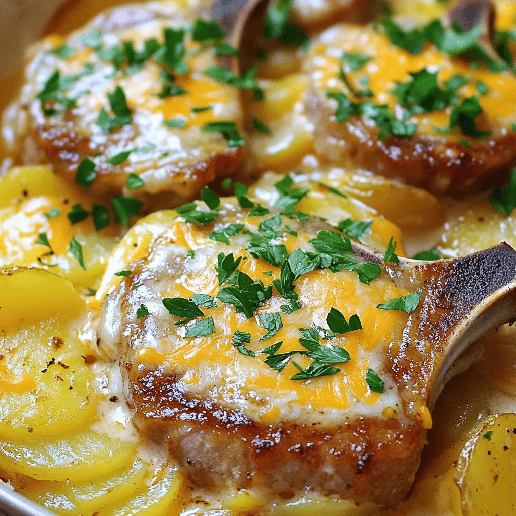 - 4 bone-in pork chops - 2 cups sliced yellow potatoes - 1 onion, thinly sliced