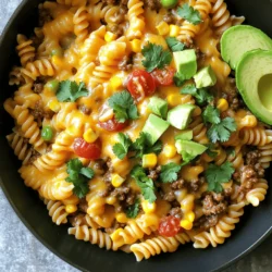 When making One-Pan Cheesy Taco Pasta, you need fresh and flavorful ingredients. Here is the list of what you will need: