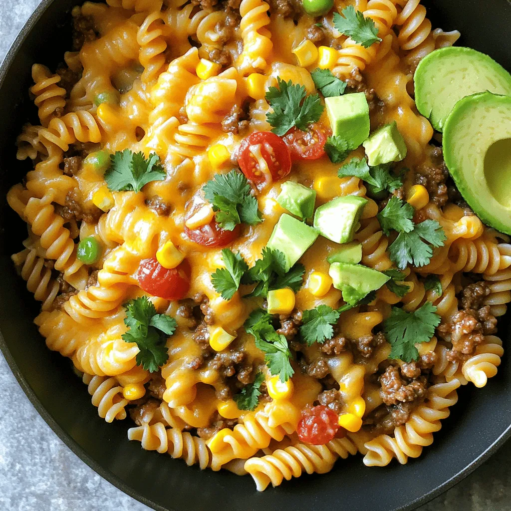 When making One-Pan Cheesy Taco Pasta, you need fresh and flavorful ingredients. Here is the list of what you will need: