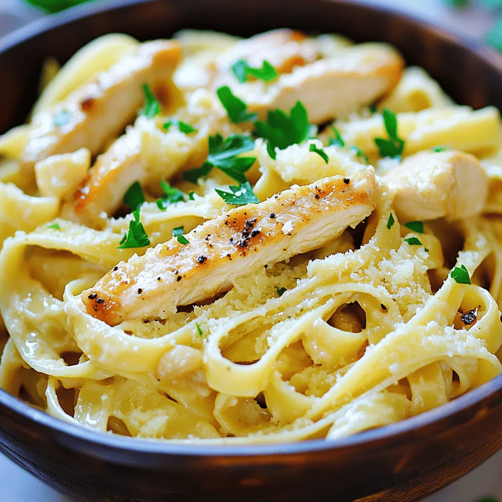 - <strong>Chicken and Pasta Components</strong> – 2 boneless, skinless chicken breasts – 8 ounces fettuccine pasta” /></p>
</p>
<h2>Variations</h2>
</p>
<h3>Protein Alternatives</h3>
</p>
<p>You can switch chicken for shrimp or mushrooms. Shrimp adds a sweet touch. Cook them just until they turn pink. Mushrooms give a hearty flavor. Use a mix of button and shiitake for depth. If you prefer vegetarian options, try tofu or chickpeas. Both soak up flavors well and add protein.</p>
</p>
<h3>Pasta Alternatives</h3>
</p>
<p>Not a fan of fettuccine? Use penne, rotini, or even spaghetti. Each shape holds the sauce differently, making every bite unique. For gluten-free needs, choose rice or chickpea pasta. These options taste great and keep the dish fun. Whole grain pasta is another choice. It adds fiber and a nutty flavor.</p>
</p>
<h3>Flavor Variations</h3>
</p>
<p>Want to spice things up? Add sun-dried tomatoes for tang and sweetness. Spinach brings color and nutrients. Toss fresh spinach in at the end to keep it bright. Experiment with cheese, too. Try mozzarella for a stretchy texture or goat cheese for creaminess. Each cheese brings its own taste, making the dish special.</p>
</p>
<h2>Storage Info</h2>
</p>
<h3>Storing Leftovers</h3>
<p>To keep your creamy garlic chicken and Parmesan pasta fresh, use airtight containers. Glass containers are great as they do not stain. You can also use heavy-duty plastic containers. Store the leftovers in the fridge right after they cool down. This helps keep them safe to eat.</p>
</p>
<h3>Reheating Instructions</h3>
<p>When reheating, use a skillet over low heat. This helps keep the chicken tender and pasta soft. Stir often to ensure even heating. You can also use a microwave. Cover the dish with a damp paper towel. This keeps the moisture in. Be careful not to overheat it, as this can make the meal dry.</p>
</p>
<h3>Freezing Options</h3>
<p>To freeze, let the dish cool completely. Then, place it in a freezer-safe container. Make sure to leave some space for expansion. You can freeze it for up to three months. When ready to eat, thaw it in the fridge overnight. Reheat gently in a skillet for the best texture. For more details, check the Full Recipe.</p>
</p>
<h2>FAQs</h2>
</p>
<h3>How can I make this dish healthier?</h3>
<p>You can swap the heavy cream for half-and-half or a plant-based cream. Use whole grain pasta for more fiber. Replace butter with olive oil for a healthier fat option. Cut down on cheese or use a lighter cheese to lower calories. Increase veggies like spinach or broccoli for added nutrition.</p>
</p>
<h3>Can I prepare this ahead of time?</h3>
<p>Yes! Cook the chicken and pasta in advance. Store them in separate airtight containers. Keep the sauce in the fridge. You can mix everything together when you are ready to eat. This dish stays fresh for about three days in the fridge.</p>
</p>
<h3>What can I serve with Creamy Garlic Chicken and Parmesan Pasta?</h3>
<p>Pair this meal with a fresh green salad. A simple Caesar or mixed greens work well. Roasted vegetables make a great side too. For drinks, a light white wine like Pinot Grigio complements the dish nicely. Enjoy your meal with a glass of wine to enhance the flavors!</p>
</p>
<p>This blog post covered how to make a tasty Creamy Garlic Chicken and Parmesan Pasta. We discussed the key ingredients, cooking steps, and tips for great flavor. I also shared variations and how to store leftovers. Remember, cooking can be fun and easy with the right plan. Try new flavors and enjoy your dish. Cooking is all about experimenting, so don’t be afraid to make it your own! Enjoy every bite.</p>
<div id=