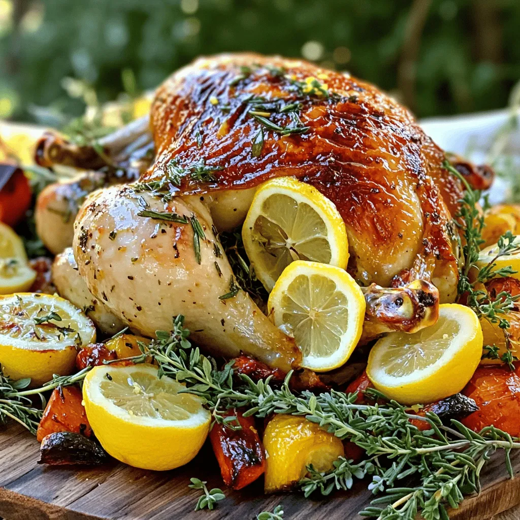 - 1 whole chicken (about 4-5 lbs) - 4 cloves garlic, minced - 2 lemons (1 zested and juiced, 1 sliced) - 1/4 cup olive oil - 2 tablespoons fresh rosemary, chopped (or 1 tablespoon dried) - 1 tablespoon fresh thyme leaves (or 1/2 tablespoon dried) - Salt and pepper to taste - 1 cup chicken broth (low sodium) - 1 tablespoon honey (optional, for glaze) You can swap some ingredients if needed. No fresh rosemary? Use dried rosemary instead. If you lack fresh thyme, dried thyme works well too. Want to reduce fat? Use less olive oil. For a stronger flavor, add more garlic. You can also use chicken thighs or breasts if you prefer. When buying a whole chicken, look for firm, pink skin with no blemishes. The meat should feel cold to the touch. For garlic, choose firm bulbs with tight skin. Fresh lemons should feel heavy and have a vibrant color. Their zest adds a bright flavor. Herbs should smell fragrant. If they look wilted, they are not fresh. 1. Preheat the Oven: Set your oven to 425°F (220°C). This high heat helps crisp the skin. 2. Prepare the Marinade: In a bowl, combine minced garlic, lemon zest, lemon juice, olive oil, rosemary, thyme, salt, and pepper. Mix until it looks smooth. 3. Marinate the Chicken: Take your whole chicken and place it in a large roasting pan. Rub the marinade all over the chicken. Make sure to get it under the skin and inside the cavity. This step gives the chicken a lot of flavor. 4. Add Lemon Slices: Stuff the chicken’s cavity with lemon slices and leftover herbs. For a sweet touch, drizzle honey inside if you want. 5. Add Broth: Pour chicken broth into the bottom of the pan. This keeps the chicken moist while it cooks. 6. Roast the Chicken: Put the chicken in the oven and roast for about 1 hour and 15 minutes. Check that the internal temperature is 165°F (75°C). Baste the chicken with pan juices every 20 to 30 minutes. This keeps the meat juicy and flavorful. 7. Let it Rest: After roasting, remove the chicken from the oven. Let it rest for 10 to 15 minutes before carving. This will help the juices stay inside the meat, making it juicy. 8. Serve: Carve the chicken and place it on a serving platter. Drizzle some pan juices on top for extra flavor. - Use Fresh Ingredients: Fresh garlic and herbs make a big difference in taste. - Baste Regularly: Basting keeps the chicken moist and adds flavor. - Check Temperature: Always use a meat thermometer to ensure it’s cooked properly. - Use a Roasting Rack: This helps the chicken cook evenly. For the complete recipe, refer to the [Full Recipe]. Enjoy this savory and juicy dish! To keep your chicken moist, I have a few tricks. First, use a good marinade. The lemon juice and olive oil in the marinade help tenderize the meat. Next, always baste your chicken. Basting adds moisture and flavor. I suggest basting every 20-30 minutes. Lastly, let the chicken rest after cooking. This step helps the juices stay in the meat. You can enhance the flavor of your chicken easily. Try adding herbs like sage or oregano for a twist. You can also use garlic powder for extra garlic taste. For a little heat, add red pepper flakes. If you want a sweet glaze, drizzle honey on top before cooking. These simple add-ins make your chicken even more tasty. To check if your chicken is done, use a meat thermometer. Insert it into the thickest part of the thigh. The internal temperature should reach 165°F (75°C). If you don’t have a thermometer, you can cut into the thigh. The juices should run clear, not pink. Remember, letting the chicken rest is key. This way, the juices stay inside for a juicy bite. {{image_2}} You can add fresh herbs for extra flavor. Try using sage or parsley. Mix them into your marinade. This adds depth and freshness to your dish. You can also sprinkle herbs on top before roasting. The herbs will crisp up and give a nice crunch. This version is great for special occasions. For a kick, add some red pepper flakes to your marinade. Just a teaspoon will do. This adds heat without overpowering the lemon and garlic. You can also add a bit of cayenne pepper for more spice. This version is perfect for those who love bold flavors. Serve it with cooling sides, like yogurt or cucumber salad. If you want a quicker option, use chicken thighs instead of a whole chicken. Thighs cook faster and stay juicy. Just follow the same marinade steps. Roast them in the oven for about 35-40 minutes. You’ll get crispy skin and tender meat. This recipe is great for busy weeknights. Feel free to check the [Full Recipe] for more details. After you enjoy your lemon garlic roasted chicken, let it cool first. Place it on a cutting board. Wait about 15 minutes. This helps keep the juices in the meat. Once it’s cool, carve the chicken into pieces. Store the pieces in an airtight container. Make sure to keep it in the fridge. It’s best to use the chicken within three days for the best taste. If you want to save some for later, freezing works great. First, let the chicken cool completely. Then, wrap each piece in plastic wrap. After that, place the wrapped pieces in a freezer-safe bag. Squeeze out as much air as you can. This helps prevent freezer burn. You can freeze the chicken for up to three months. When you’re ready to eat, just thaw it in the fridge overnight. To reheat your chicken, the oven is your best friend. Preheat it to 350°F (175°C). Place the chicken pieces in a baking dish. Add a splash of chicken broth or water to keep them moist. Cover the dish with foil to trap steam. Heat for about 20-25 minutes or until warm. If you want crispy skin, uncover the dish for the last 5 minutes. This way, the skin gets that nice crunch again. Enjoy your tasty leftovers! Roasting a chicken takes about 20 minutes per pound. If you have a 4-pound chicken, it will need around 1 hour and 20 minutes. Always check the thickest part of the meat, near the bone, for the right temperature. It should reach 165°F (75°C) for safe eating. Use a meat thermometer for the best results. Yes, you can make the marinade a day ahead. Just mix the garlic, lemon juice, zest, olive oil, and herbs. Store it in the fridge. This helps the flavors blend well. When you're ready to cook, just rub it on the chicken. The extra time helps the chicken taste even better. Lemon Garlic Roasted Chicken pairs well with many sides. Here are some great options: - Roasted potatoes - Steamed vegetables - Garden salad - Rice pilaf - Garlic bread You can also serve it with a light lemony sauce or gravy for extra flavor. Enjoy your meal with family or friends, and don’t forget to check the [Full Recipe] for detailed instructions! You learned how to make a tasty lemon garlic roasted chicken from scratch. We covered key ingredients, cooking steps, and tips for perfection. I shared easy substitutions and ways to keep your chicken moist. You also discovered food storage methods and helpful FAQs. Enjoy this dish with your favorite sides, and feel free to explore variations. Cooking can be fun and rewarding. Now, go ahead and make your own juicy lemon garlic roasted chicken!