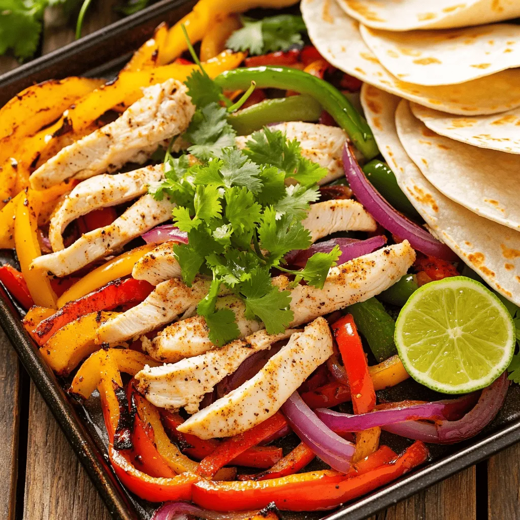 - Chicken and Vegetables - 1 pound chicken breast, thinly sliced - 1 red bell pepper, sliced - 1 yellow bell pepper, sliced - 1 green bell pepper, sliced - 1 medium red onion, sliced - Seasoning and Oils - 3 tablespoons olive oil - 2 tablespoons fajita seasoning (store-bought or homemade) - 1 lime, juiced - Salt and pepper to taste - Optional Toppings - Fresh cilantro, chopped (for garnish) - Tortillas for serving - Avocado slices and sour cream To make sheet pan fajitas, gather these fresh ingredients. You want bright, crisp veggies and juicy chicken. The colors of the peppers make the dish pretty and fun. The lime juice adds a zesty kick that really brightens the flavors. Feel free to swap in any other veggies you love, like zucchini or mushrooms. Just keep the chicken and oil for the best taste. This recipe is simple, yet it packs a punch with all those flavors. Check out the Full Recipe for step-by-step instructions! Prepping the Ingredients First, gather all your ingredients. You need one pound of chicken breast, sliced thin. Slice one red bell pepper, one yellow bell pepper, and one green bell pepper. Next, slice one medium red onion. These colorful veggies will add taste and look great. Mixing and Coating In a large bowl, combine the sliced chicken and veggies. Drizzle three tablespoons of olive oil over the mix. Add two tablespoons of fajita seasoning, the juice from one lime, and salt and pepper. Toss everything together until well-coated. Every piece should have flavor! Spreading on the Sheet Pan Take a large sheet pan and spread the mixture evenly. Make sure the chicken and veggies are in one layer. This helps them cook evenly and get nice and roasted. Preheating the Oven Before cooking, preheat your oven to 400°F (200°C). This high heat will help caramelize the chicken and veggies, giving them a great flavor. Roasting the Fajitas Place the sheet pan in the oven. Roast for 20 to 25 minutes. Stir halfway through to ensure everything cooks evenly. Your chicken should be cooked through, and the veggies should be tender and slightly charred. Finalizing Before Serving Once done, take the sheet pan out of the oven. Let it rest for a few minutes; this helps the juices settle. Serve your fajitas with warm tortillas and top with fresh cilantro, avocado slices, and sour cream if you like. Enjoy this bold and flavorful dinner! For the full recipe, check out the details above. Ensuring Chicken is Tender To keep your chicken tender, slice it thin. Thin slices cook faster and stay juicy. Marinate the chicken in lime juice for at least 30 minutes. This adds flavor and helps with tenderness. Vegetable Cooking Tips Cut your peppers and onion into similar sizes. This ensures they cook evenly. Use bell peppers of different colors for a vibrant look. Toss them in olive oil before cooking. This helps them caramelize and brings out their sweetness. Seasoning Adjustments Taste your seasoning mix before adding it. If you like more spice, add a pinch of cayenne. For a milder flavor, use less fajita seasoning. Always season with salt and pepper to enhance the taste. Pairings with Tortillas Warm your tortillas in a pan or microwave. This makes them soft and pliable. Serve your fajitas in tortillas for a fun meal. You can use corn, flour, or whole wheat tortillas based on your preference. Additional Garnishes Top your fajitas with fresh cilantro for a burst of flavor. Avocado slices add creaminess. A dollop of sour cream balances the spices perfectly. Feel free to add salsa or hot sauce for an extra kick. {{image_2}} You can easily swap the chicken for other proteins. Try beef, shrimp, or tofu. Each choice brings its own flavor. For beef, use flank steak or skirt steak. Slice it thin for quick cooking. For shrimp, use medium or large shrimp, peeled and deveined. If you prefer tofu, use firm tofu, cubed. Just remember to adjust the cooking time based on your choice. Feel free to add more veggies to your fajitas. Zucchini, mushrooms, or corn work great. Slice zucchini into thin rounds and add it to the pan. For mushrooms, use button or portobello, sliced. Corn adds a sweet crunch that pairs well with the spices. Just ensure all vegetables are cut evenly for even cooking. If you like heat, spice up your fajitas! Add sliced jalapeños or crushed red pepper. These will enhance the flavor and give it a kick. You can also use a spicy fajita seasoning blend. Just be careful with the amount; you can always add more later. For a meat-free version, focus on hearty vegetables. Use bell peppers, onions, and black beans. You can also add chickpeas for extra protein. Marinate the vegetables in lime juice and spices before cooking. This will give them a bold flavor that stands out. When you have extra sheet pan fajitas, you can store them easily. First, let them cool down. Then, place them in an airtight container. They stay fresh in the fridge for about three days. If you want to keep them longer, freezing is a great option. - Refrigeration Tips: Use a container that seals well. This prevents moisture loss and keeps your fajitas tasty. Label the container with the date. This way, you know how long they have been stored. - Freezing Fajitas: For freezing, I suggest you separate the chicken and veggies. This helps them heat evenly later. Place them in a freezer bag. Squeeze out the air and seal it tight. Fajitas can last up to three months in the freezer. Reheating your fajitas is simple. You want them to taste just as good as when they were fresh. - Best Methods for Reheating: The oven is a great choice. Preheat it to 350°F (175°C). Spread your fajitas on a baking sheet and heat them for about 10-15 minutes. This keeps the chicken juicy and the veggies crisp. You can also use a microwave. Place the fajitas on a microwave-safe plate. Heat for about one to two minutes. For best results, cover them with a damp paper towel. This helps keep the moisture in. If you follow these tips, your stored fajitas will taste great when you reheat them! To make fajitas from scratch, you need fresh ingredients. Start with chicken or beef. Slice it thin. Use bell peppers and onions for flavor. Toss them with olive oil and your favorite spices. Spread them on a sheet pan and roast in the oven. For the full process, check the Full Recipe. You can serve many tasty sides with sheet pan fajitas. Here are some ideas: - Warm tortillas - Guacamole - Salsa - Rice or beans - Grated cheese These add flavor and texture to your meal. Sheet pan fajitas last about 3 to 4 days in the fridge. Store them in an airtight container. Make sure they cool down before sealing. This keeps them fresh for your next meal! The best way to reheat fajitas is in the oven. Preheat your oven to 350°F (175°C). Place the fajitas in an oven-safe dish. Cover with foil to keep them moist. Heat for about 10 to 15 minutes until warm. You can also use a skillet on medium heat for a quick reheat. Yes, you can use other seasonings for fajitas. Try taco seasoning for a different taste. You can also mix in cumin, paprika, and garlic powder. Experiment with herbs like oregano for more flavor. Be creative, and find what you enjoy best! In this blog post, we explored how to make delicious sheet pan fajitas. We covered the best ingredients, step-by-step cooking instructions, and helpful tips. You learned how to ensure chicken stays tender and how to mix flavors. We also discussed variations and storage methods. Now, you have all the tools to create tasty fajitas. Enjoy crafting your own meals, and don't hesitate to try new things! Happy cooking!