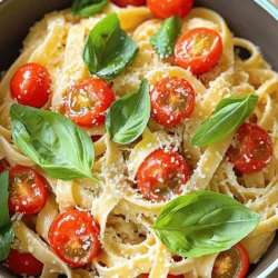 - 12 oz fettuccine pasta - 2 cups cherry tomatoes, halved - 1 tablespoon olive oil - 3 cloves garlic, minced - 1 cup heavy cream - 1 cup fresh basil leaves, chopped - 1 teaspoon dried oregano - Salt and pepper to taste - ½ cup grated Parmesan cheese (plus extra for serving) - Red pepper flakes (optional, for spice) When I make Creamy Tomato Basil Pasta, I focus on fresh, simple ingredients. The fettuccine pasta is the base of this dish. It cooks quickly and holds the creamy sauce well. I love using cherry tomatoes for their sweet burst of flavor. Their bright color looks great on the plate too. I always add minced garlic for depth. It gives a lovely aroma and taste. Heavy cream makes the sauce rich and smooth. Fresh basil adds a wonderful pop of green and a hint of sweetness. In terms of seasoning, I use dried oregano for a warm, earthy flavor. Salt and pepper bring out all the tastes nicely. Parmesan cheese adds a touch of saltiness and creaminess. If you want some heat, a pinch of red pepper flakes does the trick. This recipe is not just easy; it’s also flexible. Feel free to play with the ingredients. You can swap in your favorite pasta or add extra veggies. For the full recipe, check out the instructions! First, grab a large pot and fill it with water. Add salt to the water. Bring it to a boil. Once boiling, add 12 ounces of fettuccine pasta. Cook it according to the package instructions until it is al dente. This usually takes about 8 to 10 minutes. Before draining, reserve half a cup of pasta water. Drain the pasta in a colander and set it aside. Next, take a large skillet and heat 1 tablespoon of olive oil over medium heat. Once hot, add 3 minced garlic cloves. Cook it for about 1 minute. Stir often to avoid burning the garlic. After that, toss in 2 cups of halved cherry tomatoes. Season with 1 teaspoon of dried oregano, salt, and pepper to taste. Cook this mixture for 5 to 7 minutes. You want the tomatoes to soften and start to burst. Now, lower your heat and stir in 1 cup of heavy cream. Let it simmer gently for about 3 to 4 minutes. Mix in ½ cup of grated Parmesan cheese. Keep stirring until the cheese melts, and the sauce becomes smooth. If the sauce seems too thick, add some of the reserved pasta water slowly until you achieve your desired consistency. Finally, add the cooked fettuccine to the skillet. Gently toss the pasta in the creamy sauce to coat it well. Stir in 1 cup of chopped fresh basil. Adjust the seasoning with more salt, pepper, or even red pepper flakes if you like some heat. Serve this delicious dish in a wide bowl. Top it with extra Parmesan and fresh basil leaves for a lovely finish. For the full recipe, check out the link. To get the best texture, cook your pasta until it is al dente. This means it should have a slight bite when you chew it. Follow the package directions, but keep an eye on the timer. It usually takes about 8 to 10 minutes for fettuccine. Reserving pasta water is key. Before you drain your pasta, save about half a cup of the starchy water. This water helps make your sauce creamy and ties everything together. Garlic adds a lot of flavor, so use fresh cloves. I like to use three cloves, but you can add more if you love garlic. As for herbs, fresh basil is best. It gives a bright taste. You can also add a teaspoon of dried oregano for more depth. Using fresh ingredients makes a big difference. Choose ripe cherry tomatoes for the best flavor. They should be sweet and juicy. Fresh basil brings a lovely aroma and vibrant color to your dish. For a beautiful serve, use wide bowls. This allows the sauce to shine. Drizzle a little olive oil on top and sprinkle with freshly cracked black pepper. Garnish with extra Parmesan cheese and fresh basil leaves. This makes the dish look appetizing and inviting. Serve your creamy tomato basil pasta warm and enjoy it right away. You can pair it with a side salad or garlic bread for a complete meal. {{image_2}} You can switch up the pasta you use. Try penne or spaghetti. Both work well with the sauce. If you need a dairy-free option, use coconut cream. It gives a nice flavor and a creamy texture. You can also use cashew cream for a nutty twist. This way, you still enjoy a rich taste. Adding proteins can boost the meal. Chicken or shrimp adds heartiness. Cook them separately, then mix them into the pasta. You can also add vegetables for extra crunch. Spinach or bell peppers are great choices. Just sauté them with the garlic or toss them in with the tomatoes. Different regions add their flair to tomato sauces. In Italy, you might find basil and garlic as staples. In the South, you can add a bit of heat with cayenne pepper. If you want a touch of Asian flavor, try adding soy sauce or ginger. Each twist gives a new life to the creamy tomato basil pasta. To keep your creamy tomato basil pasta fresh, store it right. First, let it cool to room temperature. Then, place it in an airtight container. This helps keep moisture in and odors out. Use a glass or plastic container with a tight lid. Make sure to eat it within three days for the best taste. When reheating, avoid the microwave if you can. Instead, use a skillet. Heat it on low and add a splash of water or broth. This keeps the sauce creamy. Stir often to prevent sticking. If you must use the microwave, heat it in short bursts. Stir in between to help it heat evenly. Watch out for a watery sauce. If it gets too thin, stir in some extra cheese or cream to restore the texture. To make this dish vegan, swap heavy cream with coconut cream or cashew cream. For cheese, use nutritional yeast or vegan cheese. These swaps keep the creamy texture while making it plant-based. You still get the rich flavor without any dairy. Yes, you can freeze this pasta. To do this, let it cool completely. Store it in an airtight container. When you’re ready to eat, thaw it in the fridge overnight. Reheat gently on the stove. You may need to add a touch of water to thin the sauce. This pasta pairs well with garlic bread or a fresh side salad. A simple arugula salad with lemon dressing adds a nice crunch. You can also serve it with roasted vegetables for extra flavor. These sides complement the creamy sauce nicely. To adjust spice, simply add or reduce red pepper flakes. If you want more heat, sprinkle in extra flakes while cooking. If it’s too spicy, add a bit more cream or cheese to mellow it out. You can always taste and adjust as you go! Creamy Tomato Basil Pasta is simple to make with tasty ingredients. We covered essential ingredients, step-by-step cooking, and helpful tips. You can adapt the recipe with variations and store leftovers easily. This dish is great for any meal. With some practice, you can perfect it. Enjoy your flavorful pasta, and don’t forget to share it with others. Cooking can be fun and rewarding!