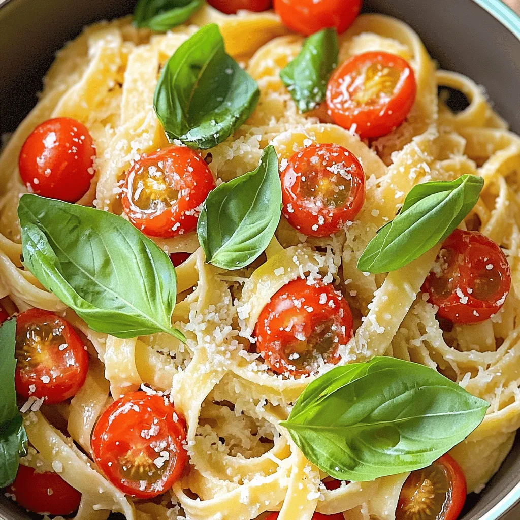 - 12 oz fettuccine pasta - 2 cups cherry tomatoes, halved - 1 tablespoon olive oil - 3 cloves garlic, minced - 1 cup heavy cream - 1 cup fresh basil leaves, chopped - 1 teaspoon dried oregano - Salt and pepper to taste - ½ cup grated Parmesan cheese (plus extra for serving) - Red pepper flakes (optional, for spice) When I make Creamy Tomato Basil Pasta, I focus on fresh, simple ingredients. The fettuccine pasta is the base of this dish. It cooks quickly and holds the creamy sauce well. I love using cherry tomatoes for their sweet burst of flavor. Their bright color looks great on the plate too. I always add minced garlic for depth. It gives a lovely aroma and taste. Heavy cream makes the sauce rich and smooth. Fresh basil adds a wonderful pop of green and a hint of sweetness. In terms of seasoning, I use dried oregano for a warm, earthy flavor. Salt and pepper bring out all the tastes nicely. Parmesan cheese adds a touch of saltiness and creaminess. If you want some heat, a pinch of red pepper flakes does the trick. This recipe is not just easy; it’s also flexible. Feel free to play with the ingredients. You can swap in your favorite pasta or add extra veggies. For the full recipe, check out the instructions! First, grab a large pot and fill it with water. Add salt to the water. Bring it to a boil. Once boiling, add 12 ounces of fettuccine pasta. Cook it according to the package instructions until it is al dente. This usually takes about 8 to 10 minutes. Before draining, reserve half a cup of pasta water. Drain the pasta in a colander and set it aside. Next, take a large skillet and heat 1 tablespoon of olive oil over medium heat. Once hot, add 3 minced garlic cloves. Cook it for about 1 minute. Stir often to avoid burning the garlic. After that, toss in 2 cups of halved cherry tomatoes. Season with 1 teaspoon of dried oregano, salt, and pepper to taste. Cook this mixture for 5 to 7 minutes. You want the tomatoes to soften and start to burst. Now, lower your heat and stir in 1 cup of heavy cream. Let it simmer gently for about 3 to 4 minutes. Mix in ½ cup of grated Parmesan cheese. Keep stirring until the cheese melts, and the sauce becomes smooth. If the sauce seems too thick, add some of the reserved pasta water slowly until you achieve your desired consistency. Finally, add the cooked fettuccine to the skillet. Gently toss the pasta in the creamy sauce to coat it well. Stir in 1 cup of chopped fresh basil. Adjust the seasoning with more salt, pepper, or even red pepper flakes if you like some heat. Serve this delicious dish in a wide bowl. Top it with extra Parmesan and fresh basil leaves for a lovely finish. For the full recipe, check out the link. To get the best texture, cook your pasta until it is al dente. This means it should have a slight bite when you chew it. Follow the package directions, but keep an eye on the timer. It usually takes about 8 to 10 minutes for fettuccine. Reserving pasta water is key. Before you drain your pasta, save about half a cup of the starchy water. This water helps make your sauce creamy and ties everything together. Garlic adds a lot of flavor, so use fresh cloves. I like to use three cloves, but you can add more if you love garlic. As for herbs, fresh basil is best. It gives a bright taste. You can also add a teaspoon of dried oregano for more depth. Using fresh ingredients makes a big difference. Choose ripe cherry tomatoes for the best flavor. They should be sweet and juicy. Fresh basil brings a lovely aroma and vibrant color to your dish. For a beautiful serve, use wide bowls. This allows the sauce to shine. Drizzle a little olive oil on top and sprinkle with freshly cracked black pepper. Garnish with extra Parmesan cheese and fresh basil leaves. This makes the dish look appetizing and inviting. Serve your creamy tomato basil pasta warm and enjoy it right away. You can pair it with a side salad or garlic bread for a complete meal. {{image_2}} You can switch up the pasta you use. Try penne or spaghetti. Both work well with the sauce. If you need a dairy-free option, use coconut cream. It gives a nice flavor and a creamy texture. You can also use cashew cream for a nutty twist. This way, you still enjoy a rich taste. Adding proteins can boost the meal. Chicken or shrimp adds heartiness. Cook them separately, then mix them into the pasta. You can also add vegetables for extra crunch. Spinach or bell peppers are great choices. Just sauté them with the garlic or toss them in with the tomatoes. Different regions add their flair to tomato sauces. In Italy, you might find basil and garlic as staples. In the South, you can add a bit of heat with cayenne pepper. If you want a touch of Asian flavor, try adding soy sauce or ginger. Each twist gives a new life to the creamy tomato basil pasta. To keep your creamy tomato basil pasta fresh, store it right. First, let it cool to room temperature. Then, place it in an airtight container. This helps keep moisture in and odors out. Use a glass or plastic container with a tight lid. Make sure to eat it within three days for the best taste. When reheating, avoid the microwave if you can. Instead, use a skillet. Heat it on low and add a splash of water or broth. This keeps the sauce creamy. Stir often to prevent sticking. If you must use the microwave, heat it in short bursts. Stir in between to help it heat evenly. Watch out for a watery sauce. If it gets too thin, stir in some extra cheese or cream to restore the texture. To make this dish vegan, swap heavy cream with coconut cream or cashew cream. For cheese, use nutritional yeast or vegan cheese. These swaps keep the creamy texture while making it plant-based. You still get the rich flavor without any dairy. Yes, you can freeze this pasta. To do this, let it cool completely. Store it in an airtight container. When you’re ready to eat, thaw it in the fridge overnight. Reheat gently on the stove. You may need to add a touch of water to thin the sauce. This pasta pairs well with garlic bread or a fresh side salad. A simple arugula salad with lemon dressing adds a nice crunch. You can also serve it with roasted vegetables for extra flavor. These sides complement the creamy sauce nicely. To adjust spice, simply add or reduce red pepper flakes. If you want more heat, sprinkle in extra flakes while cooking. If it’s too spicy, add a bit more cream or cheese to mellow it out. You can always taste and adjust as you go! Creamy Tomato Basil Pasta is simple to make with tasty ingredients. We covered essential ingredients, step-by-step cooking, and helpful tips. You can adapt the recipe with variations and store leftovers easily. This dish is great for any meal. With some practice, you can perfect it. Enjoy your flavorful pasta, and don’t forget to share it with others. Cooking can be fun and rewarding!