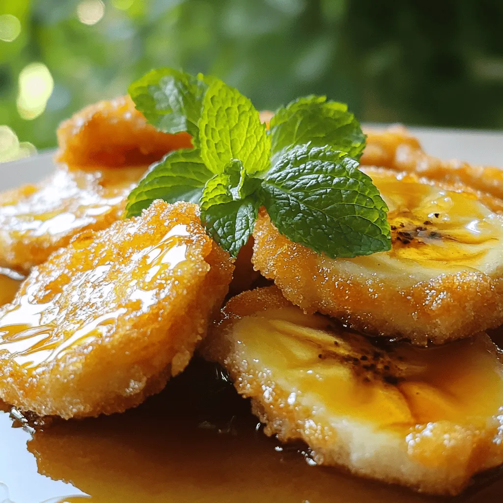 To make fried banana with brown sugar, you need simple and fresh ingredients. Here’s what you will need: - 4 ripe bananas, peeled and sliced diagonally - 1 cup all-purpose flour - 1/2 cup cornstarch - 1 teaspoon baking powder - 1/2 teaspoon salt - 1/2 cup cold water (adjust for batter consistency) - 1 cup brown sugar, packed - 1 teaspoon cinnamon (optional) - Oil for frying - Fresh mint leaves for garnish These ingredients come together to create a sweet treat that's easy to make. Each item adds flavor and texture to the dish. The ripe bananas provide natural sweetness. The flour and cornstarch create a light batter that crisps up nicely. The brown sugar becomes a warm syrup, making each bite a delightful experience. For the perfect finish, the mint leaves add a pop of color. You can adjust the cinnamon for extra warmth. It’s a simple list, but it packs a big flavor punch. For the full recipe, check the details in the article. Mixing the batter First, grab a large mixing bowl. Add 1 cup of all-purpose flour, 1/2 cup of cornstarch, 1 teaspoon of baking powder, and 1/2 teaspoon of salt. Mix these dry ingredients well. Next, slowly pour in 1/2 cup of cold water. Whisk until the batter is smooth. You want it to be thick enough to coat the bananas but not too thick. Adjust the consistency by adding more water or flour if needed. Preparing the frying oil Now it's time to heat the oil. Use a deep pan or frying skillet for this. Pour enough oil to cover the bottom by about an inch. Heat the oil over medium heat. To check if it's ready, drop a small amount of batter into the oil. If it sizzles, you’re good to go! Frying the banana slices Take your ripe bananas and slice them diagonally. Dip each slice into the batter, making sure it’s well-coated. Gently place the slices into the hot oil. Fry them for about 2-3 minutes on each side. You want them to be golden brown and crispy. Once done, move the fried bananas to a plate lined with paper towels. This helps absorb extra oil. Melting the sugar and optional cinnamon In a small skillet, add 1 cup of packed brown sugar. If you like, sprinkle in 1 teaspoon of cinnamon for extra flavor. Heat it over medium heat. Stir continuously. Watch as the sugar melts into a thick syrup. This should take about 2-3 minutes. Once melted, remove it from heat. Presentation tips for enhancing the dish Now, let’s plate the fried bananas. Arrange them nicely on a serving plate. Drizzle the warm brown sugar syrup over the bananas. Let them soak for a minute to absorb the sweetness. For an added touch, garnish with fresh mint leaves. This not only looks great but adds a nice pop of color. Enjoy your sweet treat! For fried bananas, the batter must be smooth and light. Start with all-purpose flour and cornstarch. Mix them well and add water slowly. Whisk until it is smooth. If it is too thick, add more water. If it is too thin, sprinkle in a little more flour. The right batter should coat the bananas well but not be heavy. Oil is key for frying. Use enough oil to cover the bananas. Heat the oil to medium. You can test it by dropping a bit of batter in. If it sizzles, it’s ready. Fry the banana slices for about 2-3 minutes on each side. They should be golden brown and crispy. Avoid overcrowding the pan, as this can lower the oil temperature. Fried bananas taste great on their own, but you can enhance them. Serve with a scoop of vanilla ice cream for a rich treat. Add a sprinkle of nuts for crunch. A drizzle of warm brown sugar syrup makes them sweet and sticky. Fresh mint leaves add a bright touch to the plate. Enjoy these simple ideas to make your dish special. For more details on how to make this dessert, check the Full Recipe. {{image_2}} If you want to switch things up, try different fruits. Plantains are a great choice. They give you a nice, starchy taste. Apples or pears can also work well. Just slice them thinly. For the batter, you can use rice flour for a gluten-free option. This change keeps the dish light and crispy. Adding spices can take your dish to the next level. Consider a pinch of nutmeg or cardamom for warmth. You can also sprinkle some sea salt for a sweet-salty mix. Want a nutty flavor? Add chopped nuts on top after drizzling with brown sugar. Chocolate sauce or caramel can also be tasty toppings. Fried bananas have many regional styles. In Indonesia, they serve them with grated coconut. In the Philippines, they add a caramelized coating. In some parts of Latin America, they enjoy them with cheese. Each culture adds its unique spin, making this dish a fun way to explore global flavors. To keep your fried bananas fresh, store them in an airtight container. Place a paper towel at the bottom to absorb moisture. This helps prevent sogginess. You can keep them at room temperature for a few hours. For longer storage, put the container in the fridge. They stay good for about two days, but they taste best fresh. To restore crispiness, reheat fried bananas in a toaster oven. Set it to 350°F (175°C). Place the bananas on a baking sheet for 5-7 minutes. This method keeps them crunchy. If you use a microwave, they may turn soft. So, avoid that if possible. You can freeze fried bananas, but it’s best to do this right after cooking. Let them cool completely. Then, place them in a single layer on a baking sheet. Freeze them for about an hour. After freezing, transfer them to a freezer bag. Remove as much air as you can. They can last for up to a month. When ready to eat, thaw them overnight in the fridge and reheat in the toaster oven. Enjoy the sweetness all over again from the [Full Recipe]! How to make Fried Banana with Brown Sugar crispy? To get crispy fried bananas, focus on the batter. Make it light and smooth. Use cold water to keep the batter airy. Fry the bananas in hot oil, about 350°F (175°C). Avoid crowding the pan, so they fry evenly. Flip them gently to avoid breaking. Can I use other types of bananas? Yes, you can use different bananas! While ripe bananas give the best flavor, try plantains for a twist. Plantains are starchier and less sweet. They also turn golden and crispy when fried. Just remember, ripe bananas will add more sweetness. What to serve with Fried Banana with Brown Sugar? Serve fried bananas warm with a scoop of vanilla ice cream. The cold ice cream pairs well with the warm, sweet bananas. You can also add a sprinkle of chopped nuts for crunch. Fresh fruit or yogurt can balance the sweetness too. Fried banana with brown sugar is a fun treat. Each serving has about 250 calories. They contain healthy vitamins and minerals from bananas. Bananas are rich in potassium, which helps your heart. They also give you energy fast. Enjoy this treat in moderation to keep it healthy! If you have allergies, try these swaps. For gluten-free, use gluten-free flour instead of all-purpose flour. You can mix rice flour with cornstarch for a good result. For a vegan option, use a plant-based milk instead of water for the batter. This keeps the recipe tasty and safe for everyone. This article covered how to make delicious fried bananas with brown sugar. We discussed the key ingredients, the cooking steps, and tips to ensure a perfect outcome. You learned about variations and storage options too. Fried bananas are tasty snacks that you can enjoy in many ways. Experiment with different flavors and toppings. Using this guide, you can create your own version and impress your friends and family. Enjoy your cooking journey and the sweet results!