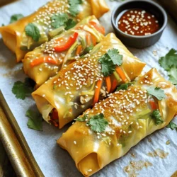 To make delicious baked veggie spring rolls, you need fresh and vibrant ingredients. Here’s what you’ll need: - 1 cup shredded cabbage - 1 cup grated carrots - 1 red bell pepper, finely chopped - 1 cup mushrooms, finely chopped - 2 green onions, finely sliced - 3 cloves garlic, minced - 1 tablespoon ginger, grated - 1 tablespoon soy sauce (low sodium) - 1 teaspoon sesame oil - 1 package of spring roll wrappers (12-14 pieces) - Cooking spray or olive oil for brushing - Salt and pepper to taste Using fresh ingredients is key to great flavor. Fresh veggies bring crunch and taste. They make your spring rolls pop with color too. You do not need many tools for this recipe, but a few key items help. Here are the essentials: - Large skillet for sautéing - Baking sheet lined with parchment paper - Sharp knife for chopping - Cutting board for prep - A clean, flat surface for rolling Optional tools can enhance your experience. A vegetable peeler can help with the carrots. A pastry brush makes applying oil easier. A food processor can speed up chopping if you have it. First, I heat a small amount of oil in a skillet. I add minced garlic and grated ginger. Cooking these for about a minute gives a great flavor. The smell fills the kitchen and sparks excitement. Next, I toss in the shredded cabbage, grated carrots, finely chopped bell pepper, and mushrooms. I stir-fry for about 4-5 minutes. This keeps the veggies slightly tender yet crunchy. Once they look vibrant and colorful, I pour in soy sauce and sesame oil. I season with salt and pepper to taste, then take the skillet off the heat. Let the mixture cool for a few minutes. Now comes the fun part: assembling! I take one spring roll wrapper and lay it on a clean surface. With a spoon, I scoop about 2 tablespoons of the veggie mixture and place it near one corner of the wrapper. I fold that corner over the filling, rolling tightly. I then fold in the sides before continuing to roll until it is sealed. I repeat this for all the wrappers. For sealing, I can use a bit of water along the edges. This helps prevent any leaks while baking. I place the rolled spring rolls on a baking sheet lined with parchment paper. To achieve a crispy texture, I lightly spray or brush them with cooking oil. I preheat the oven to 400°F (200°C) and bake the rolls for 20-25 minutes. Halfway through, I turn them to ensure even browning. They are done when golden brown and crispy. I take them out and let them cool slightly before serving. These spring rolls make a fantastic snack or appetizer. Enjoy them with a tasty dipping sauce! For the full recipe, check out the detailed instructions above. To get that crispy outer layer, follow these steps: - Preheat your oven to 400°F (200°C). - Use a light touch when applying cooking spray. - If you prefer oil, brush it on gently. Both methods work well, but cooking spray can give an even coat. What if my spring rolls are soggy? - Make sure to bake them until golden brown. - Allow space between each roll on the baking sheet. How can I stop the filling from spilling? - Don’t overfill the wrappers. - Seal the edges tightly when rolling. By following these tips, you can enjoy crispy, delicious baked veggie spring rolls every time. For the complete recipe, check out the Full Recipe section. {{image_2}} You can switch up the veggies in baked veggie spring rolls. Use seasonal produce for the best taste. Try these ideas: - Zucchini: Grate it for a nice texture. - Spinach: Adds color and nutrients. - Sweet potatoes: Cook and mash them for sweetness. If you want to add protein, consider these options: - Tofu: Press and cube it, then sauté it before adding. - Shrimp: Cook and chop it into small pieces. - Lentils: Cooked lentils can add a hearty touch. Customizing flavors makes each batch unique. Here are a few spices and herbs you might try: - Cumin: Adds warmth and earthiness. - Coriander: Brightens up the mix. - Chili flakes: For a spicy kick. Dipping sauces also enhance your spring rolls. Here are some favorites: - Sweet chili sauce: A classic choice. - Peanut sauce: Creamy and rich. - Soy sauce: Simple and savory. Feel free to explore different flavors and find what you love! For the full recipe, check out the section above. To keep your baked veggie spring rolls fresh, follow these steps: - Refrigeration: Place the cooled spring rolls in an airtight container. They will stay fresh for 3 to 5 days in the fridge. Make sure to separate layers with parchment paper to prevent sticking. - Freezing Uncooked Spring Rolls: If you want to save some for later, freeze them before baking. Lay the rolled spring rolls on a baking sheet in a single layer. Once frozen solid, transfer them to a freezer bag. They will last for up to 2 months. - Freezing Cooked Spring Rolls: To freeze cooked spring rolls, let them cool completely. Then, wrap them tightly in plastic wrap and place them in a freezer bag. They will keep well for up to 2 months. To enjoy your spring rolls again, here’s how to reheat them: - Oven Method: Preheat your oven to 375°F (190°C). Place the spring rolls on a baking sheet and heat for about 10-15 minutes. This method keeps them crispy and tasty. - Microwave Method: If you’re in a hurry, use the microwave. Place the spring rolls on a microwave-safe plate. Cover them with a damp paper towel to prevent dryness. Heat for about 1-2 minutes. However, this method may make them less crispy. By following these storage and reheating tips, you can enjoy your baked veggie spring rolls even after the first serving! Yes, you can make these rolls gluten-free. Here are some easy options: - Alternatives for spring roll wrappers: Use rice paper or gluten-free wraps. Both work well and keep the rolls light. - Gluten-free seasoning options: Choose tamari instead of soy sauce. It adds the same flavor without gluten. You can tell when your rolls are ready by looking and feeling: - Visual cues: They should be golden brown and slightly puffed up. - Texture cues: The outside should feel crispy. If they feel soft, give them more time in the oven. Yes, you can! Here are some tips: - Tips on preparing and storing the filling ahead of time: Make the filling a day before. Store it in an airtight container in the fridge. This saves time and lets the flavors blend well. In this guide, we explored the key elements of making baked veggie spring rolls. We covered essential ingredients and tools, offered step-by-step instructions for preparation, and shared tips to achieve the perfect texture. Don't forget to experiment with different veggie combinations and seasonings to make these rolls your own. Remember, storage and reheating techniques are vital for keeping them fresh. With practice, you’ll master these delicious snacks. Now, grab your ingredients and tools, and enjoy the joy of cooking!