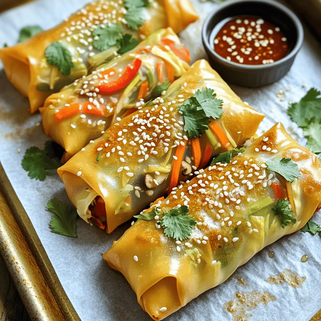 To make delicious baked veggie spring rolls, you need fresh and vibrant ingredients. Here’s what you’ll need: - 1 cup shredded cabbage - 1 cup grated carrots - 1 red bell pepper, finely chopped - 1 cup mushrooms, finely chopped - 2 green onions, finely sliced - 3 cloves garlic, minced - 1 tablespoon ginger, grated - 1 tablespoon soy sauce (low sodium) - 1 teaspoon sesame oil - 1 package of spring roll wrappers (12-14 pieces) - Cooking spray or olive oil for brushing - Salt and pepper to taste Using fresh ingredients is key to great flavor. Fresh veggies bring crunch and taste. They make your spring rolls pop with color too. You do not need many tools for this recipe, but a few key items help. Here are the essentials: - Large skillet for sautéing - Baking sheet lined with parchment paper - Sharp knife for chopping - Cutting board for prep - A clean, flat surface for rolling Optional tools can enhance your experience. A vegetable peeler can help with the carrots. A pastry brush makes applying oil easier. A food processor can speed up chopping if you have it. First, I heat a small amount of oil in a skillet. I add minced garlic and grated ginger. Cooking these for about a minute gives a great flavor. The smell fills the kitchen and sparks excitement. Next, I toss in the shredded cabbage, grated carrots, finely chopped bell pepper, and mushrooms. I stir-fry for about 4-5 minutes. This keeps the veggies slightly tender yet crunchy. Once they look vibrant and colorful, I pour in soy sauce and sesame oil. I season with salt and pepper to taste, then take the skillet off the heat. Let the mixture cool for a few minutes. Now comes the fun part: assembling! I take one spring roll wrapper and lay it on a clean surface. With a spoon, I scoop about 2 tablespoons of the veggie mixture and place it near one corner of the wrapper. I fold that corner over the filling, rolling tightly. I then fold in the sides before continuing to roll until it is sealed. I repeat this for all the wrappers. For sealing, I can use a bit of water along the edges. This helps prevent any leaks while baking. I place the rolled spring rolls on a baking sheet lined with parchment paper. To achieve a crispy texture, I lightly spray or brush them with cooking oil. I preheat the oven to 400°F (200°C) and bake the rolls for 20-25 minutes. Halfway through, I turn them to ensure even browning. They are done when golden brown and crispy. I take them out and let them cool slightly before serving. These spring rolls make a fantastic snack or appetizer. Enjoy them with a tasty dipping sauce! For the full recipe, check out the detailed instructions above. To get that crispy outer layer, follow these steps: - Preheat your oven to 400°F (200°C). - Use a light touch when applying cooking spray. - If you prefer oil, brush it on gently. Both methods work well, but cooking spray can give an even coat. What if my spring rolls are soggy? - Make sure to bake them until golden brown. - Allow space between each roll on the baking sheet. How can I stop the filling from spilling? - Don’t overfill the wrappers. - Seal the edges tightly when rolling. By following these tips, you can enjoy crispy, delicious baked veggie spring rolls every time. For the complete recipe, check out the Full Recipe section. {{image_2}} You can switch up the veggies in baked veggie spring rolls. Use seasonal produce for the best taste. Try these ideas: - Zucchini: Grate it for a nice texture. - Spinach: Adds color and nutrients. - Sweet potatoes: Cook and mash them for sweetness. If you want to add protein, consider these options: - Tofu: Press and cube it, then sauté it before adding. - Shrimp: Cook and chop it into small pieces. - Lentils: Cooked lentils can add a hearty touch. Customizing flavors makes each batch unique. Here are a few spices and herbs you might try: - Cumin: Adds warmth and earthiness. - Coriander: Brightens up the mix. - Chili flakes: For a spicy kick. Dipping sauces also enhance your spring rolls. Here are some favorites: - Sweet chili sauce: A classic choice. - Peanut sauce: Creamy and rich. - Soy sauce: Simple and savory. Feel free to explore different flavors and find what you love! For the full recipe, check out the section above. To keep your baked veggie spring rolls fresh, follow these steps: - Refrigeration: Place the cooled spring rolls in an airtight container. They will stay fresh for 3 to 5 days in the fridge. Make sure to separate layers with parchment paper to prevent sticking. - Freezing Uncooked Spring Rolls: If you want to save some for later, freeze them before baking. Lay the rolled spring rolls on a baking sheet in a single layer. Once frozen solid, transfer them to a freezer bag. They will last for up to 2 months. - Freezing Cooked Spring Rolls: To freeze cooked spring rolls, let them cool completely. Then, wrap them tightly in plastic wrap and place them in a freezer bag. They will keep well for up to 2 months. To enjoy your spring rolls again, here’s how to reheat them: - Oven Method: Preheat your oven to 375°F (190°C). Place the spring rolls on a baking sheet and heat for about 10-15 minutes. This method keeps them crispy and tasty. - Microwave Method: If you’re in a hurry, use the microwave. Place the spring rolls on a microwave-safe plate. Cover them with a damp paper towel to prevent dryness. Heat for about 1-2 minutes. However, this method may make them less crispy. By following these storage and reheating tips, you can enjoy your baked veggie spring rolls even after the first serving! Yes, you can make these rolls gluten-free. Here are some easy options: - Alternatives for spring roll wrappers: Use rice paper or gluten-free wraps. Both work well and keep the rolls light. - Gluten-free seasoning options: Choose tamari instead of soy sauce. It adds the same flavor without gluten. You can tell when your rolls are ready by looking and feeling: - Visual cues: They should be golden brown and slightly puffed up. - Texture cues: The outside should feel crispy. If they feel soft, give them more time in the oven. Yes, you can! Here are some tips: - Tips on preparing and storing the filling ahead of time: Make the filling a day before. Store it in an airtight container in the fridge. This saves time and lets the flavors blend well. In this guide, we explored the key elements of making baked veggie spring rolls. We covered essential ingredients and tools, offered step-by-step instructions for preparation, and shared tips to achieve the perfect texture. Don't forget to experiment with different veggie combinations and seasonings to make these rolls your own. Remember, storage and reheating techniques are vital for keeping them fresh. With practice, you’ll master these delicious snacks. Now, grab your ingredients and tools, and enjoy the joy of cooking!
