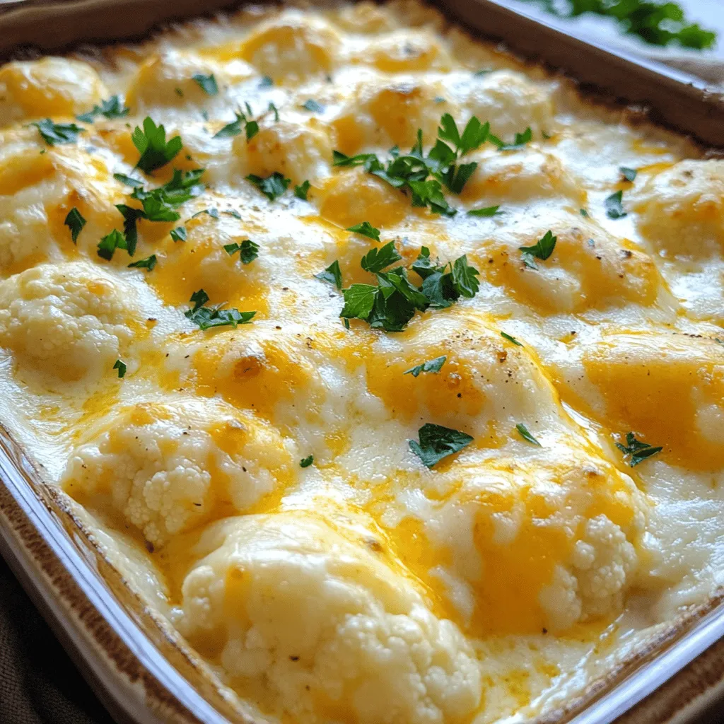 To make a great cheesy cauliflower bake, you need these simple ingredients: - 1 large head of cauliflower, cut into florets - 1 cup shredded cheddar cheese - 1 cup mozzarella cheese, shredded - 1 cup cream cheese, softened - 1 cup milk - 2 cloves garlic, minced - 1 teaspoon onion powder - 1 teaspoon garlic powder - Salt and pepper to taste - 1/2 cup grated Parmesan cheese - 1/4 cup chopped fresh parsley (for garnish) You will need a few tools to make this dish: - A large pot for boiling - A large mixing bowl - A whisk for blending - A 9x13 inch baking dish - A knife and cutting board for chopping Choosing the right ingredients is key. Here’s how to pick the best: - Cauliflower: Look for a fresh head with tight, white florets. Avoid brown spots. - Cheese: Buy blocks of cheese and shred them yourself for better flavor. - Cream Cheese: Ensure it is softened to mix well with other ingredients. - Milk: Use whole milk for a creamier texture, but low-fat works too. - Garlic: Fresh garlic gives the best taste, but minced garlic from a jar works in a pinch. - Parsley: Fresh parsley adds color and a nice flavor. Dried parsley is not as good. Follow these tips and your cheesy cauliflower bake will shine. For the full recipe, check the details above. Start by boiling water in a large pot. Add a pinch of salt to the water. Once the water is bubbling, add the cauliflower florets. Blanch the cauliflower for about five minutes. You want it to be slightly tender but still firm. After five minutes, drain the cauliflower in a colander. Set it aside to cool for a moment. In a large bowl, mix the softened cream cheese and milk. Add the minced garlic, onion powder, garlic powder, salt, and pepper. Whisk until the mix is smooth and creamy. Next, fold in the shredded cheddar and mozzarella cheese. Save some cheese for the top. Stir gently to coat all the cheese in the creamy mix. Now, take a greased 9x13 inch baking dish. Pour the cheesy cauliflower mix into the dish and spread it out evenly. Sprinkle the reserved cheddar and mozzarella on top. Finish with grated Parmesan cheese for extra flavor. Place the dish in your preheated oven at 375°F (190°C). Bake for 25-30 minutes until the top is golden brown and bubbly. After baking, let it cool for a few minutes. Garnish with fresh chopped parsley before serving. Enjoy your delicious Cheesy Cauliflower Bake! For more details, check the Full Recipe. To get a great texture in your Cheesy Cauliflower Bake, focus on blanching. Blanch the cauliflower florets for about five minutes. This step softens them but keeps a nice crunch. After blanching, drain the florets well. If they hold too much water, the bake may become soggy. Then, mix the cauliflower with the cheese sauce gently. This will help each piece stay intact and coated. One common mistake is not salting the water when blanching. Salt adds flavor, and it helps the cauliflower taste better. Another mistake is overbaking. If you bake for too long, the dish can dry out. Watch for that golden, bubbly top. Finally, don't skip the fresh parsley. It adds a bright touch and a pop of color. To boost the flavor, try adding smoked paprika or cayenne pepper. Both will add a nice kick without being too spicy. You can also mix in cooked bacon for a smoky depth. Fresh herbs like thyme or rosemary can bring a new twist. Always taste the cheese sauce before mixing in the cauliflower. Adjust salt and pepper to your liking for the best flavor. For full instructions and a list of ingredients, refer to the Full Recipe. {{image_2}} To make a low-carb version, you can swap the cauliflower with broccoli. Broccoli has less sugar and keeps the dish healthy. You can also skip the cream and use almond milk instead. This option still tastes great and fits your diet. You can boost the dish by adding proteins or other veggies. Try cooked chicken, bacon, or even shrimp. For veggies, consider spinach or bell peppers. Mix them in with the cauliflower for extra flavor and nutrients. This makes your cheesy bake even more satisfying. Experimenting with cheese can change your dish's flavor. Swap cheddar or mozzarella with gouda or fontina. Each cheese brings a unique taste and texture. You can also mix in some blue cheese for a bold kick. The right cheese makes every bite delightful. For the complete recipe, check out the [Full Recipe]. After making the Cheesy Cauliflower Bake, let it cool. Once cooled, cover it tightly with plastic wrap or foil. It stays fresh in the fridge for up to three days. If you have leftovers, try to keep them in an airtight container. This helps to keep the flavors and moisture locked in. You can freeze Cheesy Cauliflower Bake for later. First, let it cool completely. Then, cut it into portions. Wrap each portion tightly in plastic wrap. Place them in a freezer-safe bag or container. This dish can last up to three months in the freezer. When you're ready to eat, just thaw it in the fridge overnight. Reheating is simple. For the best results, use the oven. Preheat your oven to 350°F (175°C). Place the dish in a baking pan and cover it with foil. Heat for about 20 minutes or until warmed through. You can also use the microwave. Just place a portion in a microwave-safe bowl and heat for 1-2 minutes. Stir halfway for even heating. Enjoy your cheesy comfort food! The cooking time for Cheesy Cauliflower Bake is about 25 to 30 minutes. You want the top to be golden and bubbly. Preheat your oven to 375°F (190°C) first. After baking, let it cool a bit before serving. This will help the dish set and make it easier to serve. Yes, you can make Cheesy Cauliflower Bake ahead of time. Prepare the dish and store it in the fridge. Just cover it well with plastic wrap or aluminum foil. When ready to bake, remove it from the fridge and let it sit for about 30 minutes. Then bake as directed. This makes it great for meal prep! Yes, Cheesy Cauliflower Bake is suitable for a gluten-free diet. All the ingredients used are gluten-free. Just ensure you check any processed items, like cheese, for gluten. This dish packs in flavor and comfort without any gluten worries. Enjoy it with confidence! In this blog post, we explored the key ingredients and step-by-step instructions for making a delicious Cheesy Cauliflower Bake. I shared tips for achieving the perfect texture and avoiding common mistakes. You can enhance the dish with various seasonings or opt for tasty variations. Remember to follow the storage tips for fresh leftovers. This dish is easy to make, full of flavor, and suits many dietary needs. Enjoy making your Cheesy Cauliflower Bake and share it with others! Your cooking skills will shine.