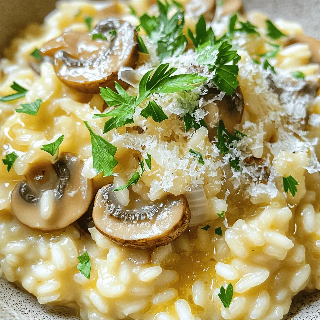 - Arborio rice and its significance Arborio rice is key to making risotto creamy. This short-grain rice has a high starch content. When you cook it slowly, it releases that starch, creating a velvety texture. This rice absorbs flavors well, which enhances the dish's taste. - Types of mushrooms for best flavor For this recipe, I recommend using cremini mushrooms. They are rich in flavor and add earthiness to the dish. You can also try shiitake or portobello for a unique twist. Mixing different mushrooms can elevate the taste and texture. - Other essential ingredients and their roles Here are the other key ingredients: - 1 cup Arborio rice - 4 cups vegetable broth (heated) - 1 cup cremini mushrooms, sliced - 1 medium onion, diced - 3 cloves garlic, minced - 1/2 cup heavy cream - 1/2 cup grated Parmesan cheese - 2 tablespoons olive oil - 1 tablespoon butter - Salt and pepper to taste - Fresh parsley, chopped (for garnish) Each of these items plays an important role. The onion and garlic add depth. The heavy cream and Parmesan give creaminess and richness. The vegetable broth brings everything together with flavor. For the complete recipe and instructions, check out the Full Recipe. 1. Heating the broth properly: Start by heating your vegetable broth in a large saucepan over low heat. This keeps it warm while you cook. Warm broth helps the rice cook evenly and absorb flavors well. 2. Cooking the aromatics and sautéing mushrooms: In a separate large skillet, heat olive oil and butter over medium heat. Add the diced onion and cook for about 4-5 minutes. You want it to become soft and clear. Then, stir in minced garlic and sliced cremini mushrooms. Cook for about 5-7 minutes until they soften and release their juices. This step builds a great flavor base for your risotto. 1. Toasting Arborio rice for optimal texture: Add the Arborio rice to the skillet. Stir it for 1-2 minutes until the rice is lightly toasted. This step improves the texture and adds a nutty flavor. 2. Gradual broth addition technique: Begin adding the warm vegetable broth one ladleful at a time. Continuously stir the rice as it cooks. Wait until the rice absorbs the broth before adding more. This process takes about 18-20 minutes. The constant stirring releases starch from the rice, making your risotto creamy. 1. Stirring in cream and cheese: Once the rice is al dente and creamy, stir in the heavy cream and grated Parmesan cheese. This adds richness and a smooth texture. 2. Adjusting seasoning to taste: Taste your risotto and season with salt and pepper. You can add more broth if you want a creamier dish. Let it sit for 2 minutes before serving to thicken. Follow these steps, and you will create a delicious creamy mushroom risotto. For a detailed recipe, check out the Full Recipe. To get the best creamy risotto, stir constantly. This helps the rice release its starch. Starch makes the risotto smooth and rich. You should also choose the right broth. A flavorful vegetable broth adds depth. Warm broth is key; it helps the rice cook evenly. To boost flavor, try adding herbs like thyme or rosemary. Fresh herbs brighten the dish. You can also use spices like black pepper for warmth. To deepen umami, sauté the mushrooms until golden brown. The browning adds a rich flavor that makes every bite special. One common mistake is overcooking the rice. Keep an eye on the time and check for al dente texture. It should be tender but still have a slight bite. Another mistake is skipping the resting time before serving. Letting the risotto sit for about two minutes helps it thicken. This way, it becomes even creamier and more delicious. For the full recipe, check out the details above. {{image_2}} For a lighter touch, you can swap heavy cream with Greek yogurt or coconut milk. These options keep the dish creamy but cut down on fat. If you want a grain swap, try quinoa or farro. They add a nutty flavor and texture. You can add proteins like grilled chicken or shrimp for extra heartiness. These pair well with the mushroom flavor. Seasonal vegetables, like asparagus or peas, bring freshness and color. They also add nutrition and taste. For an Italian twist, add some white wine when cooking the rice. It enhances the flavor and adds depth. If you want to mix it up, try a fusion dish. For example, use Asian mushrooms like shiitake and add soy sauce. You’ll create a unique, savory risotto that excites the palate. After you enjoy your creamy mushroom risotto, you might have some left. To store it, let it cool down to room temperature. This step helps avoid condensation. Once cooled, pack it in an airtight container. For best results, use glass or BPA-free plastic containers. They seal well and keep flavors fresh. Make sure to leave some space in the container. The risotto may expand slightly when stored. When it’s time to reheat your risotto, you want to keep it creamy. The best method is using a non-stick skillet. Add a splash of broth or water to help it regain its creamy texture. Heat on low, stirring often. You can also use the microwave. Place the risotto in a microwave-safe bowl. Add a little broth, cover, and heat in short bursts. Stir in between to keep it even. If you want to boost the flavor, add a bit more cheese or herbs while reheating. If you want to freeze your risotto, follow these steps: 1. Allow the risotto to cool completely. 2. Portion it into freezer-safe bags. Squeeze out extra air before sealing. 3. Label the bags with the date. To thaw frozen risotto, move it to the fridge overnight. When ready to reheat, use a skillet or microwave as mentioned above. If it seems dry, add a splash of broth or cream. This will help restore its creamy texture. With these tips, your creamy mushroom risotto stays delicious, even after storage! For the complete recipe, check out the full recipe. To make risotto creamy, use Arborio rice. This rice type has more starch, which helps create a smooth texture. You should also add warm broth slowly. Stirring often releases the starch, making it creamy. A good ratio is about 1 cup of rice to 4 cups of broth. Adding heavy cream and Parmesan cheese at the end boosts the creaminess. Always taste and adjust the seasoning to enhance the flavor. Yes, you can make mushroom risotto in advance. Cook it fully and let it cool. Store it in an airtight container in the fridge for up to three days. When ready to eat, reheat it on the stove over low heat. Add a splash of broth or cream to bring back the creamy texture. You can also freeze it for up to a month. Just remember to cool it completely before freezing. Creamy mushroom risotto pairs well with many sides. A simple green salad adds freshness. Roasted vegetables bring a nice contrast. Grilled chicken or shrimp adds protein and flavor. For a classic touch, serve with garlic bread. A nice white wine, like Pinot Grigio, also enhances the meal. Feel free to mix and match to find your favorite pairings. Yes, risotto is naturally gluten-free. Arborio rice does not contain gluten. However, check your broth and cheese for any additives that may contain gluten. Most vegetable or chicken broths are gluten-free, but it’s best to read the labels. This makes risotto a safe choice for those with gluten sensitivities. Enjoy a delicious meal without worry! Making creamy mushroom risotto is easy and rewarding. You learned about key ingredients like Arborio rice, the right mushrooms, and essential flavors. Following simple steps helps you cook this dish to perfection. Remember to stir consistently and avoid common mistakes. You can customize your risotto with healthier choices and seasonal additions. Store leftovers properly, and reheating them can keep flavors fresh. With these tips, you can enjoy a delicious meal that impresses everyone. Happy cooking!