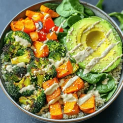 The Vegan Buddha Bowl shines with colorful, wholesome ingredients. Each component adds flavor and nutrition to your meal. - Quinoa: This grain is a great source of protein. It has all nine essential amino acids. Quinoa also provides fiber, which helps with digestion. - Chickpeas: These legumes are high in protein and fiber. They can keep you full and satisfied. Chickpeas also have vitamins and minerals like iron and folate. - Sweet Potato: This root vegetable is rich in vitamins A and C. It adds sweetness and a creamy texture to your bowl. - Broccoli: Broccoli is a powerhouse of vitamins K and C. It supports immune health and is low in calories. - Bell Pepper: These colorful veggies add crunch and flavor. They are packed with antioxidants and vitamin C. - Avocado: Full of healthy fats, avocado is creamy and delicious. It also helps absorb nutrients from other ingredients. - Spinach: Spinach is loaded with iron, calcium, and vitamins A and K. It adds a fresh touch to your bowl. If you need alternatives for the Vegan Buddha Bowl, I have some great ideas. - Quinoa: You can use brown rice or farro instead. Both grains are tasty and filling. - Chickpeas: Black beans or lentils work well as substitutes. They also offer protein and fiber. - Sweet Potato: Butternut squash or regular potatoes can replace sweet potato. They add a similar texture and taste. - Broccoli: Cauliflower or green beans are good options. They will add crunch and nutrition. - Bell Pepper: Zucchini or carrots can be used in place of bell peppers. They bring different flavors and textures. For gluten-free options, make sure to choose certified gluten-free grains. For nut-free choices, avoid tahini and replace it with sunflower seed butter or leave it out entirely. To make perfect quinoa, start with rinsing 1 cup of quinoa in cold water. This step removes any bitter taste. Use a fine mesh strainer to get the best results. For cooking, you can choose two methods: the stove or a rice cooker. - Stove Method: Bring 2 cups of vegetable broth to a boil. Add the rinsed quinoa and reduce the heat to low. Cover and cook for about 15 minutes. Once the liquid is absorbed, let it sit for 5 minutes before fluffing with a fork. - Rice Cooker Method: Add rinsed quinoa and vegetable broth to the rice cooker. Turn it on and let it work its magic. Once done, let it sit for a few minutes before fluffing. Roasting brings out the best flavors in your veggies. Preheat your oven to 400°F (200°C). Chop your choice of seasonal vegetables like sweet potatoes, broccoli, and bell peppers. Toss the chopped veggies with olive oil, salt, and pepper. Spread them on a baking sheet in a single layer. Roast for 25-30 minutes until tender and slightly crispy. - Best Practices: Make sure to check your veggies halfway through cooking. Stir them for even roasting. Using seasonal vegetables adds variety and keeps your meal fresh. Now it’s time to layer your beautiful Buddha bowl. Start with the cooked quinoa at the bottom. This base holds everything together. Next, add your roasted vegetables evenly on top. - Layering Technique: For a colorful display, place each ingredient in sections. Add chickpeas, baby spinach, and sliced avocado. To finish, drizzle your tahini dressing over the top. Sprinkle sesame seeds for a delightful crunch. This layering makes your bowl not only tasty but also visually appealing. For the complete recipe, check out the Full Recipe. When life gets busy, you can still enjoy a tasty vegan Buddha bowl. Here are some make-ahead tips to help you. - Cook quinoa in advance: You can prepare quinoa a few days ahead. Just store it in the fridge. It stays fresh for up to five days. - Roast veggies early: Roast your sweet potatoes and other veggies on the weekend. Store them in airtight containers. This saves time on weeknights. - Prep chickpeas: You can use canned chickpeas for ease. Drain and rinse them, then store them in the fridge. - Keep components separate: For the best taste, store your ingredients separately. This keeps them fresh and crunchy. To make your Buddha bowl even better, consider these flavor tips. - Add fresh herbs: Try cilantro, parsley, or basil for added freshness. They brighten up your bowl. - Spice it up: Consider adding cumin, coriander, or turmeric. These spices add warmth and depth to your dish. - Try different dressings: While tahini is delicious, you can mix it up! Use a lemon-tahini dressing or a spicy peanut sauce. A simple olive oil and vinegar mix works too. These tips will help you create a vibrant and tasty Buddha bowl. For the complete recipe, check the Full Recipe section. {{image_2}} To make your vegan Buddha bowl even better, add protein. Legumes are a great choice. Try lentils, black beans, or kidney beans. They add flavor and help keep you full. Seeds are another option. Chia seeds, sunflower seeds, or pumpkin seeds bring crunch and nutrition. You can also toss in some tofu. Just cube it and sauté until golden. Tempeh is a tasty addition, too. It has a nutty flavor and is high in protein. Slice it thin and pan-fry for a crispy finish. Edamame is another fun choice. Just steam it and sprinkle over your bowl for a pop of color and protein. Your Buddha bowl can change with the seasons. In summer, use fresh veggies like tomatoes, cucumbers, and corn. These will keep your bowl light and refreshing. In the winter, focus on hearty vegetables. Roasted root veggies like carrots, parsnips, and beets work great. You can also add kale or Brussels sprouts for extra warmth. Mix and match based on what you find at the local market. This helps keep your meals fresh and exciting all year round. If you have food allergies, there are easy fixes. For gluten-free, swap quinoa for rice or millet. For nut allergies, skip the tahini and use sunflower seed butter for your dressing. You can also spice things up! Try Indian flavors with curry powder, or go Mediterranean with olives and lemon. For Asian flair, add soy sauce, ginger, or sesame oil. These adjustments help you enjoy your vegan Buddha bowl while meeting your dietary needs. The best part is you can always make it your own! To keep your Buddha bowls fresh, store them properly. First, let the bowl cool down. This helps prevent sogginess. Then, use airtight containers. Glass containers work well since they do not hold odors. You can also use BPA-free plastic containers. Keep the dressing separate from the bowl. This will help keep the vegetables crisp. If you have leftover avocado, sprinkle it with lemon juice to slow browning. Leftover Buddha bowls can last in the fridge for 3 to 4 days. Each ingredient has its own shelf life. - Quinoa: lasts about 5 days when cooked. - Roasted vegetables: best used within 3 days. - Chickpeas: can stay fresh for up to 4 days. Signs of spoilage include off smells and a slimy texture. If you see mold, throw it away right away. Enjoy your Vibrant Vegan Buddha Bowl fresh for the best taste! A Vegan Buddha Bowl is a healthy dish filled with grains, veggies, and protein. It often includes quinoa, sweet potatoes, and chickpeas. The name comes from the idea of a bowl filled to the brim, just like a Buddha's belly. Unlike non-vegan bowls, Vegan Buddha Bowls do not use meat or dairy. They focus on plant-based ingredients that give you energy and nutrition. Yes, you can meal prep Vegan Buddha Bowls! Here are some tips: - Portioning: Divide cooked grains and veggies into meal containers. - Storing: Keep the dressing separate to avoid sogginess. - Refrigeration: Store them in the fridge for up to four days. This makes it easy to grab a meal on busy days. Here are some simple homemade dressings to try: - Lemon-tahini: Mix tahini, lemon juice, and a pinch of salt. - Cilantro-lime: Blend cilantro, lime juice, and olive oil. - Balsamic vinaigrette: Combine balsamic vinegar, olive oil, and a dash of mustard. For store-bought options, look for: - Tahini dressings - Hummus-based dressings - Any vinaigrette that suits your taste You can find the detailed recipe for the Vibrant Vegan Buddha Bowl [here](#). Vegan Buddha bowls are a perfect combo of taste and health. We explored great ingredients and their benefits. You learned how to cook quinoa, roast veggies, and layer your bowl. Tips like meal prep and flavor boosts help on busy nights. Experiment with protein options and seasonal tweaks for variety. These bowls can fit any diet and offer easy storage tips. Enjoy crafting your flavorful, nutrient-rich meals!