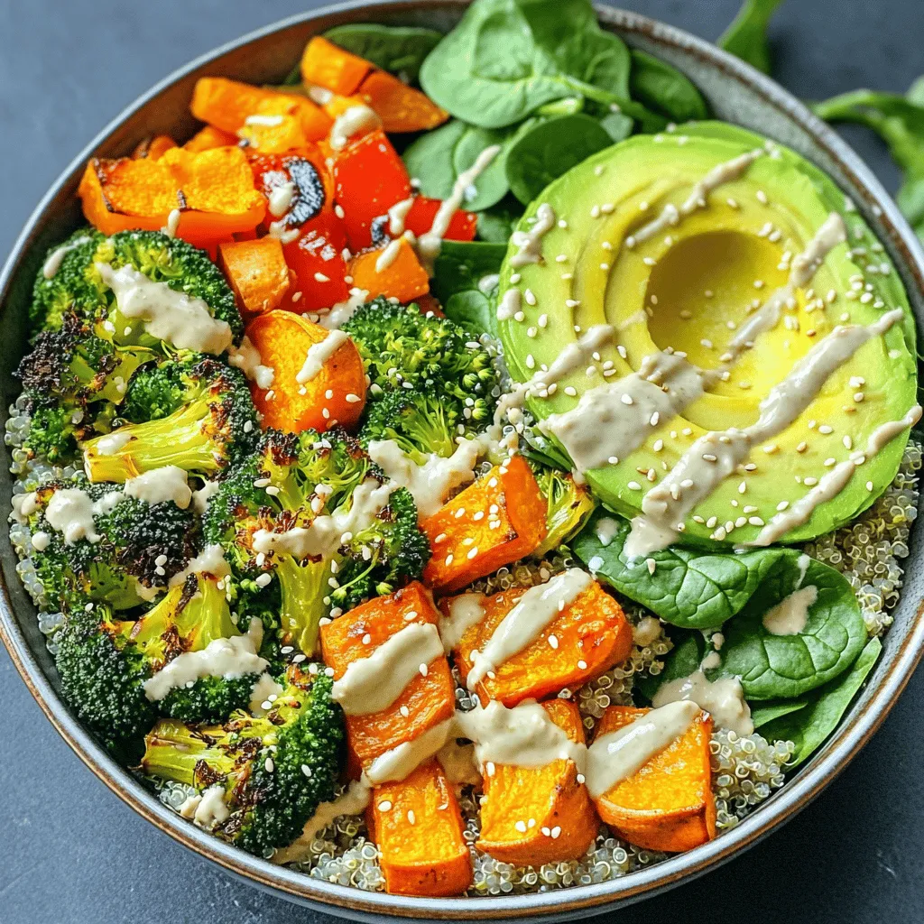 The Vegan Buddha Bowl shines with colorful, wholesome ingredients. Each component adds flavor and nutrition to your meal. - Quinoa: This grain is a great source of protein. It has all nine essential amino acids. Quinoa also provides fiber, which helps with digestion. - Chickpeas: These legumes are high in protein and fiber. They can keep you full and satisfied. Chickpeas also have vitamins and minerals like iron and folate. - Sweet Potato: This root vegetable is rich in vitamins A and C. It adds sweetness and a creamy texture to your bowl. - Broccoli: Broccoli is a powerhouse of vitamins K and C. It supports immune health and is low in calories. - Bell Pepper: These colorful veggies add crunch and flavor. They are packed with antioxidants and vitamin C. - Avocado: Full of healthy fats, avocado is creamy and delicious. It also helps absorb nutrients from other ingredients. - Spinach: Spinach is loaded with iron, calcium, and vitamins A and K. It adds a fresh touch to your bowl. If you need alternatives for the Vegan Buddha Bowl, I have some great ideas. - Quinoa: You can use brown rice or farro instead. Both grains are tasty and filling. - Chickpeas: Black beans or lentils work well as substitutes. They also offer protein and fiber. - Sweet Potato: Butternut squash or regular potatoes can replace sweet potato. They add a similar texture and taste. - Broccoli: Cauliflower or green beans are good options. They will add crunch and nutrition. - Bell Pepper: Zucchini or carrots can be used in place of bell peppers. They bring different flavors and textures. For gluten-free options, make sure to choose certified gluten-free grains. For nut-free choices, avoid tahini and replace it with sunflower seed butter or leave it out entirely. To make perfect quinoa, start with rinsing 1 cup of quinoa in cold water. This step removes any bitter taste. Use a fine mesh strainer to get the best results. For cooking, you can choose two methods: the stove or a rice cooker. - Stove Method: Bring 2 cups of vegetable broth to a boil. Add the rinsed quinoa and reduce the heat to low. Cover and cook for about 15 minutes. Once the liquid is absorbed, let it sit for 5 minutes before fluffing with a fork. - Rice Cooker Method: Add rinsed quinoa and vegetable broth to the rice cooker. Turn it on and let it work its magic. Once done, let it sit for a few minutes before fluffing. Roasting brings out the best flavors in your veggies. Preheat your oven to 400°F (200°C). Chop your choice of seasonal vegetables like sweet potatoes, broccoli, and bell peppers. Toss the chopped veggies with olive oil, salt, and pepper. Spread them on a baking sheet in a single layer. Roast for 25-30 minutes until tender and slightly crispy. - Best Practices: Make sure to check your veggies halfway through cooking. Stir them for even roasting. Using seasonal vegetables adds variety and keeps your meal fresh. Now it’s time to layer your beautiful Buddha bowl. Start with the cooked quinoa at the bottom. This base holds everything together. Next, add your roasted vegetables evenly on top. - Layering Technique: For a colorful display, place each ingredient in sections. Add chickpeas, baby spinach, and sliced avocado. To finish, drizzle your tahini dressing over the top. Sprinkle sesame seeds for a delightful crunch. This layering makes your bowl not only tasty but also visually appealing. For the complete recipe, check out the Full Recipe. When life gets busy, you can still enjoy a tasty vegan Buddha bowl. Here are some make-ahead tips to help you. - Cook quinoa in advance: You can prepare quinoa a few days ahead. Just store it in the fridge. It stays fresh for up to five days. - Roast veggies early: Roast your sweet potatoes and other veggies on the weekend. Store them in airtight containers. This saves time on weeknights. - Prep chickpeas: You can use canned chickpeas for ease. Drain and rinse them, then store them in the fridge. - Keep components separate: For the best taste, store your ingredients separately. This keeps them fresh and crunchy. To make your Buddha bowl even better, consider these flavor tips. - Add fresh herbs: Try cilantro, parsley, or basil for added freshness. They brighten up your bowl. - Spice it up: Consider adding cumin, coriander, or turmeric. These spices add warmth and depth to your dish. - Try different dressings: While tahini is delicious, you can mix it up! Use a lemon-tahini dressing or a spicy peanut sauce. A simple olive oil and vinegar mix works too. These tips will help you create a vibrant and tasty Buddha bowl. For the complete recipe, check the Full Recipe section. {{image_2}} To make your vegan Buddha bowl even better, add protein. Legumes are a great choice. Try lentils, black beans, or kidney beans. They add flavor and help keep you full. Seeds are another option. Chia seeds, sunflower seeds, or pumpkin seeds bring crunch and nutrition. You can also toss in some tofu. Just cube it and sauté until golden. Tempeh is a tasty addition, too. It has a nutty flavor and is high in protein. Slice it thin and pan-fry for a crispy finish. Edamame is another fun choice. Just steam it and sprinkle over your bowl for a pop of color and protein. Your Buddha bowl can change with the seasons. In summer, use fresh veggies like tomatoes, cucumbers, and corn. These will keep your bowl light and refreshing. In the winter, focus on hearty vegetables. Roasted root veggies like carrots, parsnips, and beets work great. You can also add kale or Brussels sprouts for extra warmth. Mix and match based on what you find at the local market. This helps keep your meals fresh and exciting all year round. If you have food allergies, there are easy fixes. For gluten-free, swap quinoa for rice or millet. For nut allergies, skip the tahini and use sunflower seed butter for your dressing. You can also spice things up! Try Indian flavors with curry powder, or go Mediterranean with olives and lemon. For Asian flair, add soy sauce, ginger, or sesame oil. These adjustments help you enjoy your vegan Buddha bowl while meeting your dietary needs. The best part is you can always make it your own! To keep your Buddha bowls fresh, store them properly. First, let the bowl cool down. This helps prevent sogginess. Then, use airtight containers. Glass containers work well since they do not hold odors. You can also use BPA-free plastic containers. Keep the dressing separate from the bowl. This will help keep the vegetables crisp. If you have leftover avocado, sprinkle it with lemon juice to slow browning. Leftover Buddha bowls can last in the fridge for 3 to 4 days. Each ingredient has its own shelf life. - Quinoa: lasts about 5 days when cooked. - Roasted vegetables: best used within 3 days. - Chickpeas: can stay fresh for up to 4 days. Signs of spoilage include off smells and a slimy texture. If you see mold, throw it away right away. Enjoy your Vibrant Vegan Buddha Bowl fresh for the best taste! A Vegan Buddha Bowl is a healthy dish filled with grains, veggies, and protein. It often includes quinoa, sweet potatoes, and chickpeas. The name comes from the idea of a bowl filled to the brim, just like a Buddha's belly. Unlike non-vegan bowls, Vegan Buddha Bowls do not use meat or dairy. They focus on plant-based ingredients that give you energy and nutrition. Yes, you can meal prep Vegan Buddha Bowls! Here are some tips: - Portioning: Divide cooked grains and veggies into meal containers. - Storing: Keep the dressing separate to avoid sogginess. - Refrigeration: Store them in the fridge for up to four days. This makes it easy to grab a meal on busy days. Here are some simple homemade dressings to try: - Lemon-tahini: Mix tahini, lemon juice, and a pinch of salt. - Cilantro-lime: Blend cilantro, lime juice, and olive oil. - Balsamic vinaigrette: Combine balsamic vinegar, olive oil, and a dash of mustard. For store-bought options, look for: - Tahini dressings - Hummus-based dressings - Any vinaigrette that suits your taste You can find the detailed recipe for the Vibrant Vegan Buddha Bowl [here](#). Vegan Buddha bowls are a perfect combo of taste and health. We explored great ingredients and their benefits. You learned how to cook quinoa, roast veggies, and layer your bowl. Tips like meal prep and flavor boosts help on busy nights. Experiment with protein options and seasonal tweaks for variety. These bowls can fit any diet and offer easy storage tips. Enjoy crafting your flavorful, nutrient-rich meals!