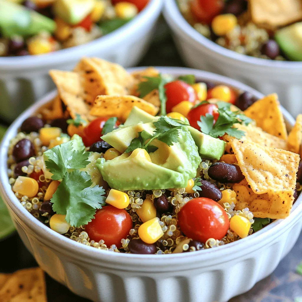 Here’s what you need to make Vegan Taco Salad Bowls. Each ingredient adds a burst of flavor and nutrition. - 1 cup quinoa, rinsed - 2 cups vegetable broth - 1 can (15 oz) black beans, rinsed and drained - 1 can (15 oz) corn, drained - 1 red bell pepper, diced - 1 avocado, diced - 1 cup cherry tomatoes, halved - 1 small red onion, finely chopped - 1 teaspoon cumin - 1 teaspoon paprika - ½ teaspoon cayenne pepper (adjust to taste) - Juice of 1 lime - ¼ cup fresh cilantro, chopped - Salt and pepper to taste - Tortilla chips for serving - Optional toppings: sliced jalapeños, vegan sour cream, or salsa These ingredients bring the salad to life. Quinoa serves as a hearty base. Black beans and corn add texture and protein. Fresh veggies like bell pepper and tomatoes provide crunch and color. Feel free to adjust the spices to fit your taste. A little heat from cayenne pepper can make a big difference. The lime juice adds a zesty kick, while cilantro gives it a fresh finish. You can also personalize it with toppings. Try adding sliced jalapeños for heat or a dollop of vegan sour cream for creaminess. Enjoy the mix of flavors and colors in this vibrant dish! For the complete recipe with instructions, check the Full Recipe. To cook quinoa perfectly, start by rinsing 1 cup of quinoa under cold water. This removes any bitterness. Next, in a medium saucepan, combine the rinsed quinoa with 2 cups of vegetable broth. Bring it to a boil over high heat. Once boiling, reduce the heat to low and cover the pot. Let it simmer for about 15 minutes. After this time, check if the liquid is absorbed. If it is, remove the pot from heat and let it sit for 5 minutes covered. This helps make the quinoa fluffy. Fluff it up with a fork before using. A quick dressing can make all the difference. In a small bowl, whisk together the juice of 1 lime, 1 teaspoon of cumin, 1 teaspoon of paprika, and ½ teaspoon of cayenne pepper. Add salt and pepper to taste. This mix brings a bright kick to the salad. Proper seasoning is key. It enhances the flavors and makes the salad pop. Taste as you go. Adjust the spices to suit your taste. Now, it's time to mix the salad. In a large bowl, combine the cooked quinoa, 1 can of rinsed black beans, 1 can of drained corn, diced red bell pepper, halved cherry tomatoes, finely chopped red onion, and diced avocado. Pour the dressing over the ingredients. Gently toss everything together until well combined. This is where the magic happens. Layering the flavors is important. Each bite should offer a balance of fresh veggies, grains, and zesty dressing. For the full recipe, check out the details above. Enjoy the fresh, vibrant flavors in your Vegan Taco Salad Bowls! To make your taco salad perfect, start by adjusting spice levels. If you love heat, add more cayenne pepper. If you prefer a milder taste, use less. You can also mix in some fresh jalapeños for added spice. Always taste as you go, so your salad fits your flavor. Next, let’s talk about texture. I love adding a crunch factor to my taco salad. Use tortilla chips, but don’t just toss them in. Break them up and sprinkle them on top right before serving. This keeps them crispy and adds a nice texture. You can also add nuts or seeds for extra crunch. When it comes to serving, use large bowls or plates. This gives each ingredient space to shine. Layer your salad for a beautiful presentation. Start with the quinoa, then add beans, veggies, and avocado. This makes your dish look great and keeps flavors separate until you dig in. For a creative twist, try using lettuce leaves as edible bowls. This adds a fun touch and is great for parties. You can also garnish with fresh cilantro or lime wedges for color and a burst of flavor. For more details on making this dish, check out the Full Recipe. {{image_2}} For those avoiding gluten, quinoa is a great choice. It is naturally gluten-free and packed with protein. If you want even more protein, consider using chickpeas or lentils instead of black beans. These options add nutrition and different textures. You can enhance your taco salad with more ingredients. Adding corn salsa or diced mango gives a sweet twist. If you like heat, try fresh diced jalapeños or a sprinkle of chili powder. For toppings, go for vegan sour cream or cashew cream instead of dairy. You can also use guacamole for a creamy touch. This way, you keep it vegan while adding fun flavors. Each bite can be a new experience! Check out the Full Recipe for detailed steps on how to make this vibrant dish. To keep your Vegan Taco Salad Bowls fresh, store them in an airtight container. This helps prevent moisture loss and keeps the flavors intact. Place the salad in the fridge as soon as possible after serving. You can keep the salad in the fridge for up to three days. Reheating a salad can be tricky, but here’s how to do it safely. I recommend warming the quinoa and beans in a microwave. Heat them in short intervals to avoid overheating. Keep the fresh veggies like avocado and tomatoes separate until you are ready to eat. This keeps them crisp and tasty. Always check that the food is heated through before enjoying your meal. To make Vegan Taco Salad Bowls, follow these steps: 1. Cook the quinoa. Combine rinsed quinoa with vegetable broth in a saucepan. Bring to a boil. Lower the heat, cover, and simmer for about 15 minutes. Fluff the quinoa with a fork after it sits for 5 minutes. 2. Prepare the dressing. In a small bowl, whisk lime juice, cumin, paprika, cayenne, salt, and pepper. This adds great flavor. 3. Mix the ingredients. In a large bowl, combine cooked quinoa, black beans, corn, diced red bell pepper, cherry tomatoes, red onion, and avocado. Pour the dressing over this mix and toss gently. 4. Serve. Divide the mixture into bowls. Top with fresh cilantro and any optional toppings, like jalapeños or vegan sour cream. 5. Add crunch. Break tortilla chips on top for a tasty crunch. This recipe is easy and fun. You can find the Full Recipe above! Yes, you can make this salad ahead of time. Here are some tips: - Store ingredients separately. Keep the dressing and salad components apart until you’re ready to eat. This helps keep everything fresh. - Prep quinoa and beans. You can cook the quinoa and rinse the beans a day before. Just store them in the fridge. - Chop veggies early. Dice your peppers, onions, and avocado, but wait to add the avocado until serving. It stays fresh this way. Preparing in advance saves time during busy days. You can enjoy a fresh meal anytime! Toppings make your salad exciting! Here are some tasty options: - Sliced jalapeños. They add heat and flavor. - Vegan sour cream. This adds creaminess and balances spices. - Salsa. Choose your favorite type for extra zest. - Avocado slices. They add healthy fat and richness. - Fresh cilantro. This herb brings brightness and freshness. Feel free to mix and match these toppings to find your favorite combination! This recipe is perfect for meal prep! Here are some benefits: - Make multiple servings. You can easily double the recipe for more meals. - Healthy and filling. This salad is packed with protein and fiber. It keeps you satisfied. - Versatile. You can change up the ingredients to keep things interesting. Try different beans or veggies. - Easy to store. Just use airtight containers. This keeps the salad fresh for a few days. Meal prepping saves time and helps you eat well on busy days! This blog covers how to make a delicious Vegan Taco Salad Bowl. You learned about the key ingredients, like quinoa and black beans. I provided tips for cooking quinoa and preparing a zesty dressing. We discussed how to mix the salad for great flavor and texture. You also found variations and storage tips for leftovers. Enjoy this tasty meal, adaptable for any dietary need. Happy cooking!