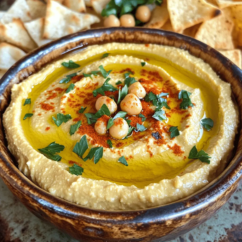 - 1 cup canned chickpeas, drained and rinsed - 4 cloves roasted garlic - 3 tablespoons tahini - 2 tablespoons fresh lemon juice - 2 tablespoons extra virgin olive oil These ingredients work together to create a creamy, rich dip. Canned chickpeas save time and keep the dish simple. Roasted garlic adds a sweet, mellow flavor, making every bite a delight. Tahini brings a nutty taste, while fresh lemon juice adds brightness. Extra virgin olive oil gives a smooth finish. - Paprika - Chopped parsley - Additional olive oil Garnishes elevate the dish. Paprika adds color and a hint of spice. Chopped parsley introduces freshness. A drizzle of olive oil on top enhances the richness. Choosing high-quality ingredients is key. Look for canned chickpeas with no added salt or preservatives. Fresh garlic will roast better than older bulbs. Use pure tahini made only from sesame seeds. Fresh herbs always taste better than dried. They can bring your hummus to life! To start, you will roast the garlic. Preheat your oven to 400°F (200°C). Take four cloves of fresh garlic and wrap them in aluminum foil. Drizzle a bit of olive oil over them before wrapping. This helps the garlic become tender and sweet. Roast the garlic for 30 to 35 minutes. You will know it is ready when it is soft and caramelized. Once the garlic is done, let it cool for a few minutes. You can carefully unwrap the foil to let steam escape. When it's cool enough to handle, squeeze the garlic cloves out of their skins. They should pop out easily, leaving you with soft, roasted garlic. Now it’s time to blend the hummus. In your food processor, add the following ingredients: - 1 cup canned chickpeas, drained and rinsed - 4 cloves of roasted garlic - 3 tablespoons tahini - 2 tablespoons fresh lemon juice - 2 tablespoons extra virgin olive oil - 1/2 teaspoon ground cumin - Salt to taste Pulse the mixture for a few seconds. Scrape down the sides to ensure everything mixes well. To get the perfect creamy texture, add water, one tablespoon at a time. Blend until your hummus is smooth. Taste your hummus. You can add more salt, lemon juice, or tahini if you want. Blend again to mix in any changes. Once your hummus is ready, transfer it to a bowl. Drizzle some extra virgin olive oil on top. You can sprinkle paprika and chopped parsley for a nice touch. For serving, pair your hummus with pita bread, fresh veggies, or crackers. It makes a great dip for snacks or a flavorful spread for wraps. Enjoy your creamy and flavorful dip! For the complete recipe, check out the Full Recipe. What if my hummus is too thick? If your hummus is too thick, add water. Start with one tablespoon at a time. Blend it well after each addition. The goal is a smooth, creamy texture. What if my hummus is too thin? If your hummus is too thin, add more chickpeas or tahini. Blend until it thickens. You can also add a bit of olive oil for richness. How can I enhance the flavor? Boost the flavor by adding spices. Try a dash of smoked paprika or cumin. Fresh herbs like cilantro or basil work well too. These small tweaks can make a big difference. How do I store my hummus? To store roasted garlic hummus, place it in an airtight container. Keep it in the fridge for up to a week. This will help the flavors meld together. Should I chill it? Yes, chilling it for a few hours helps the taste develop. Take it out about 30 minutes before serving. This way, it warms slightly and becomes creamy again. What can I pair with hummus? Hummus pairs well with many snacks. Serve it with pita chips, fresh veggies, or crackers. You can also use it as a spread in wraps or sandwiches. How else can I use hummus? Use hummus in other dishes too! It’s great in grain bowls or as a dip for grilled meats. You can even mix it into pasta for a creamy sauce. Explore these ideas to enjoy your hummus more! {{image_2}} You can add exciting flavors to your roasted garlic hummus. Roasted red peppers bring a sweet, smoky taste. Just blend in a half cup of roasted red peppers after mixing the main ingredients. Fresh herbs like basil or parsley also work great. They make the dip taste fresh and bright. For a spicy kick, add chili flakes to your hummus. Start with a pinch and taste. You can always add more if you like heat. This hummus is naturally gluten-free, so everyone can enjoy it. If you want a vegan version, it is already vegan! Just check your tahini to ensure it is dairy-free. You might want to swap the olive oil for avocado oil if you prefer. This keeps the flavor rich while changing the oil type. How you serve your hummus can make it even more fun. You can serve it in a bowl, drizzled with olive oil and sprinkled with paprika. Try using it as a spread in wraps with fresh veggies. You can also use it as a dip for pita bread or veggies. Serve it with colorful plates to make it pop! For a creative twist, try mini cups for individual servings. For the full recipe details, check out the Full Recipe section. Roasted garlic hummus lasts about five days in the fridge. Keep it stored in an airtight container. This helps maintain its creamy texture and rich flavor. If you notice any change in smell or taste, it's best to toss it out. You can freeze hummus for up to three months. To freeze, scoop it into an airtight container. Leave some space at the top to allow for expansion. When you want to eat it, move it to the fridge overnight to thaw. For quicker thawing, you can use the microwave on low power. Use airtight containers for the best storage. Glass jars work well because they do not absorb odors. Plastic containers are also fine, but make sure they seal tightly. This keeps your hummus fresh and delicious for longer. You can find the full recipe for this tasty dip above. To make roasted garlic, you need a few easy steps. First, preheat your oven to 400°F (200°C). Next, take whole garlic bulbs and slice off the top to expose the cloves. Drizzle them with olive oil and wrap them in aluminum foil. Roast in the oven for about 30-35 minutes. The garlic should be tender and slightly caramelized. Allow it to cool for a bit before using. Roasted garlic adds a sweet, rich flavor to your dishes. You can use fresh garlic, but the taste will differ. Fresh garlic is sharp and pungent. Roasted garlic has a milder, sweeter flavor. If you like bold flavors, fresh garlic is fine. For a smoother, creamier taste, roasted garlic works best. It blends well in hummus, giving it a rich, creamy texture. Roasted garlic has many health benefits. It is rich in antioxidants and can boost your immune system. It may help lower blood pressure and improve heart health. Roasted garlic also has anti-inflammatory properties. Adding it to your meals can enhance flavor while supporting your overall health. Incorporating roasted garlic into your diet is a tasty way to enjoy these benefits. This blog post covered how to make delicious roasted garlic hummus. We discussed essential ingredients, like canned chickpeas and tahini, as well as optional garnishes for extra flavor. I shared clear instructions for roasting garlic and blending hummus, along with tips for perfecting the texture. In closing, high-quality ingredients and careful preparation make all the difference. Enjoy experimenting with flavors and serving ideas. This simple dish can spice up any meal or snack. Now, it's time to enjoy your homemade roasted garlic hummus!