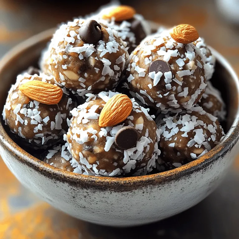 To make Almond Joy Energy Bites, you need these simple ingredients: - 1 cup pitted medjool dates - 1 cup almond flour - 1/2 cup unsweetened shredded coconut - 1/3 cup dark chocolate chips - 1/4 cup almonds, roughly chopped - 1 tablespoon coconut oil, melted - 1 teaspoon vanilla extract - 1/2 teaspoon sea salt These ingredients create a tasty treat that packs a punch. The dates provide natural sweetness and a chewy texture. Almond flour adds a nutty flavor and makes the bites filling. The shredded coconut gives a lovely crunch, while dark chocolate chips add richness. Chopped almonds enhance the texture and offer extra nutrients. Each ingredient plays a vital role in the health of these bites. Medjool dates are rich in fiber, which helps digestion. Almond flour is low in carbs and high in protein. This means it keeps you full longer. Shredded coconut contains healthy fats, which are good for energy. Dark chocolate is full of antioxidants, making it a smart choice for a treat. Almonds bring vitamin E and magnesium, which are great for your heart. You can easily change these bites to fit your tastes. For a nut-free option, use sunflower seed butter instead of almond flour. If you want more sweetness, add a bit of honey or maple syrup. For a fun twist, try adding dried cherries or cranberries instead of chocolate chips. This way, you can enjoy different flavors while keeping it healthy. Check out the Full Recipe for more ideas! To make Almond Joy Energy Bites, start with pitted medjool dates. Place them in a food processor. Pulse them until they turn into a sticky paste. This step is key for the base of your bites. Next, add in the almond flour, shredded coconut, melted coconut oil, vanilla extract, and sea salt. Process the mix until it becomes a sticky dough. If it feels too dry, add a few drops of water. This helps all the ingredients blend well. Then, gently fold in the dark chocolate chips and chopped almonds. This adds a nice crunch and sweetness. The best texture comes from balancing moist and dry ingredients. If your mix feels too dry, add more coconut oil or dates. For a firmer bite, make sure to chill them long enough. Refrigerate for at least 30 minutes. This helps them hold their shape. If you want a softer bite, skip the fridge and enjoy right away. You can also adjust the almond flour amount for a thicker texture. Feel free to get creative! You can add protein powder for extra nutrition. Try using different nuts like walnuts or pecans for variety. If you like a twist, mix in dried fruits like cranberries. You can swap dark chocolate chips for white chocolate for a sweeter taste. Each add-in changes the flavor, so have fun experimenting! For the full recipe, refer to the earlier section. To make the energy bites stick well, start with soft medjool dates. They help bind ingredients together. If your mixture feels dry, add a bit of water. This moisture helps the dough stick. You can also add a touch more coconut oil for extra binding power. When mixing, use a food processor for best results. It ensures even blending of all ingredients. Pulse the dates first to create a paste. Then add the dry ingredients slowly. This ensures everything combines well. Be careful not to over-process. The mixture should remain a bit chunky for texture. Serve your Almond Joy Energy Bites in a cute bowl. A sprinkle of shredded coconut on top adds flair. You can also add whole almonds for extra crunch. These bites make a great snack any time. Enjoy them after a workout or as a sweet treat. For more ideas, check out the Full Recipe. {{image_2}} You can change up the flavor of these energy bites easily. Try adding peanut butter instead of almond flour for a peanut joy twist. You could also use almond butter for a richer almond taste. For a fruity spin, add dried cranberries or raisins. This mix gives a nice pop of flavor. For a vegan version, check that your chocolate chips are dairy-free. You can swap almond flour with coconut flour for a keto-friendly bite. Just remember, coconut flour absorbs more moisture. So, you may need to add a bit more coconut oil to keep your bites soft. Seasons bring fun flavors! In fall, add pumpkin spice to your bites for warmth. Around winter holidays, toss in some peppermint extract for a festive touch. During summer, mix in fresh berries for a burst of color and flavor. With these ideas, your Almond Joy Energy Bites can match any season or occasion. For the full recipe, check the section above. Enjoy making these delightful snacks! To keep your Almond Joy Energy Bites fresh, store them in an airtight container. This will lock in moisture and keep them from drying out. Place a sheet of parchment paper between layers if you stack them. This prevents sticking and keeps them intact. Store them in the fridge for the best taste and texture. When stored properly, these bites last about one week in the fridge. If you notice any changes in texture or smell, it's best to toss them. Always check for freshness before enjoying. You can also freeze these energy bites for longer storage. Place them in a single layer on a baking sheet first. Freeze them for about an hour until firm. Then, transfer them to a freezer-safe bag or container. They can last up to three months in the freezer. To thaw, simply move them to the fridge for a few hours before serving. Enjoy them fresh and tasty! Yes, you can use dried fruit. Dried apricots or figs work well. They add natural sweetness. Just chop them small. The texture might change a bit, but it will still taste good. To make these nut-free, swap almond flour for sunflower seed flour. You can also use pumpkin seeds instead of almonds. These changes keep the bites tasty and safe for those with nut allergies. Almond Joy Energy Bites are quite healthy. They have natural sugars from dates and healthy fats from almonds. The dark chocolate adds antioxidants, making them a smart snack choice. They are great for energy and taste. Yes, you can definitely make these ahead of time. Store them in an airtight container. They last up to a week in the fridge. This makes them perfect for meal prep or quick snacks. Serve them in a small bowl. You can sprinkle some shredded coconut on top. This makes them look nice and adds flavor. Enjoy them as a snack anytime or share with friends! For the complete recipe, check the Full Recipe. You learned how to make Almond Joy Energy Bites with simple steps. The right mix of ingredients makes them tasty and healthy. You can customize them to fit your diet, too. Remember to store them well to keep them fresh. These snacks are great for a quick energy boost. Enjoy experimenting with flavors and sharing them with friends. Making energy bites is fun and easy. You’ll love how they taste and how good they make you feel.