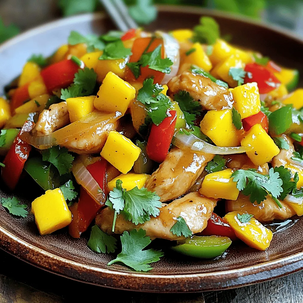 - 2 chicken breasts, sliced thinly - 1 ripe mango, peeled and diced - 1 red bell pepper, sliced - 1 green bell pepper, sliced - 1 medium onion, thinly sliced - 2 cloves garlic, minced - 1 tablespoon ginger, grated - Fresh cilantro, for garnish - 3 tablespoons soy sauce - 1 tablespoon honey - 1 tablespoon sesame oil - 1 tablespoon vegetable oil - Salt and pepper to taste When I make Mango Chicken Stir Fry, I love using fresh, bright ingredients. The chicken is key. Slice it thinly to help it cook fast. You want it tender and juicy. The ripe mango adds sweetness. Dicing it gives nice bites of flavor. The bell peppers add color and crunch. I use both red and green for a mix of flavors. Onions bring a sweet touch when they cook down. Next, the aromatics. Garlic and ginger make everything taste amazing. They add warmth and depth to the dish. For the marinade, I mix soy sauce, honey, and sesame oil. This combo gives the chicken a rich taste. Don't forget to season with salt and pepper. It makes a big difference! Gather all these ingredients, and you're ready to create a tasty meal. Check the Full Recipe for more details! - Marinate the chicken: First, mix soy sauce, honey, and sesame oil in a bowl. This creates a tasty marinade. Add the sliced chicken to the bowl. Let it marinate for 15 minutes. The longer it sits, the better it tastes. - Cook the marinated chicken: Heat vegetable oil in a large skillet. Use medium-high heat. Add the marinated chicken. Cook for 5-7 minutes. You want it cooked through and slightly caramelized. Once done, remove the chicken and set it aside. - Add onions and bell peppers: In the same pan, toss in the thinly sliced onion and bell peppers. Stir-fry them for about 3-4 minutes. You want them tender but still crisp. - Include garlic and ginger: Next, add minced garlic and grated ginger to the pan. This adds a nice flavor punch. Stir everything together and cook for another minute. - Return chicken to skillet: Place the cooked chicken back into the skillet. Mix it well with the veggies. - Add diced mango and adjust seasoning: Finally, add the diced mango. Stir gently to combine. Let it warm through for about 2 minutes. Taste and adjust seasoning with salt and pepper if needed. This method will lead you to a delicious Mango Chicken Stir Fry, bursting with flavors. For the complete recipe, refer to the [Full Recipe]. To get tender chicken, start with thin slices. Thin pieces cook quicker and stay juicy. Marinate the chicken for at least 15 minutes. The marinade adds flavor and keeps it moist. When stir-frying, use high heat. This cooks the food fast and gives it a nice color. Keep everything moving in the pan. Stir frequently to avoid burning. For extra flavor, consider adding spices like paprika or cayenne. These spices can bring a nice kick to the dish. You can also add a splash of lime juice for a zesty touch. If you want to adjust sweetness, add more honey or use agave syrup. You can balance the sweet taste by adding a bit of vinegar. This contrast can enhance all the flavors. This dish pairs well with rice or noodles. The grains soak up the sauce and add texture. Serve it over steamed jasmine rice for a fragrant touch. Garnish with fresh cilantro for a pop of color. You can also add chopped green onions for a nice crunch. A sprinkle of sesame seeds adds a lovely finish. For the full recipe, check out the complete guide. {{image_2}} You can change the chicken if you want. Try using shrimp or tofu instead. Both work great in this dish. If you want to switch up the fruit, consider using pineapple or peaches. They add a nice sweetness, too. If you need a gluten-free option, look for gluten-free soy sauce. It tastes just as good! For vegetarians, use tofu or tempeh instead of chicken. You can still enjoy this dish while keeping it meat-free. Want some heat? Add chili flakes to your stir fry. Start with a pinch and taste as you go. If you like more veggies, toss in broccoli or snap peas. They add crunch and color to your meal. To store leftovers, let the dish cool. Place it in an airtight container. Make sure to cover it tightly. You can keep it in the fridge for about 3-4 days. This way, you can enjoy your mango chicken stir fry later. If you want to freeze the dish, use a freezer-safe container. Leave some space at the top for expansion. The mango and chicken stir fry can last up to 3 months in the freezer. When you're ready to eat, thaw it in the fridge overnight. To reheat, warm it in a pan over medium heat until hot. For meal prep, slice the chicken and veggies in advance. Store them separately in the fridge. This saves time on busy days. When you’re set to cook, just stir-fry everything together. It will be quick, easy, and delicious! To make Mango Chicken Stir Fry, follow these basic steps: 1. First, marinate sliced chicken in soy sauce, honey, and sesame oil for 15 minutes. 2. Next, heat vegetable oil in a skillet over medium-high heat. 3. Cook the marinated chicken for 5-7 minutes until it's cooked through. 4. Remove the chicken and add sliced onion and bell peppers to the skillet. 5. Stir-fry the veggies for 3-4 minutes until they are tender-crisp. 6. Return the chicken to the skillet, add diced mango, and mix well. 7. Season with salt and pepper, garnish with cilantro, and serve over rice or noodles. For the complete instructions, check the Full Recipe. Yes, you can use frozen mango. However, it may change the dish's taste and texture. Frozen mango can be softer and less sweet than fresh mango. It might release extra moisture when cooking. This can make the stir fry a bit watery. If you use frozen mango, add it towards the end of cooking to keep it from overcooking. Mango Chicken Stir Fry pairs well with various side dishes: - Steamed jasmine or basmati rice - Noodles, such as rice noodles or egg noodles - A crisp green salad with a light dressing - Stir-fried vegetables for extra crunch These sides enhance the meal and add balance to the flavors. This blog post guides you through making a tasty Mango Chicken Stir Fry. We covered ingredients like chicken, mango, and vegetables, plus a flavorful marinade. The steps of marinating, cooking, and combining ingredients ensure a great dish. To enhance your meal, I shared tips, variations, and storage methods. In conclusion, this stir fry is easy, delicious, and adaptable. You can customize it to suit your taste or dietary needs. Enjoy experimenting with flavors and serving it your way!