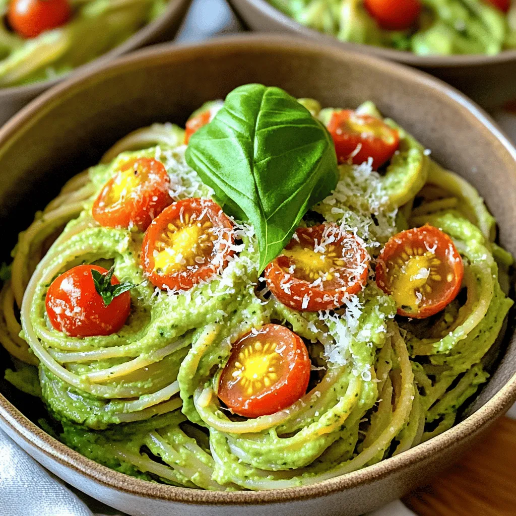 To make creamy avocado pasta, gather these essential ingredients: - 2 ripe avocados, pitted and peeled - 2 cloves garlic, minced - 1/4 cup fresh basil leaves, plus extra for garnish - 2 tablespoons lemon juice - 1/4 teaspoon red pepper flakes (optional) - 1/2 cup Greek yogurt or dairy-free yogurt - Salt and black pepper to taste - 8 oz whole wheat or gluten-free spaghetti - 1/4 cup cherry tomatoes, halved (for garnish) - Grated Parmesan cheese or nutritional yeast (for topping) These ingredients create a rich and creamy sauce. The avocados provide healthy fats, while the yogurt adds creaminess. You can enhance your dish with these optional garnishes: - Extra basil leaves for freshness - Cherry tomatoes for a pop of color - Grated Parmesan cheese for a salty kick - Nutritional yeast for a vegan option These toppings add flavor and make the dish visually appealing. Feel free to mix and match based on your taste! If you have special dietary needs, here are some swaps: - Use gluten-free pasta for a gluten-free option. - Swap Greek yogurt with silken tofu for a vegan alternative. - Replace lemon juice with lime juice for a twist. These substitutions keep the dish delicious while fitting your dietary needs. You can find the full recipe to guide you through the cooking process. Start by boiling a large pot of salted water. Add 8 ounces of whole wheat or gluten-free spaghetti. Cook the pasta until it is al dente, about 8 to 10 minutes. Make sure to check the package for exact times. Once cooked, reserve 1/2 cup of pasta water. This water will help make the sauce creamy. Drain the pasta and set it aside. While the pasta cooks, it’s time to whip up the creamy avocado sauce. Grab a food processor and add two ripe avocados, two minced garlic cloves, and 1/4 cup of fresh basil leaves. Pour in 2 tablespoons of lemon juice and add 1/2 cup of Greek yogurt. If you like a little heat, toss in 1/4 teaspoon of red pepper flakes. Blend this mixture until it is smooth and creamy. If the sauce feels too thick, slowly add some of the reserved pasta water. Blend again until you reach the right consistency. Season with salt and black pepper to taste. In a large mixing bowl, combine the drained spaghetti with the avocado sauce. Toss it well to coat every strand of pasta. You want the sauce to hug the spaghetti. Serve the pasta right away in bowls. For a pretty finish, garnish with halved cherry tomatoes, more basil leaves, and a sprinkle of grated Parmesan cheese or nutritional yeast. This dish is best enjoyed fresh, so dig in! For the full recipe, check above. To pick the best avocados, look for ones that feel soft but firm. Gently squeeze the fruit in your palm. If it gives slightly, it is ripe. Avoid avocados that feel mushy or have dark spots. These signs mean they are overripe. If you find hard avocados, leave them on the counter for a few days to ripen. The key to creamy avocado pasta is using ripe avocados. They should blend smoothly. For extra creaminess, add Greek yogurt. It makes the sauce rich without overpowering the avocado flavor. If the sauce is too thick, add some reserved pasta water, a little at a time. This helps you reach your desired texture. If you have leftovers, store them in an airtight container. Cover the surface of the sauce with plastic wrap to limit air exposure. This helps prevent browning. You can keep it in the fridge for up to two days. When ready to eat, mix it well again. You might need to add a splash of water or lemon juice to revive the creaminess. Enjoy this quick and flavorful meal anytime! {{image_2}} To make your creamy avocado pasta heartier, you can add protein. Grilled chicken is a great choice. Just slice it and mix it in with the pasta. Shrimp also works well. Cook them in a pan with a bit of olive oil before adding. For a plant-based option, try chickpeas or lentils. They add both protein and fiber. Simply stir them into the pasta for a filling meal. If you need a gluten-free meal, use gluten-free spaghetti. It cooks just like regular pasta. For vegan adaptations, swap Greek yogurt for cashew cream or silken tofu. Both options keep the dish creamy. You can also skip the cheese or use nutritional yeast for a cheesy flavor. These changes make the dish suitable for many diets. You can easily boost the flavor of your creamy avocado pasta. Adding fresh lemon zest brightens the dish. A sprinkle of fresh herbs like parsley or cilantro can add freshness. For a kick, mix in more red pepper flakes or a dash of hot sauce. If you love umami, try adding sun-dried tomatoes. They pair well with the creamy sauce. These simple changes can make your meal even more delightful. Feel free to explore the [Full Recipe] for a delicious experience! Creamy Avocado Pasta is a tasty choice for meals. A serving has about 400-500 calories. The calories come mainly from the pasta and avocados. Whole wheat pasta adds fiber, while avocados are healthy fats. - Avocados: Packed with vitamins E, K, and C, avocados support heart health. They also have fiber, which helps digestion. - Greek Yogurt: This adds creaminess and protein. It is good for gut health thanks to probiotics. - Garlic: Garlic is great for your immune system. It may lower blood pressure and improve heart health. - Basil: This herb has antioxidants. It adds flavor and may help with inflammation. Pair this pasta with a green salad for extra vitamins. Add grilled chicken or chickpeas for protein. For a complete meal, serve it with roasted vegetables. This adds fiber and more nutrients. To make this dish vegan, swap Greek yogurt for dairy-free yogurt. You can also skip any cheese. Just use nutritional yeast for a cheesy flavor. This keeps the creaminess while being plant-based. Yes, you can prepare the sauce ahead of time. Store it in the fridge for up to two days. Add a splash of lemon juice to keep it fresh. Cook the pasta right before serving for the best taste. You can use silken tofu or cashew cream instead of Greek yogurt. Both options offer a smooth texture. They also add creaminess to your dish without dairy. Absolutely! You can pick any pasta you like. Whole wheat, gluten-free, or even zoodles work great. Just adjust the cooking time based on the pasta you choose. Add more red pepper flakes or a pinch of cayenne pepper. You can also include fresh jalapeños for a kick. Start with a small amount and taste as you go. For toppings, try cherry tomatoes, fresh basil, or crushed nuts. Grated Parmesan or nutritional yeast adds a nice touch too. These add color and extra flavor to your dish. Store leftovers in an airtight container in the fridge. Keep the pasta and sauce separate if possible. This helps maintain the creaminess. Consume within two days for the best flavor. Freezing this dish is not ideal. The avocado sauce may change texture when thawed. It's best enjoyed fresh or stored in the fridge for a few days. This meal takes about 20 minutes from start to finish. It’s quick and easy, perfect for busy days. You can enjoy a delicious meal without much fuss. For the full recipe, check out the detailed instructions above. In this blog post, I shared how to make creamy avocado pasta. We covered the key ingredients, step-by-step instructions, and helpful tips. I also highlighted variations and nutritional information. Remember, ripe avocados are key for the best flavor and texture. Feel free to swap ingredients to meet your needs. Enjoy customizing your dish with your favorite toppings and proteins. This pasta is not just tasty; it's also healthy. Dive into this fresh and creamy dish whenever you need a quick meal. Your taste buds will thank you!