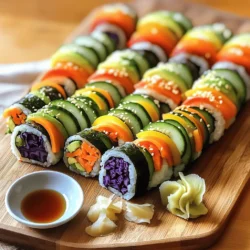For the rainbow veggie sushi rolls, gather these fresh ingredients: - 2 cups sushi rice - 2 1/2 cups water - 1/4 cup rice vinegar - 1 tablespoon sugar - 1 teaspoon salt - 4 sheets nori (seaweed) - 1 small cucumber, julienned - 1 carrot, peeled and julienned - 1 bell pepper (any color), thinly sliced - 1 avocado, sliced - 1 cup purple cabbage, thinly sliced - 1/4 cup sesame seeds (for garnish) - Soy sauce and pickled ginger (for serving) Each veggie in your sushi roll offers great health perks: - Cucumber: Hydrating and low in calories, it supports digestion. - Carrot: Packed with beta-carotene, it helps your vision and skin. - Bell Pepper: Full of vitamin C, it boosts your immune system. - Avocado: Rich in healthy fats, it promotes heart health. - Purple Cabbage: High in antioxidants, it may reduce inflammation. You can swap ingredients based on taste or availability: - Sushi Rice: Use short-grain brown rice for a nutty flavor. - Nori: If you can’t find nori, use rice paper or lettuce wraps. - Vegetables: Feel free to add radishes, spinach, or zucchini. - Sesame Seeds: Substitute with chia seeds or sunflower seeds. - Soy Sauce: Use tamari for a gluten-free option. These substitutions let you customize your sushi while still keeping it colorful and tasty. For the full process, check the Full Recipe. To start, rinse the sushi rice in cold water. This step removes extra starch. When the water runs clear, you are good to go. Next, combine the rinsed rice and water in a pot. Bring this to a boil over medium heat. Once it boils, lower the heat. Cover the pot and let it simmer for 20 minutes. The rice will absorb the water and become fluffy. After cooking, let it sit covered for another 10 minutes. This extra time helps the rice finish cooking. In a small bowl, mix rice vinegar, sugar, and salt. Stir until everything dissolves. This is your sushi vinegar. After the rice rests, transfer it to a large bowl. Gently fold in the sushi vinegar. Allow the rice to cool to room temperature before you roll. Now, let’s roll! Place a bamboo sushi mat on a clean surface. Set a sheet of nori, shiny side down, on the mat. Wet your hands to stop the rice from sticking. Spread about 1/2 cup of sushi rice over the nori. Leave an inch at the top edge without rice. Next, layer some of each vegetable at the bottom edge of the rice. You can use cucumber, carrot, bell pepper, avocado, and cabbage. Starting at the bottom, roll the sushi tightly using the mat. Apply gentle pressure to keep it compact. Roll until you reach the uncovered edge. Use a bit of water to seal the roll. Take a sharp knife and slice the roll into 6-8 pieces. Wipe the knife between cuts for cleaner slices. Repeat this with the other nori sheets and fillings. Once finished, sprinkle sesame seeds on the sushi rolls. This adds flavor and a nice crunch. Serve the rainbow veggie sushi rolls on a platter. Add soy sauce and pickled ginger on the side for dipping. The colorful presentation makes this dish a treat for the eyes and the taste buds. For the full recipe, check the earlier section. Enjoy your sushi-making adventure! Rolling sushi takes a bit of practice, but it’s fun! Start with a clean surface. Use a bamboo sushi mat for the best results. Place the nori on the mat, shiny side down. Spread the rice evenly, leaving the top edge clear. This helps seal the roll later. Use gentle pressure when rolling. Tightly roll from the bottom while tucking the filling in. Wet the edge of the nori to help it stick. Finally, let it rest seam-side down for a moment. This makes slicing easier. To keep your sushi fresh, wrap each roll in plastic wrap. This keeps moisture in and prevents it from drying out. Store the wrapped sushi in the fridge. Eat it within 24 hours for the best taste. If you have leftover sushi rice, keep it in an airtight container. Avoid putting rice in the fridge, as it can dry out. Instead, use it within a day for best results. Gathering the right tools makes sushi-making easier. Here’s what you need: - Bamboo sushi mat - Sharp knife - Rice cooker or pot - Bowl for sushi rice - Plastic wrap - Measuring cups and spoons These tools help you create beautiful and tasty sushi rolls. With practice, you will impress friends and family! For the full recipe, please refer to the earlier section. {{image_2}} You can change the fillings in your rainbow veggie sushi rolls for new tastes. Try using different veggies. For a spicy kick, add jalapeños or radishes. If you want a sweet touch, use mango slices or roasted sweet potatoes. For a protein boost, add tofu or cooked shrimp. Mixing flavors keeps every roll exciting. Rainbow veggie sushi rolls are great for everyone. If you prefer vegetarian or vegan options, skip any animal products. Use tofu or tempeh for protein. You can also add marinated mushrooms for extra flavor. Always check your sauces. Soy sauce is usually vegan, but some may not be. Choose what fits your diet. Dipping sauces can change how your sushi tastes. Soy sauce is classic, but you can make it special. Mix soy sauce with wasabi for heat. Or try a sweet sauce with soy sauce and honey. For a fresh twist, mix sesame oil, lime juice, and chili flakes. Each sauce adds a fun layer to your meal. Explore more to find your favorite combinations. You can always refer to the Full Recipe for more ideas! Storing leftover rainbow veggie sushi rolls is simple. First, wrap each roll in plastic wrap. This keeps them fresh and prevents them from drying out. Place the wrapped sushi in an airtight container. Store it in the fridge for up to two days. If you want to enjoy them later, do not add soy sauce or pickled ginger until serving. Sushi is best enjoyed fresh, but you can reheat it if needed. First, remove any excess wrapping. Microwave the sushi for about 10 to 15 seconds on a low setting. Check to see if it is warm enough. Be careful not to overheat it, as this may make the rice tough. Sushi is still tasty when warm, but it won’t be the same as fresh. Freezing sushi rolls is a good option for long-term storage. Wrap each roll tightly in plastic wrap, then place them in a freezer bag. Label the bag with the date. You can freeze the rolls for about one month. To eat, thaw the rolls in the fridge overnight. Do not refreeze once thawed. Enjoy the fresh taste of your rainbow veggie sushi rolls again! For full instructions on making these rolls, be sure to check the Full Recipe. To make sushi rice fluffy, rinse it well. Use cold water and rinse until clear. This washes away extra starch. After cooking, let the rice sit for a bit. Cover it and let it rest for 10 minutes. Then, gently mix in the vinegar mixture. This adds flavor and keeps the rice light. Yes, you can use brown rice for sushi. It adds a nutty taste and is healthier. Brown rice takes longer to cook, so adjust the water and time. Aim for a softer texture. This makes it easier to roll. Keep in mind, it won't stick as much as white sushi rice. Common mistakes include overcooking the rice or using too much water. Also, don’t pack the rice too tightly when rolling. This can make the rolls fall apart. Another mistake is not using fresh ingredients. Fresh veggies and fish make a big difference. Finally, don’t forget to wet your knife when slicing the rolls. This helps create clean cuts. For more tips, check out the Full Recipe. This blog post shared a complete guide on making rainbow veggie sushi. We covered the key ingredients and their nutritional benefits. You learned step-by-step instructions and tips for perfect rolls. We also discussed various filling options and how to store leftovers. Creating sushi at home can be fun and rewarding. With practice, you can enjoy fresh sushi anytime. Remember to try different flavors and fillings. Your sushi adventure awaits!