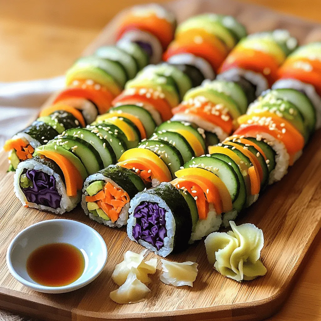 For the rainbow veggie sushi rolls, gather these fresh ingredients: - 2 cups sushi rice - 2 1/2 cups water - 1/4 cup rice vinegar - 1 tablespoon sugar - 1 teaspoon salt - 4 sheets nori (seaweed) - 1 small cucumber, julienned - 1 carrot, peeled and julienned - 1 bell pepper (any color), thinly sliced - 1 avocado, sliced - 1 cup purple cabbage, thinly sliced - 1/4 cup sesame seeds (for garnish) - Soy sauce and pickled ginger (for serving) Each veggie in your sushi roll offers great health perks: - Cucumber: Hydrating and low in calories, it supports digestion. - Carrot: Packed with beta-carotene, it helps your vision and skin. - Bell Pepper: Full of vitamin C, it boosts your immune system. - Avocado: Rich in healthy fats, it promotes heart health. - Purple Cabbage: High in antioxidants, it may reduce inflammation. You can swap ingredients based on taste or availability: - Sushi Rice: Use short-grain brown rice for a nutty flavor. - Nori: If you can’t find nori, use rice paper or lettuce wraps. - Vegetables: Feel free to add radishes, spinach, or zucchini. - Sesame Seeds: Substitute with chia seeds or sunflower seeds. - Soy Sauce: Use tamari for a gluten-free option. These substitutions let you customize your sushi while still keeping it colorful and tasty. For the full process, check the Full Recipe. To start, rinse the sushi rice in cold water. This step removes extra starch. When the water runs clear, you are good to go. Next, combine the rinsed rice and water in a pot. Bring this to a boil over medium heat. Once it boils, lower the heat. Cover the pot and let it simmer for 20 minutes. The rice will absorb the water and become fluffy. After cooking, let it sit covered for another 10 minutes. This extra time helps the rice finish cooking. In a small bowl, mix rice vinegar, sugar, and salt. Stir until everything dissolves. This is your sushi vinegar. After the rice rests, transfer it to a large bowl. Gently fold in the sushi vinegar. Allow the rice to cool to room temperature before you roll. Now, let’s roll! Place a bamboo sushi mat on a clean surface. Set a sheet of nori, shiny side down, on the mat. Wet your hands to stop the rice from sticking. Spread about 1/2 cup of sushi rice over the nori. Leave an inch at the top edge without rice. Next, layer some of each vegetable at the bottom edge of the rice. You can use cucumber, carrot, bell pepper, avocado, and cabbage. Starting at the bottom, roll the sushi tightly using the mat. Apply gentle pressure to keep it compact. Roll until you reach the uncovered edge. Use a bit of water to seal the roll. Take a sharp knife and slice the roll into 6-8 pieces. Wipe the knife between cuts for cleaner slices. Repeat this with the other nori sheets and fillings. Once finished, sprinkle sesame seeds on the sushi rolls. This adds flavor and a nice crunch. Serve the rainbow veggie sushi rolls on a platter. Add soy sauce and pickled ginger on the side for dipping. The colorful presentation makes this dish a treat for the eyes and the taste buds. For the full recipe, check the earlier section. Enjoy your sushi-making adventure! Rolling sushi takes a bit of practice, but it’s fun! Start with a clean surface. Use a bamboo sushi mat for the best results. Place the nori on the mat, shiny side down. Spread the rice evenly, leaving the top edge clear. This helps seal the roll later. Use gentle pressure when rolling. Tightly roll from the bottom while tucking the filling in. Wet the edge of the nori to help it stick. Finally, let it rest seam-side down for a moment. This makes slicing easier. To keep your sushi fresh, wrap each roll in plastic wrap. This keeps moisture in and prevents it from drying out. Store the wrapped sushi in the fridge. Eat it within 24 hours for the best taste. If you have leftover sushi rice, keep it in an airtight container. Avoid putting rice in the fridge, as it can dry out. Instead, use it within a day for best results. Gathering the right tools makes sushi-making easier. Here’s what you need: - Bamboo sushi mat - Sharp knife - Rice cooker or pot - Bowl for sushi rice - Plastic wrap - Measuring cups and spoons These tools help you create beautiful and tasty sushi rolls. With practice, you will impress friends and family! For the full recipe, please refer to the earlier section. {{image_2}} You can change the fillings in your rainbow veggie sushi rolls for new tastes. Try using different veggies. For a spicy kick, add jalapeños or radishes. If you want a sweet touch, use mango slices or roasted sweet potatoes. For a protein boost, add tofu or cooked shrimp. Mixing flavors keeps every roll exciting. Rainbow veggie sushi rolls are great for everyone. If you prefer vegetarian or vegan options, skip any animal products. Use tofu or tempeh for protein. You can also add marinated mushrooms for extra flavor. Always check your sauces. Soy sauce is usually vegan, but some may not be. Choose what fits your diet. Dipping sauces can change how your sushi tastes. Soy sauce is classic, but you can make it special. Mix soy sauce with wasabi for heat. Or try a sweet sauce with soy sauce and honey. For a fresh twist, mix sesame oil, lime juice, and chili flakes. Each sauce adds a fun layer to your meal. Explore more to find your favorite combinations. You can always refer to the Full Recipe for more ideas! Storing leftover rainbow veggie sushi rolls is simple. First, wrap each roll in plastic wrap. This keeps them fresh and prevents them from drying out. Place the wrapped sushi in an airtight container. Store it in the fridge for up to two days. If you want to enjoy them later, do not add soy sauce or pickled ginger until serving. Sushi is best enjoyed fresh, but you can reheat it if needed. First, remove any excess wrapping. Microwave the sushi for about 10 to 15 seconds on a low setting. Check to see if it is warm enough. Be careful not to overheat it, as this may make the rice tough. Sushi is still tasty when warm, but it won’t be the same as fresh. Freezing sushi rolls is a good option for long-term storage. Wrap each roll tightly in plastic wrap, then place them in a freezer bag. Label the bag with the date. You can freeze the rolls for about one month. To eat, thaw the rolls in the fridge overnight. Do not refreeze once thawed. Enjoy the fresh taste of your rainbow veggie sushi rolls again! For full instructions on making these rolls, be sure to check the Full Recipe. To make sushi rice fluffy, rinse it well. Use cold water and rinse until clear. This washes away extra starch. After cooking, let the rice sit for a bit. Cover it and let it rest for 10 minutes. Then, gently mix in the vinegar mixture. This adds flavor and keeps the rice light. Yes, you can use brown rice for sushi. It adds a nutty taste and is healthier. Brown rice takes longer to cook, so adjust the water and time. Aim for a softer texture. This makes it easier to roll. Keep in mind, it won't stick as much as white sushi rice. Common mistakes include overcooking the rice or using too much water. Also, don’t pack the rice too tightly when rolling. This can make the rolls fall apart. Another mistake is not using fresh ingredients. Fresh veggies and fish make a big difference. Finally, don’t forget to wet your knife when slicing the rolls. This helps create clean cuts. For more tips, check out the Full Recipe. This blog post shared a complete guide on making rainbow veggie sushi. We covered the key ingredients and their nutritional benefits. You learned step-by-step instructions and tips for perfect rolls. We also discussed various filling options and how to store leftovers. Creating sushi at home can be fun and rewarding. With practice, you can enjoy fresh sushi anytime. Remember to try different flavors and fillings. Your sushi adventure awaits!