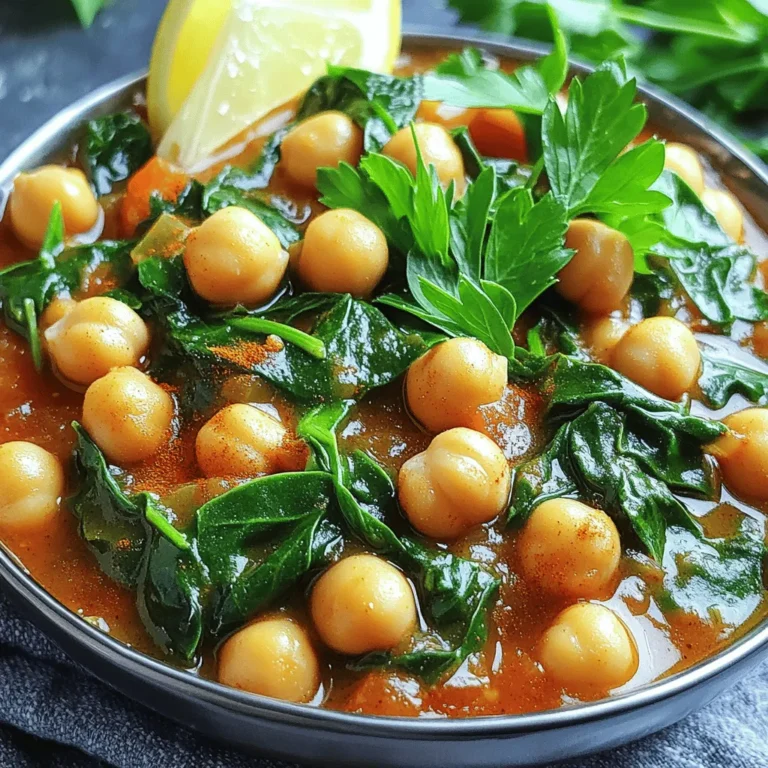 Chickpea and spinach stew is simple yet packed with flavor. Here’s what you need: - Canned chickpeas - Fresh spinach - Onion and garlic - Diced tomatoes - Spices and seasonings - Olive oil and vegetable broth 1. Canned chickpeas: I use two cans of chickpeas. They add protein and fiber. Drain and rinse them before use. 2. Fresh spinach: Four cups of washed and chopped spinach bring color and nutrients. 3. Onion and garlic: One large onion and three cloves of garlic add depth to the flavor. Dice the onion and mince the garlic. 4. Diced tomatoes: One can of diced tomatoes gives the stew a rich base. 5. Spices and seasonings: Use ground cumin, smoked paprika, and cayenne pepper for warmth. Salt and pepper enhance the taste. 6. Olive oil and vegetable broth: Two tablespoons of olive oil help cook the onions. Three cups of vegetable broth create the stew's body. For the full recipe, check out the cooking instructions. You’ll be amazed at how easy it is to create this hearty meal! 1. Start by heating olive oil in a large pot over medium heat. 2. Add the diced onion and sauté for about 5 minutes until it becomes soft. 3. Next, add minced garlic to the pot. Cook for another 1-2 minutes until you smell its rich aroma. 4. Stir in ground cumin, smoked paprika, and cayenne pepper. Cook for one more minute to toast the spices. 1. Pour in the diced tomatoes with their juices and add the vegetable broth. Stir to combine everything well. 2. Now, add the drained chickpeas to the pot. Bring the mixture to a simmer and cook for about 15 minutes. This lets the flavors mix together nicely. 3. Once the stew is simmering, it’s time to add the chopped spinach. Cook for another 5 minutes until the spinach wilts down. 4. Finally, season with salt and pepper to taste. 1. For a nice touch, garnish the stew with chopped parsley. 2. Serve with fresh lemon wedges to brighten the flavors. 3. You can pair this stew with crusty bread or rice for a complete meal. For a detailed recipe, check out the Full Recipe above. To adjust the spiciness of your stew, start with a small amount of cayenne pepper. You can always add more later. If you prefer a milder flavor, leave it out. Taste as you go! For ingredient prep, rinse the chickpeas well. This helps reduce the sodium and makes them taste fresher. Chop the spinach into bite-sized pieces. This allows it to cook evenly and mix well with the other ingredients. Incorporate fresh herbs like basil or cilantro for added flavor. They brighten the dish and add depth. You can also try adding a bay leaf while cooking for a subtle aroma. Optional ingredients can elevate your stew. Consider adding carrots or bell peppers for sweetness. A splash of lemon juice just before serving adds a zing that balances the flavors. For a heartier version, toss in sweet potatoes or zucchini. For the full recipe, check out the Chickpea and Spinach Stew details! {{image_2}} You can easily adapt this chickpea and spinach stew for different diets. It is already vegan and gluten-free. You can also swap ingredients based on your taste. For example, use kale instead of spinach. You can try other beans like kidney or black beans too. They add fun flavors and textures. You can make this stew in various ways. The Instant Pot is a fast option. Just follow the same steps, but set it for 10 minutes under pressure. It saves time and keeps flavors strong. The slow cooker is another choice. Cook it on low for 6 to 8 hours. This method makes the stew rich and hearty. For the full recipe, check out the steps above. Enjoy your cooking adventure! To keep your chickpea and spinach stew fresh, first let it cool. Then, store the stew in an airtight container. Place it in the fridge if you plan to eat it in a few days. It can stay good for about 3 to 5 days. If you want to keep it longer, freezing is a great option. Pour the cooled stew into freezer-safe bags or containers. Make sure to leave some space at the top for expansion. It can last for up to 3 months in the freezer. When you’re ready to eat, just thaw it overnight in the fridge. To reheat your stew safely, you have a few methods. You can use a microwave, stovetop, or oven. If using the microwave, heat in short bursts. Stir after each burst to warm evenly. For stovetop reheating, pour the stew into a pot. Heat over medium heat, stirring often. Add a splash of broth or water if it gets too thick. If you prefer the oven, cover the stew in an oven-safe dish. Heat at 350°F (175°C) for about 20 minutes or until hot. Reheating can change the texture a bit. To keep the flavor, taste and adjust the seasoning if needed. Enjoy your warm, hearty meal again! How can I make chickpea and spinach stew more flavorful? To boost flavor, add more spices. Try extra cumin or paprika. You can also add herbs like thyme or basil. A splash of lemon juice brightens the dish. Lastly, use high-quality vegetable broth for depth. What are the health benefits of chickpeas and spinach? Chickpeas are high in protein and fiber. They help keep you full and support digestion. Spinach is rich in vitamins A, C, and K. It also has iron, which is good for your blood. Together, they make a healthy meal. Can I use fresh chickpeas instead of canned? Yes, you can! Soak fresh chickpeas overnight. Cook them until tender before adding to the stew. This may add more time, but the fresh taste is worth it. How long does chickpea and spinach stew last in the fridge? This stew lasts about 3 to 5 days in the fridge. Store it in an airtight container for best results. What can I serve with chickpea and spinach stew? You can serve this stew with crusty bread or rice. A side salad pairs well too. Try serving it with lemon wedges for a fresh touch. How do I know when the stew is done? The stew is done when the spinach wilts and the chickpeas are hot. It should smell great, and the flavors will meld together. Can I adjust the cooking time for more ingredients? Yes, if you add more chickpeas or spinach, increase the cooking time slightly. Just ensure everything is heated through and combined well. In this blog post, we explored how to make a delicious chickpea and spinach stew. We covered the key ingredients, step-by-step instructions, and serving tips. You learned helpful cooking advice and variations to fit your diet. Overall, this dish is simple and full of flavor. Experiment with spices and ingredients to make it your own. Enjoy your cooking journey and delight in each warm bowl of goodness!