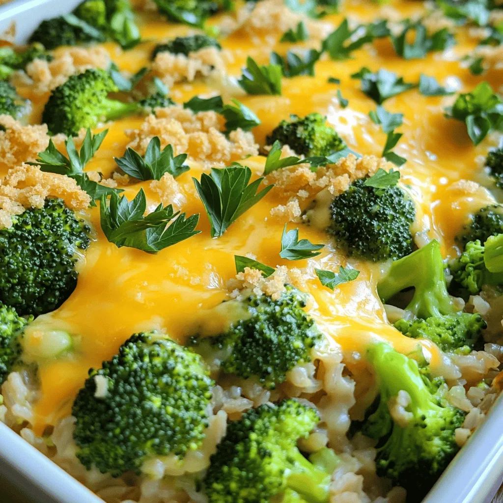 To make this tasty dish, you need a few key items: - 2 cups cooked brown rice - 3 cups fresh broccoli florets - 1 cup shredded sharp cheddar cheese - 1 cup cream of mushroom soup - 1/2 cup sour cream - 1/2 cup milk These ingredients blend well to create a creamy and cheesy mix that makes your taste buds dance. You can add some extra flavors if you want: - 1 teaspoon garlic powder - 1 teaspoon onion powder - 1/4 cup breadcrumbs (for topping) - 2 tablespoons olive oil (for greasing) These options let you customize your casserole and make it even more delicious. Don’t forget to season your dish! Here are some ideas: - Salt and pepper to taste - Other spices like paprika or cayenne for a kick Good seasoning can really enhance the flavors in your casserole. You can always adjust based on your taste. For the full recipe, check out the [Full Recipe]. To start, you need to blanch the fresh broccoli florets. This means you will quickly cook them in boiling water. Bring a large pot of water to a boil. Add the broccoli florets and let them cook for 2-3 minutes. You want them bright green and just tender. Remove them from the pot and drain well. Set the broccoli aside. Next, it’s time to mix everything together. In a large mixing bowl, combine the cooked brown rice and the blanched broccoli. Then, add the shredded sharp cheddar cheese, cream of mushroom soup, sour cream, and milk. Sprinkle in garlic powder, onion powder, salt, and pepper. Mix well until all ingredients are nicely combined. Now, preheat your oven to 350°F (175°C). Grease a 9x13 inch baking dish with olive oil. Pour the broccoli rice mixture into the dish and spread it out evenly. If you like a crunchy top, sprinkle breadcrumbs over the mixture. Bake it in the oven for 25-30 minutes. You want it bubbly and the top should be lightly golden. Once done, let it sit for 5-10 minutes before serving. Enjoy this creamy and delicious dish! For the full recipe, check out the previous section. To avoid a dry casserole, use enough creamy elements. The cream of mushroom soup and sour cream add moisture. If your casserole seems dry after baking, add a splash of milk before serving. Stir it in gently to keep the texture smooth. For even cooking, mix all ingredients well. Ensure the rice and broccoli are evenly distributed. This helps everything cook at the same rate. Spread the mixture flat in the baking dish. A 9x13 inch dish works great for even heat. For ideal garnishes, sprinkle fresh parsley on top. It adds color and a hint of flavor. You can also add more cheese for extra cheesiness. Serve it warm in the baking dish. This keeps it cozy and inviting. Pair your casserole with a simple green salad. A light vinaigrette balances the richness. You can also serve it with garlic bread for a hearty meal. The crunch fits nicely with the creamy casserole. To adjust the recipe for more servings, double the ingredients. Use a larger baking dish, like a 12x18 inch pan. This keeps the cooking time similar. If you make more, check for doneness with a toothpick. For reheating leftovers, the oven is best. Preheat it to 350°F (175°C). Place the casserole in a covered dish. This keeps moisture in. Heat for about 20 minutes or until warm. You can also use a microwave, but be careful not to dry it out. For more tips, check the Full Recipe. {{image_2}} You can make some smart swaps for a healthier dish. - Using cauliflower rice: This swap cuts carbs and boosts veggies. Just pulse cauliflower in a food processor until it's rice-sized. Blanch it like you do with broccoli. - Dairy-free options: Use plant-based cheese and cream. Almond or cashew milk works well here. This keeps the flavor but makes it lighter. Want to spice things up? Add some new flavors! - Adding cooked meats: Cooked chicken or crispy bacon gives a nice twist. Just stir them in with the rice and veggies. - Introducing different cheese types: Try mozzarella, gouda, or pepper jack. Each cheese adds its own taste and texture to the casserole. Seasonal veggies can make your casserole shine. - Incorporating other vegetables: Spinach or carrots are great choices. Just chop them and mix them in. They add color and nutrition too. - Making it festive with holiday-themed ingredients: Add roasted butternut squash in the fall or peas during spring. This keeps your dish fresh and fun all year round! For the complete dish, check the Full Recipe. To store leftover casserole, use airtight containers. Glass or plastic containers work well. Make sure the casserole cools down before sealing. It stays fresh in the fridge for about 3-4 days. If you want to keep it longer, consider freezing. When reheating, you want to keep it moist. For the best results, use the oven. Preheat to 350°F (175°C) and cover the dish with foil. Heat for about 20 minutes, checking often. You can also use the microwave. Heat in short bursts, stirring in between to avoid dry spots. To freeze, you can do it before or after baking. If freezing before baking, wrap the dish tightly in plastic wrap and foil. It can last for up to 3 months in the freezer. To thaw, place it in the fridge overnight. For the best texture, bake it straight from the fridge instead of the freezer. This keeps it creamy and delicious. For more details, check the Full Recipe. Yes, you can use white rice. White rice cooks faster than brown rice. It has a softer texture. This makes it a good choice for a creamy casserole. However, brown rice has more fiber and nutrients. It adds a nice chewy texture. If you choose white rice, adjust the cooking time. Cook the rice just until tender. To make this casserole gluten-free, choose gluten-free cream of mushroom soup. You can find this in stores or make it at home. Use gluten-free breadcrumbs for topping if desired. Always check labels for hidden gluten in products. You can also replace sour cream with a dairy-free version. This way, everyone can enjoy this dish. Absolutely! You can prepare this casserole in advance. Just mix all the ingredients and put them in a dish. Cover it and store it in the fridge for up to 24 hours. When ready to bake, allow it to sit at room temperature for 30 minutes. Then bake as directed in the Full Recipe. This saves time on busy days. In this post, we explored the key ingredients for a cheesy broccoli rice casserole, from brown rice to sharp cheddar cheese. You learned step-by-step instructions for preparation and baking. I shared tips for perfecting your dish and making variations to suit your taste. Effective storage and reheating methods ensure you enjoy your casserole later. Remember, cooking is fun and creative! Use this guide to make the perfect casserole for any occasion. Enjoy every bite of your delicious creation!