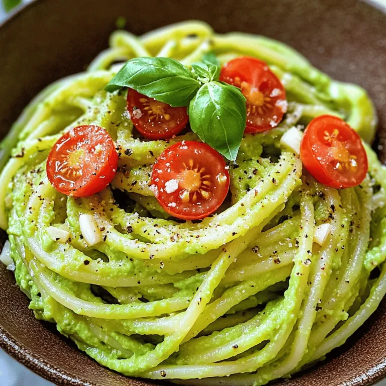 To make a delicious creamy avocado pasta, you need fresh and simple ingredients. Here’s what you will need: - 2 ripe avocados - 2 cloves garlic, minced - 1 tablespoon lemon juice - 1/4 cup fresh basil leaves, packed - 1/2 cup Greek yogurt (or vegan alternative) - 3 tablespoons olive oil - Salt and pepper to taste - 12 oz spaghetti or your choice of pasta - 1/4 cup grated Parmesan cheese (optional) - Cherry tomatoes and extra basil for garnish Each ingredient plays a key role. The avocados give a smooth texture. Garlic adds flavor. Lemon juice brings brightness. The Greek yogurt makes it creamy. Olive oil adds richness. Salt and pepper enhance all the tastes. I always recommend using ripe avocados. They should feel soft but not mushy. Fresh basil adds a lovely smell and taste. If you want to make it vegan, swap Greek yogurt for a plant-based option. This creamy avocado pasta is a full meal. It’s quick to prepare, taking about 20 minutes. You can find the full recipe for step-by-step guidance. Enjoy creating this simple and tasty dish! - Start by boiling salted water in a large pot. - Add 12 oz of spaghetti and cook it as the package says. - Once done, reserve 1 cup of the pasta water before draining. - While the pasta cooks, scoop the flesh from 2 ripe avocados. - Put the avocado in a food processor. - Add 2 cloves of minced garlic, 1 tablespoon of lemon juice, and 1/4 cup of fresh basil. - Next, add 1/2 cup of Greek yogurt and 3 tablespoons of olive oil. - Blend everything until it becomes smooth and creamy. - If the sauce seems too thick, add some reserved pasta water to thin it out. - In a large mixing bowl, toss the cooked pasta with the creamy avocado sauce. - Mix gently to coat the pasta evenly. - If the sauce sticks, add more reserved pasta water to help it coat. For the full recipe, check out the complete details above. - Look for ripe avocados that yield slightly when pressed. - Avoid avocados with dark spots or blemishes. When I pick avocados, I gently press them. They should feel soft but not mushy. Ripe avocados are key to making creamy pasta. Dark spots mean they may be overripe, which can spoil your dish. - Experiment with additional herbs or spices like chili flakes. - Drizzle with balsamic glaze for a tangy finish. Adding flavors can make your dish pop. I love using fresh herbs like parsley or basil. A sprinkle of chili flakes adds warmth and spice. A drizzle of balsamic glaze gives a nice tang. It balances the creaminess and makes it special. - Add lemon juice to prevent browning of the avocado sauce. Lemon juice is a must for keeping the sauce fresh. It stops the avocado from turning brown. Just a tablespoon in the sauce works wonders. This way, your pasta stays vibrant and inviting. {{image_2}} You can make this dish vegan by swapping out the Greek yogurt. Use a plant-based yogurt instead. Nutritional yeast gives a cheesy flavor without dairy. It works perfectly with the creamy avocado. Want more protein? You can add grilled chicken or chickpeas. Grilled chicken adds a nice texture. Chickpeas are a great plant-based option. Both choices make the meal heartier and more filling. If you prefer gluten-free meals, no problem! Just use gluten-free pasta. There are many tasty options available now. This way, you can enjoy your creamy avocado pasta without worry. Keep any leftovers in an airtight container in the fridge for up to 2 days. This will help maintain the fresh taste and creamy texture. If you store it right away, it will taste just as good the next day. When you are ready to enjoy the pasta again, reheat it gently. Use a pan on low heat. Add a splash of water to the pan. This helps loosen the sauce so it does not dry out. Stir often to keep it creamy and warm. Freezing is not recommended for this dish. The texture of the avocado sauce changes when frozen. It may become grainy and lose its smoothness. For the best flavor and texture, enjoy it fresh! If you want to make it ahead, prepare the sauce separately and store it in the fridge. You can cook the pasta fresh when you are ready to eat. Simply substitute Greek yogurt with a vegan alternative and omit cheese. You can use cashew cream or silken tofu for creaminess. This change keeps the dish rich without dairy. Your pasta will still taste great! Yes, feel free to use any pasta of your choice, including gluten-free options. Spaghetti works well, but you can try penne or fusilli. Each type gives a unique twist to your creamy avocado pasta. Avocados are rich in healthy fats, vitamins, and antioxidants. They support heart health and provide fiber. Eating avocados may help lower cholesterol levels and keep you full longer. This makes them a great choice for a healthy meal. Best consumed within 2 days for optimal freshness and creaminess. The sauce may brown after a day, but lemon juice helps slow this down. Store it in an airtight container to keep it fresh longer. Enjoy your creamy avocado pasta while it’s at its best! This creamy avocado pasta is simple and delicious. You only need ripe avocados, fresh herbs, and Greek yogurt. Following the easy steps makes cooking fun. Remember to pick good avocados and adjust the sauce for the best taste. Trying different proteins or vegan options can make this dish even better. Store leftovers in the fridge for a quick meal. Enjoy your cooking and make it your own!