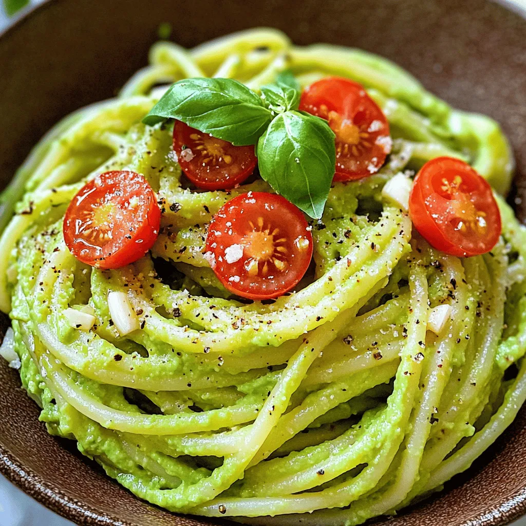 To make a delicious creamy avocado pasta, you need fresh and simple ingredients. Here’s what you will need: - 2 ripe avocados - 2 cloves garlic, minced - 1 tablespoon lemon juice - 1/4 cup fresh basil leaves, packed - 1/2 cup Greek yogurt (or vegan alternative) - 3 tablespoons olive oil - Salt and pepper to taste - 12 oz spaghetti or your choice of pasta - 1/4 cup grated Parmesan cheese (optional) - Cherry tomatoes and extra basil for garnish Each ingredient plays a key role. The avocados give a smooth texture. Garlic adds flavor. Lemon juice brings brightness. The Greek yogurt makes it creamy. Olive oil adds richness. Salt and pepper enhance all the tastes. I always recommend using ripe avocados. They should feel soft but not mushy. Fresh basil adds a lovely smell and taste. If you want to make it vegan, swap Greek yogurt for a plant-based option. This creamy avocado pasta is a full meal. It’s quick to prepare, taking about 20 minutes. You can find the full recipe for step-by-step guidance. Enjoy creating this simple and tasty dish! - Start by boiling salted water in a large pot. - Add 12 oz of spaghetti and cook it as the package says. - Once done, reserve 1 cup of the pasta water before draining. - While the pasta cooks, scoop the flesh from 2 ripe avocados. - Put the avocado in a food processor. - Add 2 cloves of minced garlic, 1 tablespoon of lemon juice, and 1/4 cup of fresh basil. - Next, add 1/2 cup of Greek yogurt and 3 tablespoons of olive oil. - Blend everything until it becomes smooth and creamy. - If the sauce seems too thick, add some reserved pasta water to thin it out. - In a large mixing bowl, toss the cooked pasta with the creamy avocado sauce. - Mix gently to coat the pasta evenly. - If the sauce sticks, add more reserved pasta water to help it coat. For the full recipe, check out the complete details above. - Look for ripe avocados that yield slightly when pressed. - Avoid avocados with dark spots or blemishes. When I pick avocados, I gently press them. They should feel soft but not mushy. Ripe avocados are key to making creamy pasta. Dark spots mean they may be overripe, which can spoil your dish. - Experiment with additional herbs or spices like chili flakes. - Drizzle with balsamic glaze for a tangy finish. Adding flavors can make your dish pop. I love using fresh herbs like parsley or basil. A sprinkle of chili flakes adds warmth and spice. A drizzle of balsamic glaze gives a nice tang. It balances the creaminess and makes it special. - Add lemon juice to prevent browning of the avocado sauce. Lemon juice is a must for keeping the sauce fresh. It stops the avocado from turning brown. Just a tablespoon in the sauce works wonders. This way, your pasta stays vibrant and inviting. {{image_2}} You can make this dish vegan by swapping out the Greek yogurt. Use a plant-based yogurt instead. Nutritional yeast gives a cheesy flavor without dairy. It works perfectly with the creamy avocado. Want more protein? You can add grilled chicken or chickpeas. Grilled chicken adds a nice texture. Chickpeas are a great plant-based option. Both choices make the meal heartier and more filling. If you prefer gluten-free meals, no problem! Just use gluten-free pasta. There are many tasty options available now. This way, you can enjoy your creamy avocado pasta without worry. Keep any leftovers in an airtight container in the fridge for up to 2 days. This will help maintain the fresh taste and creamy texture. If you store it right away, it will taste just as good the next day. When you are ready to enjoy the pasta again, reheat it gently. Use a pan on low heat. Add a splash of water to the pan. This helps loosen the sauce so it does not dry out. Stir often to keep it creamy and warm. Freezing is not recommended for this dish. The texture of the avocado sauce changes when frozen. It may become grainy and lose its smoothness. For the best flavor and texture, enjoy it fresh! If you want to make it ahead, prepare the sauce separately and store it in the fridge. You can cook the pasta fresh when you are ready to eat. Simply substitute Greek yogurt with a vegan alternative and omit cheese. You can use cashew cream or silken tofu for creaminess. This change keeps the dish rich without dairy. Your pasta will still taste great! Yes, feel free to use any pasta of your choice, including gluten-free options. Spaghetti works well, but you can try penne or fusilli. Each type gives a unique twist to your creamy avocado pasta. Avocados are rich in healthy fats, vitamins, and antioxidants. They support heart health and provide fiber. Eating avocados may help lower cholesterol levels and keep you full longer. This makes them a great choice for a healthy meal. Best consumed within 2 days for optimal freshness and creaminess. The sauce may brown after a day, but lemon juice helps slow this down. Store it in an airtight container to keep it fresh longer. Enjoy your creamy avocado pasta while it’s at its best! This creamy avocado pasta is simple and delicious. You only need ripe avocados, fresh herbs, and Greek yogurt. Following the easy steps makes cooking fun. Remember to pick good avocados and adjust the sauce for the best taste. Trying different proteins or vegan options can make this dish even better. Store leftovers in the fridge for a quick meal. Enjoy your cooking and make it your own!