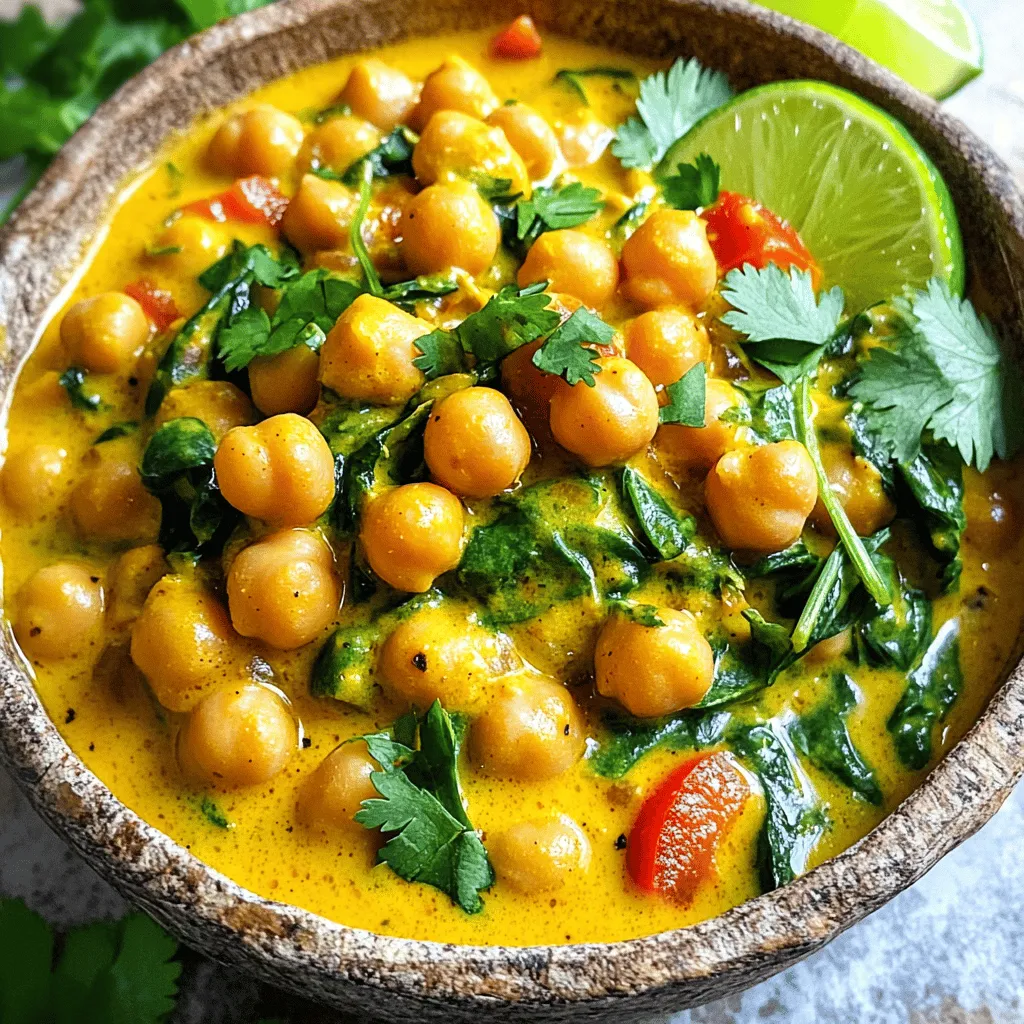 - 2 cans (15 oz each) chickpeas, drained and rinsed - 1 can (14 oz) coconut milk - 1 medium onion, finely chopped - 3 cloves garlic, minced - 1 inch ginger, grated - 1 red bell pepper, diced - 1 cup spinach (fresh or frozen) - 2 tablespoons olive oil - Salt and pepper to taste Chickpeas form the base of this dish. They add protein and fiber. I use two cans for a hearty texture. Coconut milk brings creaminess and a hint of sweetness. It balances all the spices well. Aromatics like onion, garlic, and ginger add depth. They create a strong flavor foundation. - 2 tablespoons curry powder - 1 teaspoon ground cumin - 1 teaspoon turmeric Spices turn this dish into a flavor bomb. Curry powder gives warmth and a rich taste. Ground cumin adds earthiness. Turmeric brings a vibrant color and has health benefits. Combining these spices makes every bite exciting. - Fresh cilantro - Lime wedges Garnishes elevate your dish. Fresh cilantro adds brightness and a pop of color. Lime wedges bring acidity, balancing the creaminess. These finishes make your meal look and taste gourmet. For a full experience, I suggest trying the Full Recipe. First, gather all your ingredients. This makes cooking easy. Chop the onion, garlic, and ginger into small pieces. Rinse the chickpeas in a strainer. Drain them well. Wash your spinach if it's fresh. If you use frozen spinach, no need to wash. Next, clean your cooking space. Make sure your skillet and utensils are ready. Having everything in place helps you cook smoothly. Heat two tablespoons of olive oil in a large skillet over medium heat. Add the chopped onion. Sauté it until golden and soft. This should take about five minutes. Now, stir in the minced garlic and grated ginger. Cook for one to two minutes. This makes your kitchen smell great! Add two tablespoons of curry powder, one teaspoon of ground cumin, and one teaspoon of turmeric. Stir well to coat the onions. Let the spices cook for about one minute. Next, toss in the diced red bell pepper. Sauté it for another two minutes. The pepper adds color and sweetness. Pour in one can of coconut milk and add the drained chickpeas. Stir until well mixed. Bring the mixture to a gentle simmer. Let it cook for around ten to fifteen minutes. Stir occasionally to avoid sticking. Now it's time to add the greens. Stir in one cup of spinach. If you use fresh spinach, cook until it wilts. If you use frozen, heat it through for two to three minutes. Season with salt and pepper to taste. Adjust the seasoning as needed. You can now serve this dish hot. Garnish with fresh cilantro and lime wedges for a burst of flavor. For the full recipe, feel free to explore the detailed steps! To make your chickpea curry shine, focus on spice levels. Add more curry powder if you like heat. A pinch of red pepper flakes adds a nice kick too. Balancing acidity and creaminess is key. Use fresh lime juice to brighten the dish. This lifts the rich coconut milk and makes each bite pop. For simmering, use a heavy skillet or Dutch oven. These help distribute heat evenly. Stir regularly to avoid sticking and burning. If the curry thickens too fast, add a splash of water. This keeps the texture just right. Plating matters! Use a wide bowl to show off the vibrant colors. Top with fresh cilantro for a pop of green. Lime wedges add a fresh touch. Serve with fluffy rice or warm naan on the side. This makes your meal feel complete and inviting. {{image_2}} To make this chickpea curry even more exciting, try adding tofu or tempeh. Both are great sources of protein and soak up flavors well. Just cube the tofu or tempeh and sauté them in olive oil before adding them to the curry. This gives a nice texture and a boost in protein. You can also use lentils instead of chickpeas. Lentils cook faster and are just as healthy. They add a different taste and texture. Use about 1 cup of cooked lentils for each can of chickpeas. This swap keeps the dish hearty and satisfying. Incorporating seasonal vegetables can brighten up your curry. Think about adding zucchini, carrots, or bell peppers. These veggies add color and nutrients. Just chop them into small pieces and add them with the chickpeas. Using sweet potatoes or pumpkin is another great option. They add natural sweetness and make the curry creamy. Peel and cube the sweet potatoes or pumpkin, then cook them until soft before mixing them in. To explore different flavors, try adding regional spices. For example, garam masala can give your curry a warm, aromatic touch. You can also add a pinch of cinnamon or star anise for depth. If you like heat, create a spicy version by adding chili powder or diced jalapeños. Start with a small amount, then taste and adjust as needed. This adds excitement and makes the dish even more memorable. For the full recipe, refer to the Chickpea Curry in Coconut Milk section above. To keep your chickpea curry fresh, use an airtight container. Glass containers work best, but plastic ones are fine too. Make sure to cool the dish before sealing. It can last in the fridge for up to five days. To reheat chickpea curry, use a pot on the stove or a microwave. If you use the stove, heat it on low, stirring often. In the microwave, use short bursts of heat and stir in between. This will help avoid mushiness and keep the texture nice. Yes, you can freeze chickpea curry. Pour it into a freezer-safe container, leaving some space at the top for expansion. It can last for three months in the freezer. When ready to eat, defrost it overnight in the fridge. To warm it up, use the stove or microwave, just like before. Yes, you can make this chickpea curry ahead of time. Preparing meals in advance saves time on busy days. It also allows the flavors to mix and deepen. Store the curry in an airtight container in the fridge. It stays fresh for up to three days. When you are ready to eat, just reheat it on the stove. Absolutely! Chickpea curry is vegan-friendly. It uses plant-based ingredients like chickpeas and coconut milk. This dish is perfect for anyone who follows a vegan diet. It is also great for those who want a healthy meal. You can enjoy this curry without worrying about animal products. You can serve a variety of dishes with chickpea curry. Here are some great options: - Rice: Steamed basmati or jasmine rice works well. - Naan: Warm naan bread is perfect for scooping up curry. - Quinoa: This nutty grain adds a healthy twist. - Salad: A fresh cucumber or tomato salad adds crunch. - Yogurt: A dollop of yogurt can cool the spice. For the complete recipe, check out the [Full Recipe]. In this post, we explored the key ingredients for a delicious chickpea curry, from main elements to spices and garnishes. The step-by-step instructions guide you through preparation, cooking, and final touches. I shared tips for perfect flavor and cooking techniques to help you shine in the kitchen. You can also experiment with variations and know how to store leftovers. Chickpea curry is tasty, healthy, and easy to make. Enjoy your cooking journey and make it your own!
