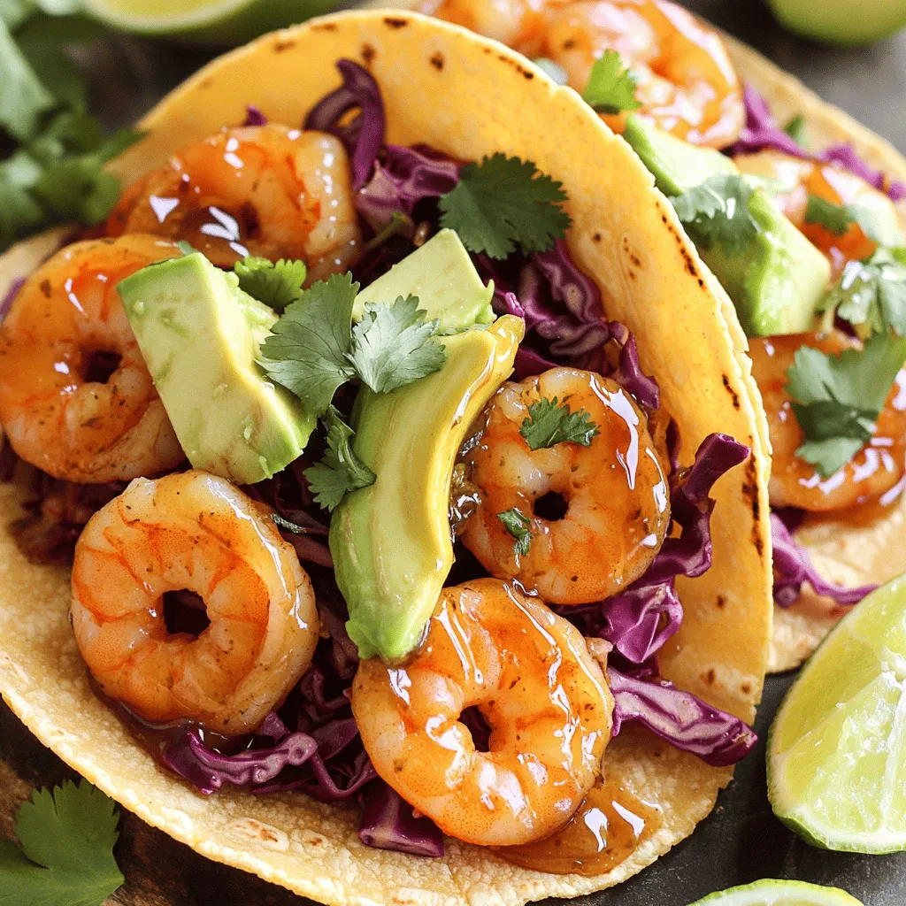 - 1 pound shrimp, peeled and deveined - 3 tablespoons honey - 3 tablespoons soy sauce - 2 cloves garlic, minced - 1 tablespoon sesame oil - 1 teaspoon fresh ginger, grated - 1 tablespoon lime juice - 8 small corn or flour tortillas - 1 cup red cabbage, shredded - 1 avocado, sliced - Fresh cilantro, for garnish - Lime wedges, for serving - Salt and pepper to taste The base of my honey garlic shrimp tacos is fresh shrimp. You want them peeled and deveined for easy eating. Next, we have honey and soy sauce, which create a sweet and salty mix. I love garlic, so I add minced garlic for that rich flavor. Sesame oil gives it a nutty taste, while fresh ginger adds a zing. Lime juice cuts through the sweetness and brightens the dish. For the tacos, I use small corn or flour tortillas. They hold the filling well. Shredded red cabbage adds crunch and color. Sliced avocado gives a creamy texture. Fresh cilantro is a must for garnish. Lastly, lime wedges help to enhance the taste right before you take a bite. These ingredients come together beautifully in my full recipe for honey garlic shrimp tacos. To start, gather your ingredients for the marinade. In a bowl, whisk together: - 3 tablespoons honey - 3 tablespoons soy sauce - 2 cloves garlic, minced - 1 tablespoon sesame oil - 1 teaspoon fresh ginger, grated - 1 tablespoon lime juice This mix brings a sweet and savory flavor to the shrimp. When you combine these ingredients, you create a rich sauce that enhances the shrimp's taste. Next, add the shrimp to the bowl. Make sure every shrimp gets coated in the marinade. Let them sit for at least 15 minutes. If you have time, let them marinate for up to 30 minutes. This will deepen the flavor. Now it's time to cook the shrimp. Heat a little oil in a large skillet over medium heat. Once the oil is hot, add the marinated shrimp. Cook them for about 2-3 minutes on each side. You want them to turn pink and opaque. This means they are done. After cooking, remove the shrimp from heat. Season with salt and pepper to taste. The seasoning will make the shrimp even more tasty. Now for the fun part: assembling the tacos! Warm your tortillas in a separate dry skillet or microwave until they are soft and pliable. On each tortilla, place a handful of shredded cabbage. This adds a nice crunch. Next, add several shrimp on top. Then, finish with a few avocado slices. To bring it all together, garnish with fresh cilantro. A squeeze of lime juice over the top adds a burst of freshness. Your tacos are now ready to enjoy! For the complete recipe, refer to the full recipe section. To get the best taste from your honey garlic shrimp, marinate them for at least 15 minutes. If you have time, go for 30 minutes. This lets the shrimp soak up all the flavors. The honey, soy sauce, and garlic make a tasty mix. The longer they sit, the more flavor they will have. Cooking shrimp is simple but needs care. Heat a bit of oil in a large skillet over medium heat. Once it’s hot, add the marinated shrimp. Cook them for 2-3 minutes on each side. They will turn pink and opaque when done. Be careful not to overcook them. Overcooked shrimp can be tough and chewy. When serving your tacos, start with a base of shredded red cabbage on each tortilla. This adds crunch and color. Then, pile on the cooked shrimp. Top with fresh avocado slices for creaminess. Finish with cilantro and a squeeze of lime juice. You can also serve lime wedges on the side for extra zest. For the full recipe, check out the detailed instructions above. {{image_2}} You can swap shrimp for chicken or tofu. Both options work well in this recipe. For chicken, use boneless thighs or breasts, cut into bite-sized pieces. Marinate them the same way as shrimp. Cook until they reach an internal temperature of 165°F. For tofu, choose firm or extra-firm varieties. Press it to remove excess moisture, then cut into cubes. Marinate and sauté until golden brown. These swaps give you tasty tacos and cater to different diets. Want to spice things up? Add fresh jalapeños to your tacos. Slice them thin and layer them on top of the shrimp. You can also mix diced jalapeños into the marinade for a kick. If you like it hotter, use pickled jalapeños for tangy heat. Adjust the amount based on your spice level. This adds depth to the sweet honey garlic flavor. While I love red cabbage and avocado, you can try other toppings. Use shredded lettuce or arugula for a fresh crunch. Pickled red onions add a tangy bite. You can also use diced tomatoes or corn salsa for a twist. Fresh herbs like mint or basil can replace cilantro. Let your taste buds guide you. Mix and match toppings to find your favorite combination. Check the Full Recipe for more ideas! To keep your tacos fresh, place leftovers in an airtight container. Store them in the fridge. They will stay good for about two days. Make sure the shrimp are separate from the tortillas. This helps prevent sogginess. You can also store the shrimp and toppings separately. This way, they maintain their taste and texture. When you are ready to eat your tacos again, reheat the shrimp in a skillet. Heat them over medium-low heat. Stir them gently until they are warm. This keeps the shrimp tender. For the tortillas, warm them in a dry skillet or microwave. This makes them soft and easy to fold. Avoid overheating, as that may make them tough. You can freeze the shrimp and marinade if you want to save them for later. Place the shrimp in a zip-top bag with the marinade. Squeeze out the air and seal it tightly. You can freeze this for up to three months. When you are ready to cook, thaw it in the fridge overnight. This method preserves the flavors well. For best results, do not freeze cooked shrimp. You can serve many tasty sides with these tacos. Here are some ideas: - Rice: Cilantro lime rice pairs well with the shrimp. - Beans: Black beans or refried beans add protein. - Salad: A fresh salad with lime dressing brightens your meal. - Salsa: Mango or pico de gallo salsa adds a nice touch. - Chips: Tortilla chips with guacamole are a fun snack. Feel free to mix and match these sides based on your taste. They will complement the sweet and savory shrimp. Yes, you can use frozen shrimp. Just follow these steps: 1. Thawing: Place the shrimp in the fridge overnight or run them under cold water for quick thawing. 2. Cooking: Once thawed, pat them dry to remove excess moisture. This helps them sear better. Using frozen shrimp can save time and still give you great flavor. To make these tacos gluten-free, choose corn tortillas. Here’s how: - Tortillas: Make sure to pick tortillas labeled gluten-free. - Soy Sauce: Use gluten-free soy sauce or tamari instead of regular soy sauce. These small changes keep your tacos delicious and safe for those with gluten issues. Enjoy your meal without worry! This blog post covered how to make tasty honey garlic shrimp tacos. We explored the simple ingredients needed, the marinade, and cooking steps. I shared tips for getting the best flavor, cooked shrimp tips, and fun variations like using chicken or adding heat. Don’t forget to store leftovers correctly for later enjoyment. You can easily customize these tacos to your taste. Try different proteins or toppings. Enjoy making this dish and impress others with your cooking!