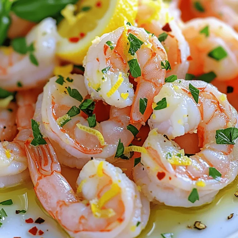 - 1 pound large shrimp, peeled and deveined - 3 tablespoons olive oil - 4 cloves garlic, minced You start with fresh, large shrimp. They should be peeled and deveined to keep the dish clean. The shrimp soak up all the flavors and cook quickly. Olive oil gives a nice base and helps the garlic cook well. Garlic is a must for this dish. It adds a strong, rich flavor that pairs perfectly with shrimp. - Juice and zest of 1 lemon - 1 teaspoon red pepper flakes (optional) - Fresh herbs: parsley and basil Lemon brings a bright taste. The juice adds acidity, and the zest gives a deeper lemon flavor. Red pepper flakes add heat. You can skip them if you prefer a milder dish. Fresh parsley and basil are key herbs. They add freshness and color to your meal. - Salt and pepper to taste Salt and pepper are simple yet important. They enhance all the flavors in your dish. Use them to your liking. Start light, and you can always add more. For the full recipe, check out the detailed steps to create this delicious dish. To start, take your pound of large shrimp, which should be peeled and deveined. In a large bowl, mix the shrimp with 3 tablespoons of olive oil and 4 minced garlic cloves. This blend gives the shrimp a rich flavor. Squeeze the juice of one lemon and add its zest to the bowl. If you enjoy a bit of heat, sprinkle in 1 teaspoon of red pepper flakes. Mix everything well to coat the shrimp evenly. It is important to season with salt and pepper to taste. Cover the bowl with plastic wrap. Let the shrimp marinate in the fridge for about 15 to 20 minutes. This step allows all the flavors to meld together nicely. Now, heat a large skillet over medium-high heat. Once your skillet is hot, add the marinated shrimp. Spread them out in a single layer. Cook the shrimp for about 2 to 3 minutes on one side. You will see them turn pink and opaque. This shift means they are cooking well. After that, flip each shrimp carefully. Continue cooking for an additional 1 to 2 minutes. You want them fully cooked but not overdone, so keep an eye on them. Once the shrimp are done cooking, take the skillet off the heat. Stir in 1 tablespoon each of fresh chopped parsley and basil. This adds a fresh burst of flavor to the dish. Serve your Lemon Garlic Herb Shrimp right away. Drizzle any remaining marinade from the skillet over the top for that extra flavor kick. If you follow this [Full Recipe], your dish will be a hit! To cook shrimp perfectly, aim for 2-3 minutes on one side. Flip the shrimp and cook for another 1-2 minutes. The shrimp will turn pink and opaque when done. An easy way to tell if shrimp are cooked is to look for their curled shape and firm texture. To boost flavor, consider adding spices like paprika or cumin. You can also use fresh herbs such as thyme or dill. To balance the acidity of lemon, pair it with a little honey or maple syrup. This small addition will cut the tartness and make the dish more complex. For a beautiful dish, garnish with lemon slices or fresh herbs. A sprinkle of paprika can add color too. To make it a full meal, serve the shrimp over rice or pasta. You can also pair it with a fresh salad or roasted vegetables for a healthy touch. For the full recipe, check out the [Full Recipe]. {{image_2}} You can add some heat to this dish. Just include more red pepper flakes. If you like it really spicy, add hot sauce. This twist gives you a bold flavor. It wakes up your taste buds. For a creamy version, you can make a sauce. Use heavy cream for a rich taste or coconut milk for a lighter feel. Add the cream to the shrimp while cooking. This makes the dish smooth and delicious. Pair the shrimp with pasta for a hearty meal. Spaghetti or fettuccine work well here. Cook the pasta as you prepare the shrimp. Once the shrimp are done, toss them with the pasta. This creates a filling and flavorful dish. You can find the full recipe for Lemon Garlic Herb Shrimp to get all the details. To store cooked shrimp, let it cool to room temperature. Place shrimp in an airtight container. This helps keep the shrimp fresh and tasty. You can use glass or plastic containers for storage. Make sure the lid fits tightly. Store it in the fridge for up to three days. When reheating shrimp, avoid using high heat. This can make shrimp tough. The best way is to use low heat on the stove. Add a splash of water or broth to keep moisture. You can also use the microwave. Heat in short bursts to prevent overcooking. Make sure to check for warmth throughout. This keeps the flavor and texture just right. If you want to freeze cooked shrimp, place it in a freezer-safe bag. Remove as much air as possible before sealing. Label the bag with the date. You can freeze shrimp for up to three months. When ready to use, thaw shrimp in the fridge overnight. You can also run it under cold water. Once thawed, use it in your favorite dishes like the Lemon Garlic Herb Shrimp. Yes, you can use frozen shrimp for this recipe. Frozen shrimp are convenient and still taste great. To prepare them, first, thaw the shrimp. You can do this by placing them in a bowl of cold water for about 15-20 minutes. After they are thawed, drain and pat them dry. This helps the shrimp absorb the marinade better. Remember, the key to great flavor is marinating them properly, even if they are frozen. Lemon Garlic Herb Shrimp pairs well with many sides. Here are some great options: - Rice: White or brown rice soaks up the shrimp's juices. - Pasta: Toss the shrimp with spaghetti or linguine for a tasty dish. - Salad: A fresh green salad adds crunch and balance. - Vegetables: Roasted or steamed veggies complement the shrimp's flavors. - Bread: A crusty bread is perfect for dipping in leftover sauce. Cooking shrimp is quick and easy. Here are some general times: - Large shrimp: 2-3 minutes per side. - Medium shrimp: About 1-2 minutes per side. - Small shrimp: 1 minute per side. Always look for the shrimp to turn pink and opaque. This shows they are done. Overcooking can make shrimp tough, so keep an eye on them. This blog post covered the essential steps for preparing Lemon Garlic Herb Shrimp. We explored key ingredients, cooking instructions, tips, and fun variations. With simple techniques, you can impress anyone with this dish. Remember, fresh herbs and the right seasonings matter. Enjoy experimenting with spices and pairings. Whether you choose to make it spicy or creamy, there’s a version for everyone. Finally, follow the storage tips to keep leftovers fresh. You’re now ready to create a delightful meal that’s both tasty and satisfying.