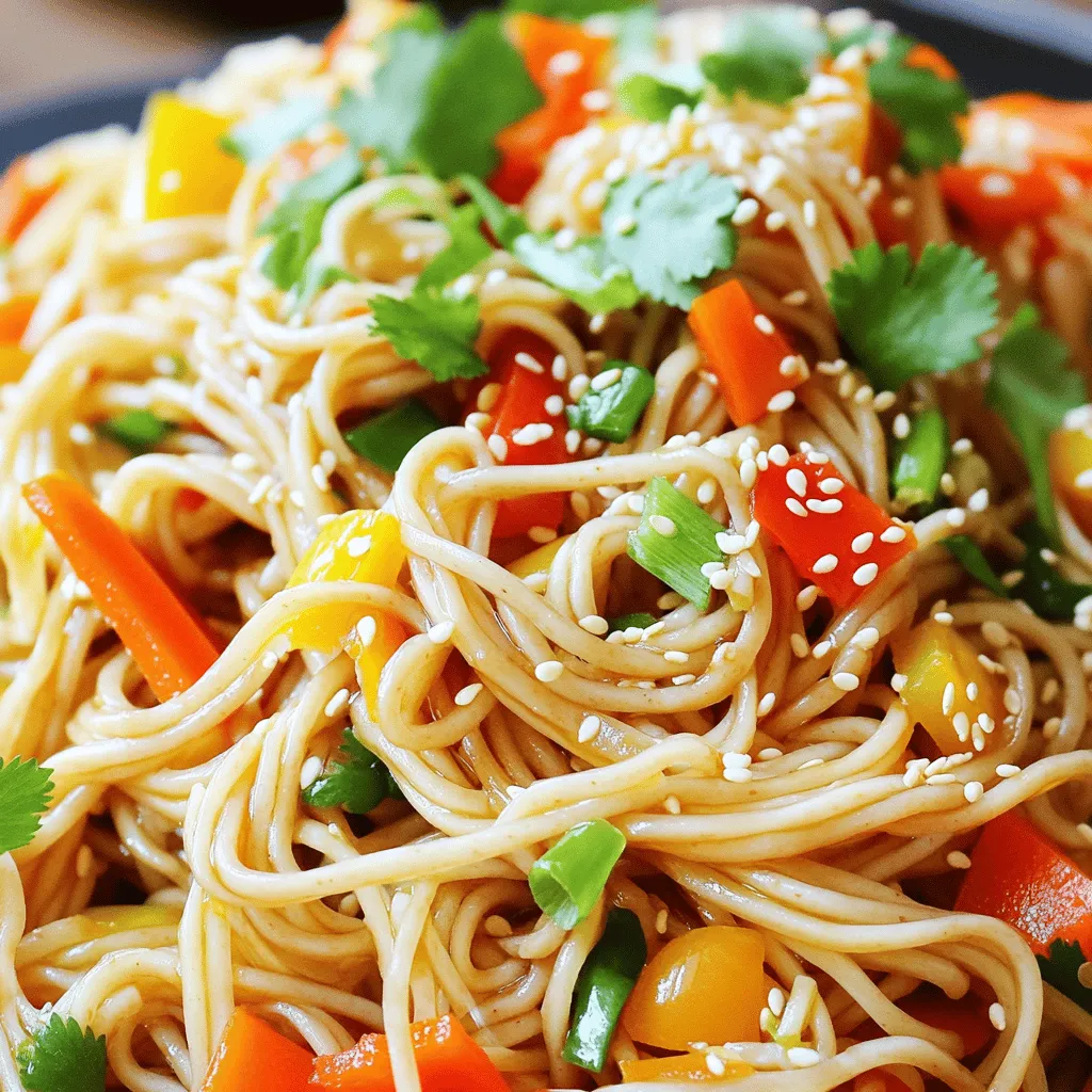 To make ginger sesame noodles, you need a few key ingredients: - 200g whole wheat noodles - 2 tablespoons sesame oil - 1 tablespoon fresh ginger, grated - 3 cloves garlic, minced - 2 tablespoons soy sauce - 1 tablespoon rice vinegar - 1 tablespoon honey (or maple syrup for a vegan option) - 1 carrot, julienned - 1 bell pepper, thinly sliced (any color) - 1 cup sesame seeds, toasted - 2 green onions, chopped (for garnish) - Fresh cilantro leaves (for garnish) - Salt and pepper to taste These ingredients combine to create a rich, flavorful dish. The ginger gives warmth, and the sesame oil adds a nutty taste. If you lack some ingredients, don't worry! Here are easy swaps: - Use rice noodles instead of whole wheat noodles for a different texture. - Swap sesame oil for olive oil if needed, though the flavor will change. - For fresh ginger, ground ginger can work in a pinch. Use less, about 1/4 teaspoon. - If you don’t have soy sauce, try tamari or coconut aminos for a gluten-free option. These substitutes can help you make this dish even when you're missing something. Garnishes can elevate your dish and add color. Here are some options: - Sprinkle extra toasted sesame seeds on top for crunch. - Add sliced radishes for a peppery bite. - Include avocado slices for creaminess. - Use lime wedges on the side for a bright flavor boost. Feel free to mix and match garnishes to suit your taste. This recipe is flexible and allows for creativity. For the full recipe, check the details above! Start by boiling a big pot of salted water. Add 200g of whole wheat noodles. Cook them until they feel firm but not too soft. This usually takes about 8 to 10 minutes. Once done, drain the noodles. Rinse them under cold water to stop cooking. Set the noodles aside in a bowl. In a mixing bowl, combine 2 tablespoons of sesame oil, 1 tablespoon of grated ginger, and 3 cloves of minced garlic. Add 2 tablespoons of soy sauce, 1 tablespoon of rice vinegar, and 1 tablespoon of honey. Whisk these together until they mix well. Taste your sauce and add salt and pepper as needed. Heat a tablespoon of sesame oil in a large skillet over medium heat. Add the julienned carrot and sliced bell pepper. Sauté the veggies for about 5 minutes. You want them tender but still a bit crisp. This keeps the colors bright and the flavors fresh. Now, add the cooked noodles to your skillet with the veggies. Pour in the ginger-sesame sauce. Toss everything together gently. Make sure all the noodles get coated with sauce. The veggies should mix in well too. Take 1 cup of toasted sesame seeds and stir them into the noodle mix. This adds a nice crunch. If you want, you can add a bit more sesame oil or soy sauce to taste. Just keep mixing until the seeds are spread out evenly. Transfer your ginger sesame noodles to a big serving platter. Garnish with chopped green onions and fresh cilantro leaves. This adds color and flavor. For a special touch, drizzle a bit of extra sesame oil on top. You can serve these noodles warm or at room temperature. Enjoy your meal! When making ginger sesame noodles, there are a few mistakes to watch for: - Overcooking the noodles: Cooking them too long makes them mushy. Aim for al dente. - Skipping the rinse: Rinsing the noodles stops cooking and keeps them from sticking. - Not tasting the sauce: Always taste and adjust. You may need more salt or honey. Avoid these errors to create a better dish. To boost the flavor of your ginger sesame noodles, try these tips: - Add more ginger: Fresh ginger gives a bright and zesty taste. - Use high-quality soy sauce: Good soy sauce makes a big difference. - Incorporate lime juice: A squeeze of lime adds freshness and tang. - Add chili flakes: For a spicy kick, sprinkle some red chili flakes. These simple steps will elevate your dish. Having the right tools can make cooking easier: - Large pot: Essential for boiling noodles. - Skillet or wok: Great for sautéing vegetables and mixing everything. - Whisk: Helpful for blending the sauce smoothly. - Tongs: Useful for tossing the noodles without breaking them. Using these tools will help you cook with ease. For the full recipe, check the details provided earlier. {{image_2}} You can easily make Ginger Sesame Noodles vegan and gluten-free. Simply swap regular noodles for rice noodles or gluten-free pasta. Use tamari instead of soy sauce for a gluten-free option. For sweetness, replace honey with maple syrup. This keeps the dish tasty and accessible for everyone. Want to boost your meal? Add protein! For chicken, sauté bite-sized pieces until cooked through. If you prefer tofu, use firm tofu. Press it to remove water, then cube and fry until golden. Shrimp is also great! Just cook it until it turns pink and opaque. Mix in your choice of protein when combining the noodles and sauce. Feel free to get creative with vegetables! Broccoli, snap peas, and bok choy work well in this dish. Just remember to chop them to bite-sized pieces. You can even add spinach or kale for extra nutrients. The key is to sauté vegetables until tender but still crisp. This keeps the dish colorful and crunchy. Explore the [Full Recipe] for more ways to enjoy Ginger Sesame Noodles! Store your leftover ginger sesame noodles in an airtight container. Make sure they cool completely before sealing. Place them in the fridge. They last for up to three days. If you have lots of sauce, keep it separate. This keeps the noodles from getting soggy. To reheat, use the stove for the best taste. Heat a skillet over low heat. Add a splash of water or extra sesame oil. Stir the noodles gently until warm. You can also use a microwave. Place the noodles in a bowl, cover it, and heat for one minute. Stir and check if they are hot. If not, heat for another 30 seconds. You can freeze ginger sesame noodles, but they may change texture. Place them in a freezer-safe bag. Squeeze out the air and seal tightly. They can stay in the freezer for up to two months. To thaw, move the noodles to the fridge overnight. Reheat as mentioned above for the best taste. If the noodles seem dry, add a bit of sesame oil or sauce while reheating. Ginger sesame noodles are a tasty dish made with whole wheat noodles, fresh ginger, and sesame oil. They have a great mix of flavors from ginger, garlic, and soy sauce. The dish is colorful and full of veggies, like bell peppers and carrots. You can enjoy them hot or cold. This makes them perfect for any meal. Yes, you can make this recipe ahead of time. You can cook the noodles and prepare the sauce a day before. Just store them in the fridge in separate containers. When you're ready to eat, simply heat them up together. The flavors will blend well, making your meal even tastier. Absolutely! You can add some heat to the dish. Try adding red pepper flakes or Sriracha sauce to the ginger-sesame sauce. Start with a small amount and adjust to your taste. You can also add sliced fresh chili peppers for an extra kick. If you want to change the sweetness, you can add more or less honey or maple syrup. Start with a bit and taste as you go. If it’s too sweet, add a bit more soy sauce or vinegar to balance it out. This way, you can find the perfect flavor for your dish. Ginger sesame noodles pair well with many dishes. They go great with grilled chicken, shrimp, or tofu for protein. You can also serve them with a side salad or steamed veggies. For a full meal, try them with dumplings or spring rolls. These combinations will make your meal exciting and delicious. For the full recipe, check out the complete guide above. Ginger sesame noodles are a tasty and easy dish. You learned key ingredients, how to cook them, and tips to boost flavor. Enjoy endless variations with proteins and veggies. Don't forget about storage for leftovers! Put your own spin on this dish and make it your own. Happy cooking!