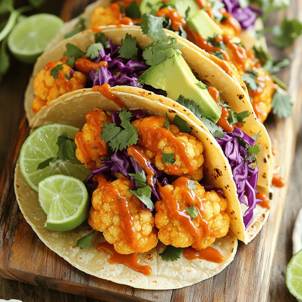 To make Buffalo Cauliflower Tacos, gather these ingredients: - 1 medium cauliflower, chopped into florets - 1 cup all-purpose flour - 1 cup water - 1 teaspoon garlic powder - 1 teaspoon onion powder - 1 teaspoon smoked paprika - 1/2 cup buffalo sauce (adjust to taste) - 8 small corn tortillas - 1 cup red cabbage, finely shredded - 1 avocado, sliced - 1/4 cup fresh cilantro, chopped - Optional toppings: lime wedges, ranch or blue cheese dressing Each ingredient plays a role in creating bold flavors. Cauliflower serves as a great base. It absorbs the buffalo sauce well and gives a nice crunch. The flour and spices create a tasty batter that coats the cauliflower. This adds texture and flavor. Corn tortillas add a soft, warm base for the tacos. You can adjust the buffalo sauce to fit your spice level. If you like it spicy, add more! For a milder taste, use less sauce. Toppings like avocado and cilantro add freshness. They balance the bold flavors of the sauce. You can find the full recipe for more details on how to prepare these delicious tacos. Enjoy the blend of flavors in every bite! Preheat your oven to 450°F (232°C). Line a baking sheet with parchment paper to prevent sticking. In a bowl, combine 1 cup of flour, 1 cup of water, 1 teaspoon of garlic powder, 1 teaspoon of onion powder, and 1 teaspoon of smoked paprika. Whisk until smooth. The batter should be thick enough to coat your cauliflower. Take each cauliflower floret and dip it into the batter. Let the extra batter drip off before placing it on the baking sheet. Arrange the florets so they do not touch. Bake for 25-30 minutes until golden brown. In the last 5 minutes, drizzle 1/2 cup of buffalo sauce over the cauliflower. Toss gently and return to the oven for 5 more minutes. While the cauliflower bakes, warm 8 small corn tortillas on a skillet. Heat them for about 15 seconds on each side until they are soft and pliable. To assemble each taco, take a tortilla and fill it with buffalo cauliflower. Add toppings like 1 cup of shredded red cabbage, slices of 1 avocado, and 1/4 cup of chopped fresh cilantro. Drizzle with ranch or blue cheese dressing if you like. Serve with lime wedges on the side. For the full recipe, refer to the instructions above. For crispy cauliflower, an even coating of batter is key. Dip each floret fully in your batter mix. Let extra batter drip off before placing them on the baking sheet. This helps the cauliflower crisp up nicely. Flip the cauliflower halfway through baking. This ensures every side gets that golden, crunchy texture we crave. If you prefer a milder kick, try using a different sauce. Look for a mild buffalo sauce or even a barbecue sauce. You can also balance the heat with extra toppings. Fresh avocado or creamy ranch can cool down the spice while adding great flavor. Serve your tacos on a colorful platter. Bright colors make the dish pop and look more inviting. Garnish with lime wedges and fresh cilantro. This adds color and fragrance, making your meal even more appealing. A well-presented dish not only tastes good but also looks great on your table. For the full recipe, check out the cooking instructions above. {{image_2}} You can make these tacos gluten-free by changing the flour. Try using almond flour or rice flour instead of regular flour. Both options work well for a tasty batter. Just mix them the same way as the all-purpose flour. This keeps your dish crisp and light. If you want to skip dairy, you can use plant-based dressings. Look for dairy-free ranch or blue cheese dressing. Many brands offer delicious options that taste great with the tacos. You can also make your own using cashews or tofu blended with herbs and spices for a creamy texture. Feel free to add more veggies to your tacos! Bell peppers and onions add great flavor and nutrition. You can roast or sauté them before adding to the tacos. This extra step gives your dish more color and taste. Experiment with your favorite veggies to find the best mix. For more ideas, check the Full Recipe. To store your Buffalo Cauliflower Tacos, let them cool first. Place the tacos in an airtight container. Stack them with parchment paper between layers to keep them from sticking. Store the container in the fridge. They will stay fresh for up to three days. Reheating is key to keeping the tacos crisp. I suggest using an oven or an air fryer. Preheat the oven to 350°F (175°C). Place the tacos on a baking sheet. Heat them for about 10 minutes or until they are warm and crispy. If using an air fryer, set it to 350°F and heat for 5-7 minutes. You can freeze the buffalo cauliflower for later use. Cool it to room temperature, then place it in a freezer-safe bag. Remove as much air as possible before sealing. It can last for up to three months. However, freezing may change its texture. The cauliflower might become softer when reheated. For best results, enjoy it fresh! For the full recipe, check out the detailed instructions above. Yes, you can prepare parts in advance. You can chop the cauliflower and mix the batter earlier in the day. Store them in the fridge. Just bake the cauliflower and warm the tortillas close to serving time. This keeps everything fresh and tasty. These tacos pair well with many sides. Consider serving them with: - Black bean salad - Mexican rice - Guacamole - Fresh corn on the cob - Chips and salsa These sides add more flavor and texture to your meal. To boost the heat, try these tips: - Use extra buffalo sauce when baking. - Add diced jalapeños to the taco filling. - Top with spicy salsa or chipotle mayo. These options will enhance the spice and flavor. Absolutely! You can portion the cauliflower and toppings separately. Store them in airtight containers in the fridge. This makes it easy to grab a quick meal. Just reheat the cauliflower and warm the tortillas when you're ready to eat. To keep your cauliflower crispy: - Make sure to coat each floret evenly with batter. - Flip them halfway through baking for even crispiness. - Serve immediately after baking. These steps help maintain that perfect crunch. For the full recipe, check out Buffalo Cauliflower Tacos! This blog post guides you through making delicious Buffalo Cauliflower Tacos. You learned to prepare crispy cauliflower and coat it with spicy buffalo sauce. We covered assembly, storage, and tips for making these tacos even better. Try adding extra toppings or veggies to tailor them to your taste. With simple steps and variations, you'll impress your friends and family. Enjoy your cooking journey!