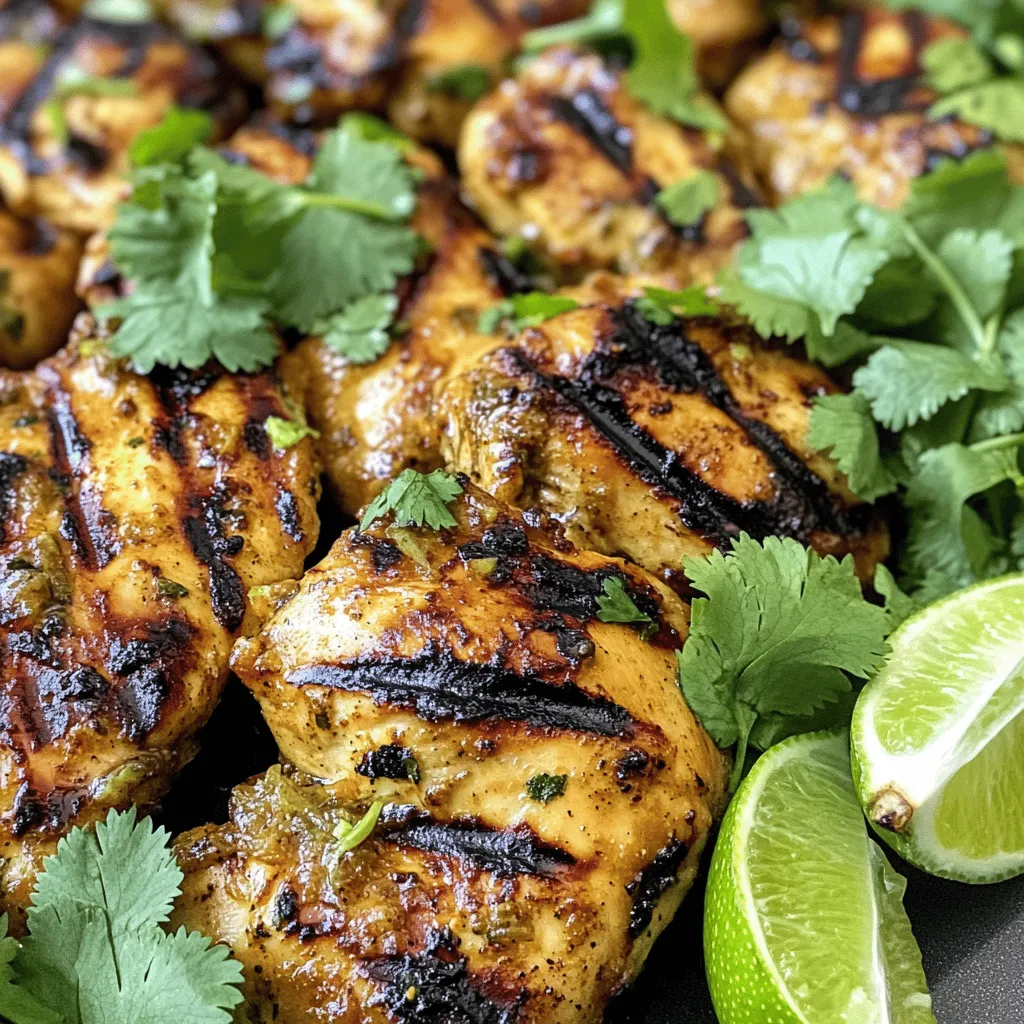 For this dish, you will need: - 4 boneless, skinless chicken breasts - 1 tablespoon fresh ginger, grated - 3 tablespoons lime juice (about 2 limes) - 2 tablespoons honey - 2 garlic cloves, minced - 2 tablespoons soy sauce (low sodium) - 1 tablespoon olive oil - Salt and pepper to taste - Fresh cilantro, for garnish These ingredients create a bright and zesty flavor. The ginger adds warmth, while lime brings a refreshing tang. Honey balances the flavors and keeps the chicken juicy. To make this dish, gather these tools: - Medium mixing bowl - Whisk or fork - Resealable plastic bag or shallow dish - Grill or grill pan - Meat thermometer Having the right tools makes cooking easier and more fun. A meat thermometer ensures your chicken is cooked safely. You can enhance the dish with these add-ins: - Red pepper flakes for spice - Chopped green onions for freshness - Sesame oil for a nutty flavor These options let you customize your chicken. You can adjust the taste to fit your mood or guests. For the full recipe, check the details above. To start, you need to mix the marinade. In a medium bowl, combine these ingredients: - 1 tablespoon fresh ginger, grated - 3 tablespoons lime juice (about 2 limes) - 2 tablespoons honey - 2 garlic cloves, minced - 2 tablespoons low-sodium soy sauce - 1 tablespoon olive oil - Salt and pepper to taste Whisk together until everything blends well. The ginger and lime juice add a bright, zesty flavor. Next, it’s time to marinate the chicken. Take your chicken breasts and place them in a resealable plastic bag or a shallow dish. Pour the marinade over the chicken, making sure each piece gets coated. Seal the bag or cover the dish with plastic wrap. Refrigerate for at least 30 minutes, but you can go up to 2 hours. This helps the chicken soak up all those amazing flavors. Now, let’s grill! Preheat your grill to medium-high heat. Remove the chicken from the marinade, letting any extra drip off. Discard the leftover marinade. Place the chicken on the grill and cook for 6-7 minutes on each side. You want the internal temperature to reach 165°F (75°C). Look for nice grill marks; they add to the chicken's appeal. After cooking, take the chicken off the grill. Let it rest for 5 minutes before slicing. This keeps it juicy and flavorful. Enjoy your Ginger Lime Grilled Chicken! Check out the Full Recipe for more details. To get those perfect grill marks, start with a hot grill. Heat your grill to medium-high. This helps sear the chicken quickly. Place the chicken in one spot and don’t move it for a few minutes. Flip it only once to form good lines. Cook for 6-7 minutes on each side. The grill marks will look great and add flavor. Keeping chicken juicy is key for great taste. First, avoid overcooking. Use a meat thermometer to check the temperature. It should reach 165°F (75°C). Also, let the chicken rest after grilling. This allows the juices to settle inside. A rest of 5 minutes is perfect. Cover it lightly with foil to keep it warm. Marinating is essential for flavor. I suggest at least 30 minutes. If you have more time, 2 hours works best. The longer it marinates, the more flavor it gains. Just don’t marinate for over 2 hours. Acidic ingredients, like lime juice, can start to break down the meat too much. For the full recipe, check out the detailed instructions above. {{image_2}} To bring some heat to your dish, add chili flakes or fresh jalapeños. Mix these spicy ingredients into your marinade. This change adds a kick to the sweet and tangy flavors. Adjust the amount based on your taste. You can also try a hot sauce for extra punch. The balance between the spice and the ginger-lime flavor makes it exciting. If chicken isn't your thing, try pork or tofu. Use the same marinade for pork chops or tenderloin. For tofu, choose firm or extra-firm varieties. Cut the tofu into thick slices and marinate as you would chicken. Both options absorb the ginger and lime flavors well. They offer delicious alternatives for different diets. For a vegetarian twist, grill vibrant vegetables. Bell peppers, zucchini, and eggplant work great. Cut them into thick pieces and marinate in the same mixture. Grill the veggies until they are tender and slightly charred. This brings out their natural sweetness. Serve them alongside the chicken or as a main dish. This option is colorful and full of flavor. For the complete recipe, check the [Full Recipe]. After you enjoy your ginger lime grilled chicken, store any leftovers properly. Let the chicken cool to room temperature first. Then, place it in an airtight container. It will stay fresh in the fridge for up to three days. When reheating, ensure the chicken reaches 165°F (75°C) to keep it safe. If you want to prepare ahead, marinate extra chicken and freeze it. Place the marinated chicken in a freezer bag. Squeeze out as much air as possible before sealing. This way, it will keep for about three months. When ready to cook, thaw it overnight in the fridge. This helps retain the flavor and texture. To reheat your grilled chicken, use the oven or stovetop for the best taste. Preheat the oven to 350°F (175°C). Place the chicken in a baking dish, cover it with foil, and heat for 15-20 minutes. For the stovetop, heat a skillet over medium heat. Add a splash of water or broth to keep it moist. Cook for about 5-7 minutes, flipping halfway through. Enjoy your flavorful meal! If you need a soy sauce substitute, try using tamari or coconut aminos. Both options give a similar taste. You can also use a mix of water and Worcestershire sauce. This mix works if you want to cut back on salt. Each choice brings a unique flavor to your dish. You can marinate the chicken for at least 30 minutes for best results. For deeper flavor, marinate up to 2 hours. Do not go over 24 hours, as this can make the chicken mushy. Marinating is key to achieving that zesty, tangy flavor in your ginger lime grilled chicken. Check the chicken’s internal temperature with a meat thermometer. It should reach 165°F (75°C) for safe eating. Another way to check is to cut the chicken in the thickest part. If the juices run clear and the meat is no longer pink, it is done. Yes, you can grill chicken in the oven! Use the broiler setting for a similar effect. Place the chicken on a broiling pan and cook it for about 6-7 minutes on each side. Keep an eye on it to avoid burning. This method works well if you don't have a grill. For a delicious outcome, follow the Full Recipe for best results. This blog post covered everything you need for perfect Ginger Lime Grilled Chicken. We talked about the main ingredients, tools, and fun add-ins. I shared step-by-step instructions for marinating and grilling. You also learned helpful tips for the best results and tasty variations. Finally, I included storage info and answered common questions. With this knowledge, you can confidently grill chicken that bursts with flavor. Enjoy your cooking and make every meal special!