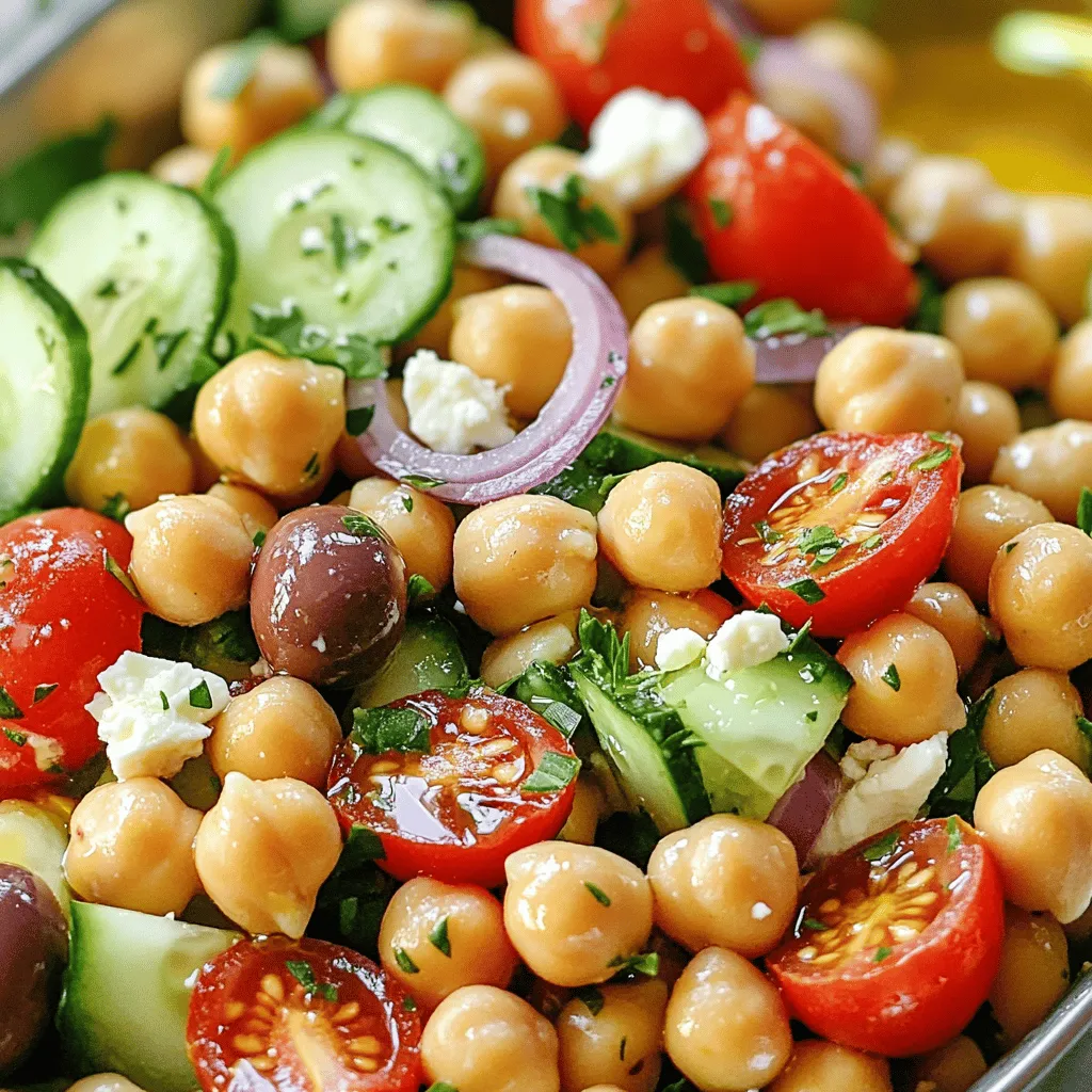 To make a tasty Mediterranean chickpea salad, you need fresh and simple ingredients. Here’s what you will need: - Chickpeas: Use one can (15 oz), drained and rinsed. - Fresh Vegetables: Gather one cup of halved cherry tomatoes, one diced cucumber, and 1/4 of a finely chopped red onion. You will also need 1/2 cup of pitted and sliced Kalamata olives. - Optional Add-ins: If you like, add 1/4 cup of crumbled feta cheese and 1/4 cup of chopped fresh parsley. These ingredients work together to create a bright and flavorful dish. The chickpeas provide protein and fiber, making this salad filling and nutritious. The fresh vegetables add crunch and color. If you choose to include feta, it gives a creamy touch. For the dressing, you will mix 2 tablespoons of olive oil, 1 tablespoon of lemon juice, and 1 teaspoon of oregano. Add salt and pepper to taste. This dressing pulls all the flavors together. You can find the full recipe above to see how to combine these ingredients for a delightful meal. 1. Combine salad ingredients In a large mixing bowl, add the chickpeas, cherry tomatoes, diced cucumber, red onion, olives, and parsley. This mix gives you color and crunch. 2. Make the dressing In a small bowl, whisk together the olive oil, lemon juice, oregano, salt, and pepper. This dressing brightens the salad and ties the flavors together. 3. Toss and serve Pour the dressing over the salad mix. Gently toss everything together until well combined. If you like, add crumbled feta cheese on top. Let the salad sit for about 10 minutes. This wait helps all the flavors blend nicely. For the full recipe, check out the complete instructions above. Enjoy your fresh and simple Mediterranean Chickpea Salad! How to choose ripe tomatoes Pick firm tomatoes that feel heavy for their size. Look for a bright color. A nice smell can also tell you they are ripe. This adds great taste to your salad. Adjusting flavors to personal taste Taste your salad before serving. You can add more salt or lemon juice if needed. If you like it spicier, add a pinch of red pepper flakes. Trust your taste buds! Allowing flavors to meld Let your salad sit for about 10 minutes before serving. This waiting time helps the flavors mix well. The olive oil, lemon juice, and herbs create a more delicious bite. For the full recipe, check the details above. {{image_2}} When making Mediterranean chickpea salad, you can mix things up. Here are some great options: - Vegan options for feta cheese: If you want a vegan salad, try using tofu instead of feta. You can crumble firm tofu and toss it in for a creamy touch. Another option is to use a store-bought vegan feta. It adds flavor without dairy. - Alternative dressing recipes: You can change the dressing to suit your taste. Try balsamic vinegar instead of lemon juice for a sweeter taste. Or, mix Greek yogurt with olive oil for a creamy dressing. It adds a nice tang and richness. - Adding proteins for a heartier meal: If you want to make your salad filling, add proteins. Grilled chicken or shrimp work well. You can also use canned tuna or chickpea patties for a fun twist. These additions make it a complete meal. These variations let you play with flavors and textures. Don’t be afraid to experiment. You can find your favorite mix! For the full recipe, check out the Mediterranean Chickpea Salad section. Storing your Mediterranean chickpea salad is easy. First, place any leftovers in an airtight container. This keeps it fresh. For refrigerator storage, eat the salad within three days. The flavors will stay good, but some veggies may lose crunch. If you want to freeze it, I suggest not freezing the salad with the dressing. Instead, freeze the salad without the dressing for up to a month. When you’re ready to eat, thaw it in the fridge overnight. Add fresh dressing just before serving. To keep ingredients fresh, store the salad and dressing separately. This way, your salad stays crisp and vibrant. For the best taste, eat your salad soon after making it. For the full recipe, check the details above. Can I make this salad ahead of time? Yes, you can make this salad ahead of time. I often prepare it a day before serving. This allows the flavors to blend well. Just keep it in the fridge. The salad stays fresh and tasty. What are the health benefits of chickpeas? Chickpeas pack a punch of nutrition. They are high in protein and fiber. This helps keep you full longer. They also support heart health and aid digestion. Plus, they are low in fat and great for your diet. How long does Mediterranean Chickpea Salad last in the fridge? When stored in the fridge, this salad lasts about 3 to 4 days. Ensure you keep it in an airtight container. If you add feta cheese, it may last a little less. Always check for freshness before eating. For the full recipe, check out the Mediterranean Chickpea Salad section above. In this blog post, we explored how to make a tasty Mediterranean chickpea salad. We covered the key ingredients, simple steps to prepare it, and tips for improvement. You learned how to choose ripe tomatoes and adjust flavors to fit your taste. I shared variations and healthy storage tips to keep your salad fresh. Remember, this salad is easy to customize. Enjoy making it your own and savor each bite! This dish brings flavor, health, and fun to your meals.