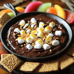 - 1 cup semi-sweet chocolate chips - 1 cup mini marshmallows - 1/2 cup graham cracker crumbs - 2 tablespoons unsalted butter, melted - 1 teaspoon vanilla extract - A pinch of sea salt To make S'mores Dip, start with these essential ingredients. Semi-sweet chocolate chips give that rich, sweet flavor. Mini marshmallows add a soft, chewy texture. Graham cracker crumbs give a nice crunch on top. Melted butter makes everything stick together. Vanilla extract enhances the overall taste. Finally, a pinch of sea salt balances the sweetness. - Graham crackers - Fresh fruit slices Graham crackers are a classic dipper. Their crunch pairs well with the soft dip. Fresh fruit slices are a fun option too. Try strawberries or apple slices for a fruity twist. Both options provide great contrast to the warm dip. - Extra chocolate drizzle - Peanut butter or nut spread If you want to level up your dip, add a chocolate drizzle. It makes the dip look fancy and adds more chocolate goodness. Peanut butter or nut spread gives a nutty flavor. You can mix it in or use it as a dipper. These enhancements allow you to personalize your S'mores Dip. For the Full Recipe, follow the steps to create this warm and chewy delight. Enjoy the process! First, preheat your oven to 350°F (175°C). This step is key for a great dip. Next, gather all your materials. You need a medium mixing bowl, a small oven-safe dish, and measuring cups. Having everything ready makes the process smooth and fun. In the mixing bowl, combine 1 cup of semi-sweet chocolate chips and 2 tablespoons of melted butter. Stir well until the chocolate is fully coated in butter. This helps the flavors blend. Now, add 1 teaspoon of vanilla extract and a pinch of sea salt. Mix everything until it’s nice and smooth. This blend is the heart of your dip. Next, transfer the chocolate mixture to your baking dish. Spread it evenly across the bottom. This ensures every bite has that rich chocolate flavor. Now, sprinkle 1 cup of mini marshmallows over the chocolate layer. For an extra crunch, layer 1/2 cup of graham cracker crumbs on top of the marshmallows. This gives a nod to the classic s’mores experience. Now it’s time to bake! Place the dish in the oven and bake for about 10 minutes. Keep an eye on it. You want the marshmallows to puff up and turn a lovely golden brown. This step makes your dip look inviting and taste amazing. Once done, let it cool for a minute before serving. Enjoy your delicious S'mores Dip! For the full recipe, check the recipe card above. To make the best S'mores Dip, always use semi-sweet chocolate. This choice gives the dip a rich, balanced flavor. Dark chocolate can be too bitter, while milk chocolate is often too sweet. Each oven is unique, so check your dip a few minutes early. Some ovens run hot, and you don’t want burnt marshmallows. For a fun dipping experience, try using graham crackers and fresh fruit slices. Apples and bananas add a nice twist to the classic graham cracker. Present the dip in a colorful bowl and surround it with the dippers. This makes it look inviting and fun for guests. You can also drizzle some melted chocolate on top for a fancy touch. One common mistake is overbaking the marshmallows. Keep an eye on them. They should be golden brown, not black. Another mistake is using the wrong type of pan. A non-stick oven-safe dish works best. Avoid using glass pans, as they can break under high heat. Stick to sturdy metal or ceramic options for best results. {{image_2}} You can change the taste of your S'mores Dip easily. Adding fruit like strawberries or bananas gives a fresh twist. The sweet fruit pairs well with the rich chocolate and gooey marshmallows. You could also try different types of chocolate. Dark chocolate adds a rich, bold flavor. Milk chocolate brings a classic sweetness. White chocolate offers a creamy, dreamy vibe. Each choice changes the dip's taste and makes it fun to try new things. Want to make your S'mores Dip fit special diets? You can use gluten-free graham crackers. They taste great and keep the crunch you want. If you're dairy-free, look for dairy-free chocolate options. These chocolates melt well and still taste amazing. You can enjoy the same warm and chewy treat without worry. Get creative with themed versions of S'mores Dip. For Halloween, add candy corn on top. The colorful candy adds a fun look and a sweet taste. In fall, try a seasonal version using pumpkin spice. Just sprinkle a little pumpkin spice in the chocolate layer. It gives your dip a warm, cozy flavor perfect for chilly days. Each theme adds a festive touch to your S'mores Dip delight. To store your S'mores Dip, let it cool to room temperature first. Then, transfer it to an airtight container. You can use a glass or plastic container with a tight seal. This keeps the dip fresh and tasty. If you have leftover graham crackers, store them separately to prevent them from getting soggy. When it’s time to enjoy the dip again, you want to reheat it gently. The best way is to use your oven. Preheat it to 350°F (175°C) and place the dip in an oven-safe dish. Heat it for about 10 minutes. This method keeps the texture smooth and the marshmallows fluffy. You can also use the microwave. Heat it in short bursts of 15-20 seconds. Stir between each burst to avoid overheating. Your S'mores Dip can last up to three days in the fridge. After that, the flavor may change. Look for signs of spoilage before eating. If you see mold or if it smells off, it’s best to throw it away. Keeping it in a sealed container helps maintain its quality for longer. Yes, you can prep S'mores Dip ahead. Mix the chocolate and butter, then add the vanilla and salt. Store this mix in the fridge. When ready to bake, take it out, let it warm up, and add marshmallows and crumbs before baking. If you need a change, try different dippers. Pretzels, cookies, or even fruit slices work well. For a crust, use crushed Oreos or gluten-free cookies. These options add fun flavors and textures. Absolutely! For outdoor fun, use a portable oven-safe dish. Keep the dip covered to protect it from dirt and bugs. Bring along dippers in a separate container to keep everything fresh and clean. This recipe serves 4 to 6 people. Each person can enjoy a good portion. If you have a crowd, double the recipe. It’s a hit at parties and gatherings, so plan ahead! Yes, you can! In a microwave-safe dish, mix the chocolate and butter. Heat it in short bursts until melted, stirring often. Add the vanilla and salt, then top with marshmallows and crumbs. Microwave until the marshmallows puff up, about 30 seconds. Enjoy this quick version anytime! For the full recipe, check out the details above. This blog post covered how to make a delicious S'mores Dip. We outlined the ingredients and shared tips for perfecting your dip. Each step, from mixing to baking, is easy to follow and fun. You learned about variations to make it your own, along with storage tips. In the end, creating this treat brings joy. It’s perfect for parties or cozy nights. Enjoy experimenting and sharing this tasty dip with friends and family. You’ll love every sweet bite!