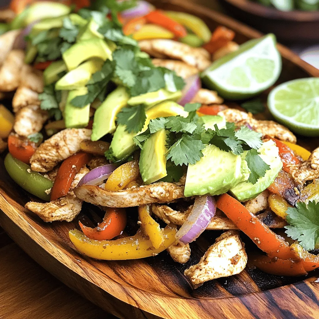 - 1 lb chicken breast, sliced into strips - 1 red bell pepper, sliced - 1 yellow bell pepper, sliced - 1 red onion, sliced - 2 tablespoons olive oil - 2 cloves garlic, minced - 1 teaspoon chili powder - 1 teaspoon cumin - 1 teaspoon smoked paprika - Salt and pepper to taste - 8 small flour tortillas - 1 avocado, sliced (for topping) - Fresh cilantro, chopped (for garnish) - Lime wedges (for serving) Each serving of chicken fajitas has about 300 calories. They also provide protein, vitamins, and healthy fats. You get a good mix of nutrients from the chicken and veggies. This recipe serves four. Each person can enjoy two fajitas. You can easily adjust the recipe for more or fewer servings. - Combine chicken with seasonings First, take 1 lb of chicken breast and slice it into strips. In a large bowl, add the chicken, 2 tablespoons of olive oil, and 2 cloves of minced garlic. Sprinkle in 1 teaspoon of chili powder, 1 teaspoon of cumin, and 1 teaspoon of smoked paprika. Season with salt and pepper to taste. Toss everything well to coat the chicken with the spices. - Preheat and prepare the skillet Now, heat a skillet over medium-high heat. Make sure it gets hot before adding the chicken. This step helps the chicken brown nicely. - Cook the chicken until golden brown Add the seasoned chicken to the hot skillet. Cook it for about 5-7 minutes. Stir occasionally, and watch for it to turn golden brown and cook through. This gives the chicken a great flavor and texture. - Sauté bell peppers and onions Once the chicken is done, take it out and set it aside. In the same skillet, add the sliced red and yellow bell peppers, along with the sliced red onion. Cook these for about 3-4 minutes until they are just tender. This step adds sweetness and crunch to your fajitas. - Warm tortillas To make the fajitas easy to roll, warm 8 small flour tortillas. You can do this in a dry skillet or microwave them for a few seconds until soft. - Assemble and serve the fajitas Now, it’s time to put it all together! Take a warm tortilla and place a generous amount of the chicken and veggie mix in the middle. Top with sliced avocado and fresh cilantro. Squeeze a little lime juice on top for added zest. Roll up the tortilla to enclose the filling and serve right away. Enjoy your meal from the [Full Recipe]! To make your chicken fajitas shine, use a flavorful marinade. Combine lime juice, olive oil, and spices like cumin and chili powder. Let the chicken soak for at least 30 minutes. This step adds a great taste. Complementary spices can elevate the dish too. Consider adding oregano or coriander for an extra kick. A dash of cayenne can also bring some heat. Experiment and find your perfect blend! Garnishing makes your fajitas look amazing. Top them with fresh cilantro and slices of avocado. A sprinkle of lime juice adds brightness. You can also serve with a side of salsa or sour cream for extra flavor. When serving, roll the tortillas tightly. Arrange them on a platter for a colorful display. You might even want to add lime wedges on the side. This makes it easy for guests to customize their meals. One common mistake is overcooking the chicken. This can make it dry and tough. Cook the chicken until it’s just done. Aim for a golden brown color, about 5-7 minutes in the skillet. Another mistake is not slicing the vegetables properly. Thin slices cook faster and blend better with the chicken. Focus on even cuts for a nice texture in every bite. {{image_2}} You can switch up the protein in your fajitas. Try beef or shrimp for a tasty twist. Beef adds a rich flavor, while shrimp cooks quickly and has a light taste. For a vegetarian option, use mushrooms or tofu. Both options soak up flavors well. They add heartiness and pair nicely with the spices. The seasoning can transform your fajitas. You can use taco seasoning for a classic taste. This mix has chili, cumin, and garlic. It gives a well-rounded flavor. Another great choice is a Southwest spice mix. This blend often includes paprika, oregano, and cayenne. It adds a little heat and depth. You can easily make your own by mixing these spices to your liking. Fajitas are great with side dishes. Consider serving them with rice or beans. These sides balance the meal and add texture. You can also pair your fajitas with dips and sauces. Guacamole is a favorite for added creaminess. Salsa brings freshness and zest. Sour cream can cool down any heat too. Explore these options to find your perfect combination. For the full recipe, check out the Sizzling Chicken Fajitas section. To store leftovers, place them in an airtight container. This keeps moisture in and flavors fresh. Cooked chicken fajitas can last in the fridge for about 3-4 days. Make sure to cool them before sealing the container. The best way to reheat chicken fajitas is in a skillet. Heat it over medium heat and add a splash of water. This helps steam the leftovers, keeping them moist. Stir occasionally for even heating. If you prefer using a microwave, cover the dish to keep moisture in. You can freeze chicken fajitas for about 2-3 months. Allow them to cool fully before freezing. Divide them into single servings for easy thawing. To thaw, place in the fridge overnight. Reheat in a skillet or microwave, adding a bit of water if needed. This keeps the fajitas tasty and prevents dryness. It takes about 20 minutes to make easy chicken fajitas. This includes 10 minutes for prep and 10 minutes for cooking. You can have a tasty meal in no time. Yes, you can make easy chicken fajitas in advance. Cook the chicken and veggies, then store them in the fridge. They will stay good for up to three days. Reheat everything before serving. The best tortillas for chicken fajitas are small flour tortillas. They are soft and flexible. Corn tortillas are also a good choice if you prefer a gluten-free option. Absolutely! Cooking chicken fajitas on the grill adds a smoky flavor. Marinate the chicken and veggies. Then grill them until cooked. This method gives you a fun outdoor cooking experience. Yes, there are tasty vegetarian options for chicken fajitas. You can use grilled veggies like zucchini, mushrooms, and bell peppers. You can also add black beans or lentils for protein. Enjoy a delicious meal without meat! You can make tasty chicken fajitas with just a few key ingredients. We covered the steps, tips, and variations to enhance your meal. Fajitas are simple, fun, and great for any occasion. Remember, you can adjust flavors and proteins to fit your taste. Follow these easy guidelines, and you’ll impress everyone at the table. Enjoy your cooking adventure and savor every bite!