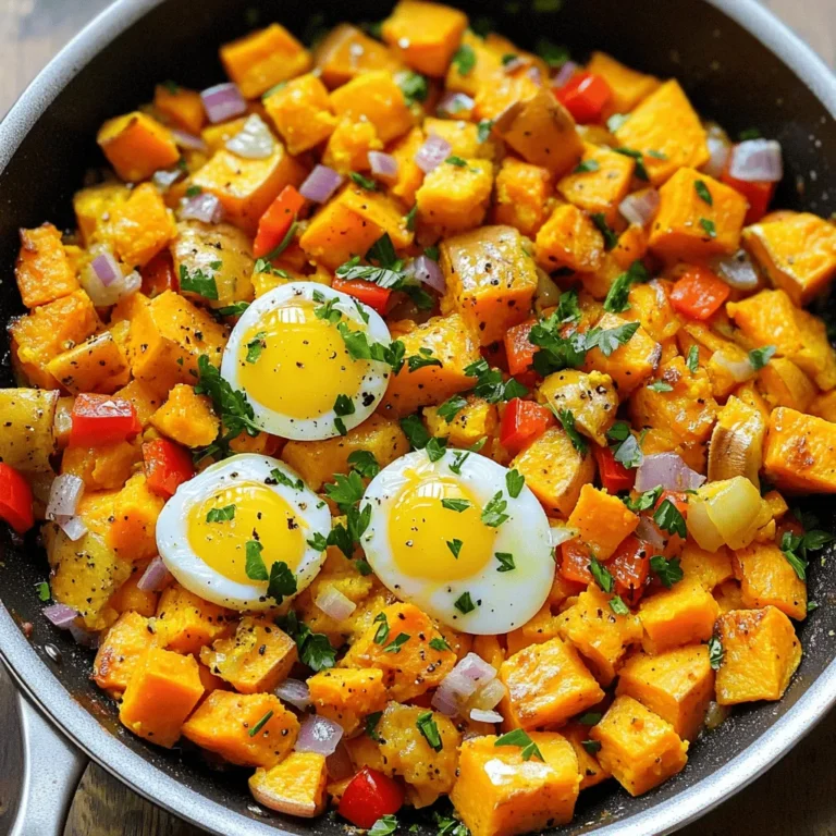 - 2 medium sweet potatoes, peeled and diced - 1 bell pepper (red or yellow), chopped - 1 small red onion, diced - 2 cloves garlic, minced - 4 large eggs Sweet potatoes are the star here. They add a sweet and creamy taste. Eggs bring protein and richness, making this dish filling. The bell pepper adds crunch and color. Red onion gives a nice bite. Garlic adds a lovely aroma and taste. - 1 teaspoon smoked paprika - 1/2 teaspoon cumin - Salt and pepper to taste Smoked paprika gives a smoky flavor. Cumin adds warmth and depth. Salt and pepper enhance all the flavors. These spices make the dish lively and fun. - 2 tablespoons olive oil - Fresh parsley, chopped (for garnish) Olive oil helps cook the veggies perfectly. Fresh parsley adds a bright touch on top. It looks nice and tastes fresh. For the full recipe, check out the [Full Recipe]. 1. Peeling and dicing sweet potatoes: Start by peeling the sweet potatoes. Use a sharp peeler for ease. After peeling, cut them into small cubes. Aim for about half an inch in size. This helps them cook evenly. 2. Chopping vegetables: Next, chop the bell pepper and red onion. You can use any color bell pepper. Dice the onion finely. This adds more flavor to the hash. Mince the garlic cloves, too. Garlic gives a nice aroma when cooked. 1. Sautéing sweet potatoes: Heat two tablespoons of olive oil in a large skillet over medium heat. Add the diced sweet potatoes. Season them with salt, pepper, smoked paprika, and cumin. Cook for about 10-15 minutes. Stir occasionally to avoid burning. Wait until they soften and turn golden. 2. Adding vegetables: Once the sweet potatoes are ready, add the chopped bell pepper, diced onion, and minced garlic. Stir everything together. Cook for 5-7 more minutes. The vegetables should be tender and fragrant. 3. Cooking eggs in the hash: Now it’s time for the eggs! Make four small wells in the hash mixture. Crack an egg into each well. Cover the skillet with a lid. Cook for 5-8 minutes. You want the egg whites to set but keep the yolks runny. Adjust the time to your liking. - Recommended dishes to pair with: This dish goes great with a side of avocado or fresh fruit. You can also serve it with toast for a complete meal. - Presentation tips: For a beautiful finish, sprinkle fresh parsley on top. Use a colorful plate to make it pop. Serve hot for the best taste. Check out the Full Recipe for more details! To get the best sweet potatoes, start by peeling and dicing them into small cubes. This helps them cook evenly. Heat olive oil in a skillet over medium heat. Add the sweet potatoes and season them with salt, pepper, smoked paprika, and cumin. Cook for about 10 to 15 minutes. Stir often until they soften and turn golden. For eggs, create small wells in the sweet potato mix. Crack an egg into each well. Cover the skillet with a lid. Cook for 5 to 8 minutes. This lets the egg whites set while keeping the yolks runny. If you like your eggs firmer, cook them a little longer. To boost flavor, try adding a pinch of cayenne pepper or red pepper flakes for heat. You can also sprinkle some cinnamon for a hint of sweetness. Fresh herbs like thyme or cilantro can brighten the dish. Don’t hesitate to mix in a splash of hot sauce before serving for extra zing. Prep your ingredients ahead of time to make cooking easier. Peel and dice the sweet potatoes the night before. Store them in water to keep them fresh. You can also chop your bell pepper, onion, and garlic in advance. If you have leftover sweet potatoes from another meal, use them in this hash. Just cut them into cubes and add them to the skillet. This saves time and reduces waste. For the full recipe, check the earlier section. {{image_2}} You can change up your sweet potato hash easily. If you want, try other potatoes. Yukon gold or red potatoes work well too. They give a nice taste and texture. For a vegan option, you can swap eggs for tofu or chickpea flour. Silken tofu scrambles well and adds protein. Chickpea flour mixed with water creates a great egg-like texture. Making sweet potato hash ahead of time is simple. Cook the hash as per the Full Recipe. Once done, let it cool. Store it in an airtight container in the fridge for up to four days. To freeze, let the hash cool completely. Place it in a freezer-safe bag or container. It lasts about three months. When ready to enjoy, thaw in the fridge overnight. Reheat in a skillet over medium heat, stirring until warm. You can also add a splash of water to steam it a bit. If you need gluten-free options, this dish is naturally gluten-free. Just check your spices and oils to ensure they are also gluten-free. For low-carb options, you can cut down on the sweet potatoes. Use cauliflower instead. Cauliflower gives a similar texture without the carbs, making it a great swap. To store leftovers, let the sweet potato hash cool down. Then, place it in an airtight container. This keeps it fresh and tasty. The recommended shelf life is about 3 to 4 days. Make sure to label the container with the date so you know when it was made. You can freeze cooked sweet potato hash if you want to save it for later. First, let it cool completely. Then, pack it into freezer-safe bags or containers. Be sure to remove as much air as possible to avoid freezer burn. For thawing, simply move it to the fridge overnight. This helps keep the texture nice. To reheat without losing flavor, I recommend using the stovetop. Heat a skillet over low heat and add a splash of olive oil. Stir the hash gently as it warms up to keep it moist. If you prefer the microwave, use a microwave-safe dish and cover it. Heat in short bursts, stirring in between, until hot. This way, you maintain the delicious taste of your sweet potato hash. You can add jalapeños or hot sauce to your hash for a kick. Chop one or two jalapeños and mix them in with the sweet potatoes. If you prefer, drizzle hot sauce over your dish before serving. This will bring heat and flavor to your breakfast. Absolutely! You can add many vegetables to your hash. Try spinach, zucchini, or mushrooms for more texture and taste. Just chop them up and add them in when you add the bell pepper and onion. This lets them cook through while keeping their flavor. A serving of Sweet Potato Hash with Eggs offers great nutrients. It has about 250 calories, 10 grams of protein, and 8 grams of fiber. The sweet potatoes provide vitamins A and C, while the eggs add healthy fats and protein. This makes it a balanced breakfast option. To change the servings, simply adjust the number of sweet potatoes and eggs. For more servings, double the ingredients. For fewer, cut them in half. Keep the cooking times the same, but watch the eggs closely. Make sure they are cooked to your liking. This blog post covered making a tasty sweet potato hash with eggs. You learned about key ingredients like sweet potatoes, eggs, and spices. I shared easy steps for preparing and cooking the dish. You also got tips on enhancing flavors and storing leftovers. In the end, sweet potato hash is great for meals at any time. With so many ways to customize it, think of it as your blank canvas. Enjoy experimenting with flavors to make it your own!