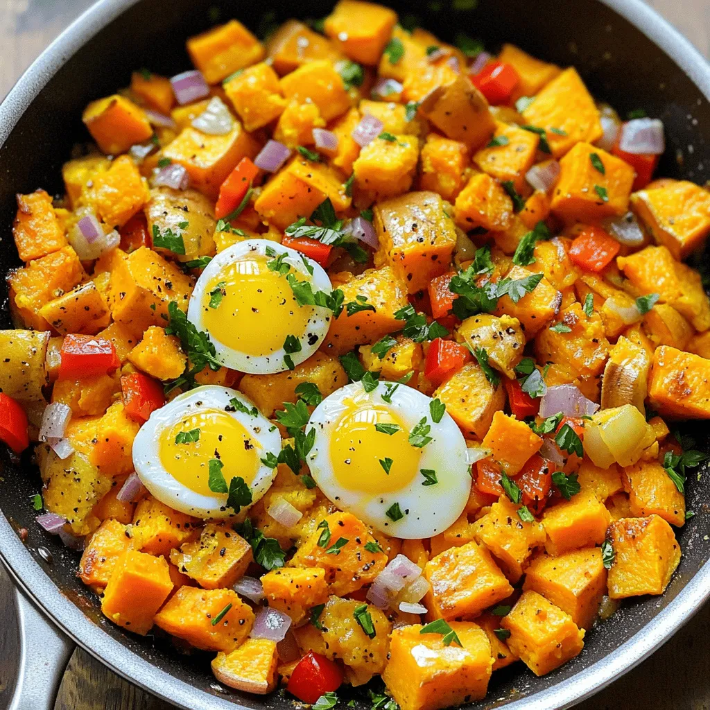 - 2 medium sweet potatoes, peeled and diced - 1 bell pepper (red or yellow), chopped - 1 small red onion, diced - 2 cloves garlic, minced - 4 large eggs Sweet potatoes are the star here. They add a sweet and creamy taste. Eggs bring protein and richness, making this dish filling. The bell pepper adds crunch and color. Red onion gives a nice bite. Garlic adds a lovely aroma and taste. - 1 teaspoon smoked paprika - 1/2 teaspoon cumin - Salt and pepper to taste Smoked paprika gives a smoky flavor. Cumin adds warmth and depth. Salt and pepper enhance all the flavors. These spices make the dish lively and fun. - 2 tablespoons olive oil - Fresh parsley, chopped (for garnish) Olive oil helps cook the veggies perfectly. Fresh parsley adds a bright touch on top. It looks nice and tastes fresh. For the full recipe, check out the [Full Recipe]. 1. Peeling and dicing sweet potatoes: Start by peeling the sweet potatoes. Use a sharp peeler for ease. After peeling, cut them into small cubes. Aim for about half an inch in size. This helps them cook evenly. 2. Chopping vegetables: Next, chop the bell pepper and red onion. You can use any color bell pepper. Dice the onion finely. This adds more flavor to the hash. Mince the garlic cloves, too. Garlic gives a nice aroma when cooked. 1. Sautéing sweet potatoes: Heat two tablespoons of olive oil in a large skillet over medium heat. Add the diced sweet potatoes. Season them with salt, pepper, smoked paprika, and cumin. Cook for about 10-15 minutes. Stir occasionally to avoid burning. Wait until they soften and turn golden. 2. Adding vegetables: Once the sweet potatoes are ready, add the chopped bell pepper, diced onion, and minced garlic. Stir everything together. Cook for 5-7 more minutes. The vegetables should be tender and fragrant. 3. Cooking eggs in the hash: Now it’s time for the eggs! Make four small wells in the hash mixture. Crack an egg into each well. Cover the skillet with a lid. Cook for 5-8 minutes. You want the egg whites to set but keep the yolks runny. Adjust the time to your liking. - Recommended dishes to pair with: This dish goes great with a side of avocado or fresh fruit. You can also serve it with toast for a complete meal. - Presentation tips: For a beautiful finish, sprinkle fresh parsley on top. Use a colorful plate to make it pop. Serve hot for the best taste. Check out the Full Recipe for more details! To get the best sweet potatoes, start by peeling and dicing them into small cubes. This helps them cook evenly. Heat olive oil in a skillet over medium heat. Add the sweet potatoes and season them with salt, pepper, smoked paprika, and cumin. Cook for about 10 to 15 minutes. Stir often until they soften and turn golden. For eggs, create small wells in the sweet potato mix. Crack an egg into each well. Cover the skillet with a lid. Cook for 5 to 8 minutes. This lets the egg whites set while keeping the yolks runny. If you like your eggs firmer, cook them a little longer. To boost flavor, try adding a pinch of cayenne pepper or red pepper flakes for heat. You can also sprinkle some cinnamon for a hint of sweetness. Fresh herbs like thyme or cilantro can brighten the dish. Don’t hesitate to mix in a splash of hot sauce before serving for extra zing. Prep your ingredients ahead of time to make cooking easier. Peel and dice the sweet potatoes the night before. Store them in water to keep them fresh. You can also chop your bell pepper, onion, and garlic in advance. If you have leftover sweet potatoes from another meal, use them in this hash. Just cut them into cubes and add them to the skillet. This saves time and reduces waste. For the full recipe, check the earlier section. {{image_2}} You can change up your sweet potato hash easily. If you want, try other potatoes. Yukon gold or red potatoes work well too. They give a nice taste and texture. For a vegan option, you can swap eggs for tofu or chickpea flour. Silken tofu scrambles well and adds protein. Chickpea flour mixed with water creates a great egg-like texture. Making sweet potato hash ahead of time is simple. Cook the hash as per the Full Recipe. Once done, let it cool. Store it in an airtight container in the fridge for up to four days. To freeze, let the hash cool completely. Place it in a freezer-safe bag or container. It lasts about three months. When ready to enjoy, thaw in the fridge overnight. Reheat in a skillet over medium heat, stirring until warm. You can also add a splash of water to steam it a bit. If you need gluten-free options, this dish is naturally gluten-free. Just check your spices and oils to ensure they are also gluten-free. For low-carb options, you can cut down on the sweet potatoes. Use cauliflower instead. Cauliflower gives a similar texture without the carbs, making it a great swap. To store leftovers, let the sweet potato hash cool down. Then, place it in an airtight container. This keeps it fresh and tasty. The recommended shelf life is about 3 to 4 days. Make sure to label the container with the date so you know when it was made. You can freeze cooked sweet potato hash if you want to save it for later. First, let it cool completely. Then, pack it into freezer-safe bags or containers. Be sure to remove as much air as possible to avoid freezer burn. For thawing, simply move it to the fridge overnight. This helps keep the texture nice. To reheat without losing flavor, I recommend using the stovetop. Heat a skillet over low heat and add a splash of olive oil. Stir the hash gently as it warms up to keep it moist. If you prefer the microwave, use a microwave-safe dish and cover it. Heat in short bursts, stirring in between, until hot. This way, you maintain the delicious taste of your sweet potato hash. You can add jalapeños or hot sauce to your hash for a kick. Chop one or two jalapeños and mix them in with the sweet potatoes. If you prefer, drizzle hot sauce over your dish before serving. This will bring heat and flavor to your breakfast. Absolutely! You can add many vegetables to your hash. Try spinach, zucchini, or mushrooms for more texture and taste. Just chop them up and add them in when you add the bell pepper and onion. This lets them cook through while keeping their flavor. A serving of Sweet Potato Hash with Eggs offers great nutrients. It has about 250 calories, 10 grams of protein, and 8 grams of fiber. The sweet potatoes provide vitamins A and C, while the eggs add healthy fats and protein. This makes it a balanced breakfast option. To change the servings, simply adjust the number of sweet potatoes and eggs. For more servings, double the ingredients. For fewer, cut them in half. Keep the cooking times the same, but watch the eggs closely. Make sure they are cooked to your liking. This blog post covered making a tasty sweet potato hash with eggs. You learned about key ingredients like sweet potatoes, eggs, and spices. I shared easy steps for preparing and cooking the dish. You also got tips on enhancing flavors and storing leftovers. In the end, sweet potato hash is great for meals at any time. With so many ways to customize it, think of it as your blank canvas. Enjoy experimenting with flavors to make it your own!