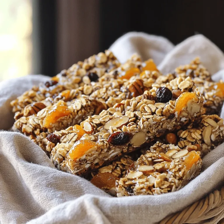 This homemade granola bar recipe is simple and tasty. You can make it in about 35 minutes. The bars are crunchy, sweet, and packed with good stuff. Plus, they are a great snack option for kids and adults. Here’s what you need for the full recipe: - 2 cups rolled oats - 1 cup mixed nuts (almonds, walnuts, pecans), chopped - ½ cup honey or maple syrup - ½ cup nut butter (peanut butter or almond butter) - ½ cup dried fruits (cranberries, apricots, or raisins) - 1 teaspoon vanilla extract - 1 teaspoon cinnamon - ¼ teaspoon salt - Optional toppings: dark chocolate chips, coconut flakes Make this recipe your own! Here are some ideas: - Swap honey for agave syrup for a vegan option. - Use sunflower seeds or pumpkin seeds for extra crunch. - Add a scoop of protein powder for a protein boost. - Mix in spices like nutmeg or ginger for added flavor. - Try different dried fruits, such as figs or dates, for variety. Feel free to experiment with these options to find your favorite mix! Start by preheating your oven to 350°F (175°C). Take an 8x8-inch baking dish and line it with parchment paper. Make sure to leave some paper hanging over the sides. This will help you lift out the bars later. It’s a simple step, but it makes a big difference. In a large mixing bowl, combine the rolled oats, chopped mixed nuts, cinnamon, and salt. Mix these dry ingredients well. You want every piece to be covered with the spices. This adds great flavor to your bars. It’s important to ensure an even mix before you add the wet ingredients. Now, take a small saucepan and warm the honey or maple syrup with the nut butter over low heat. Stir until melted and combined. This step helps the mixture blend better. Once it’s ready, remove it from the heat and stir in the vanilla extract. Pour this warm mixture over your dry ingredients. Mix until everything is coated well. Next, fold in the dried fruits gently. Make sure they are spread evenly. Transfer this mixture to your prepared baking dish. Use a spatula or your hands to press it down firmly. This creates a solid layer. If you want, you can sprinkle dark chocolate chips or coconut flakes on top. Press them down lightly into the mixture. Bake your granola bars in the oven for about 20-25 minutes. Look for golden brown edges. Once done, take them out and let them cool completely in the dish. After cooling, use the parchment paper to lift the bars out. Cut them into squares or bars. Store them in an airtight container. This process is easy and fun! You can find the full recipe in the previous section. Enjoy your homemade snacks! To get the right crunch, press your mixture firmly into the pan. This step is key. If you leave it loose, your bars may crumble. Bake them long enough to get a golden edge. You want a nice contrast between chewy and crunchy. Adding spices like nutmeg or ginger can boost flavor. You can also swap honey for maple syrup. This gives a different sweetness. For a nutty taste, try different nut butters. Sunflower seed butter works well too. Want some chocolate? Toss in dark chocolate chips. It makes everything better! Don’t skip the parchment paper. It helps with easy removal. Overmixing can lead to tough bars, so mix just enough. Be careful not to bake too long; that can dry them out. Lastly, allow them to cool completely before cutting. This helps them hold shape. {{image_2}} If you want a nut-free version, it's easy! Just swap the nuts for seeds. Pumpkin seeds and sunflower seeds work great. They add crunch and nutrition. You can also add more dried fruits for extra flavor. Use the same recipe, but leave out the mixed nuts. This way, you keep it safe for school lunches or nut-free diets. To make protein-packed granola bars, add protein powder. A scoop of your favorite powder mixes well with the wet ingredients. You can also add chia seeds or hemp seeds. These seeds boost protein and add healthy fats. Use Greek yogurt instead of nut butter for a creamy texture and more protein. Get creative with flavors! Here are some tasty combos to consider: - Chocolate Chip and Coconut: Add dark chocolate chips and coconut flakes for a sweet twist. - Berry Blast: Use dried blueberries, strawberries, or goji berries for a fruity kick. - Spiced Apple: Add dried apple pieces with cinnamon for a cozy flavor. Feel free to mix and match these ideas to create your own unique granola bars. Check out the Full Recipe to see how to get started! To keep your granola bars fresh, store them in an airtight container. This helps lock in moisture and prevents them from becoming stale. Always let the bars cool completely before storage. If they are warm, they can create steam, which makes them soggy. Place granola bars in a single layer if possible. You can layer them with parchment paper between to avoid sticking. Store them at room temperature for up to a week. If you want, you can also keep them in the fridge for extra freshness. For longer storage, freeze your granola bars. Wrap each bar tightly in plastic wrap, then place them in a freezer bag. They can last up to three months in the freezer. When you want to eat them, just take out a bar and let it thaw at room temperature. You can also heat it in the microwave for a few seconds if you prefer a warm snack. Enjoy your homemade granola bars anytime! Homemade granola bars can last up to two weeks when stored properly. Keep them in an airtight container at room temperature. If you want them to last longer, consider refrigerating them. They can stay fresh for about a month in the fridge. You can use instant oats, but the texture will change. Instant oats are finer and will not hold together as well. Rolled oats give your granola bars a chewier and sturdier base. If you prefer instant oats, you might need to adjust the wet ingredients slightly to help them bind. To make vegan granola bars, replace honey with maple syrup or agave nectar. Use a plant-based nut butter, like almond or cashew butter. Make sure your dried fruits do not contain any added honey. This way, you can enjoy a tasty snack that fits a vegan diet. For the full recipe, check the section above. This blog post covered everything you need for homemade granola bars. We explored the key ingredients, detailed step-by-step instructions, and shared tips for the best texture. You learned about different variations and how to store your bars for freshness. In conclusion, making your own granola bars is fun and easy. You can customize flavors to fit your taste. Enjoy experimenting and creating your perfect snack!