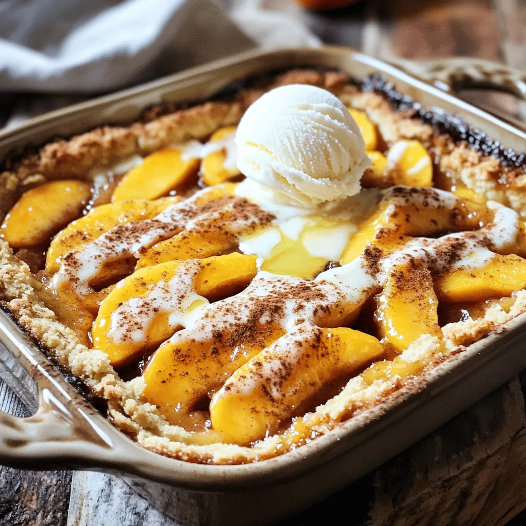 For this recipe, you can use fresh or canned peaches. Fresh peaches bring a sweet, juicy flavor. You’ll need about 4 cups, peeled and sliced. If you’re short on time, use 2 cans of peaches, drained well. Both choices give a tasty result. Next, you need 1 cup of granulated sugar. This adds sweetness to the dish. A teaspoon of cinnamon enhances the peach flavor. Together, they create a yummy, aromatic base. Mix them with the peaches to draw out their natural juices. For the cake layer, grab a box of butter cake mix, around 15.25 ounces. This makes it easy and quick. You will also need 1/2 cup of unsalted butter, melted. This gives the cake a nice, rich taste. When you mix these, it creates a delightful topping for the peaches. This recipe is simple and fun. You can find the full recipe above for all the details! Start by preheating your oven to 350°F (175°C). This step is key. A hot oven helps the cake bake evenly. It ensures that your dessert turns out golden brown and bubbly. Next, grab a large bowl. Add 4 cups of fresh peaches, sliced or 2 cans of peaches, drained. Mix in 1 cup of granulated sugar and 1 teaspoon of cinnamon. Stir it well and let it sit for about 10 minutes. This time allows the peaches to release their sweet juices. You want them to soak up the sugar and cinnamon flavors. Now, take a greased 9x13 inch baking dish. Pour the peach mixture into it, spreading it evenly. In a separate bowl, combine the cake mix (1 box) and rolled oats (1 cup, optional). Sprinkle this dry mix over the peaches. Then, drizzle 1/2 cup of melted butter over the cake mix. Make sure it covers the mix well. Finally, pour 1 cup of water and 1 teaspoon of vanilla extract over everything. Do not stir! This helps the ingredients blend together while baking. Bake the dish in your preheated oven for 45-50 minutes. Watch for a golden brown top and bubbly edges. Once done, let it cool for a few minutes before you serve. Enjoy your peach cobbler dump cake with whipped cream or vanilla ice cream for a delicious treat! For the full recipe, check out the detailed instructions. To make your peach cobbler dump cake shine, focus on the peaches. Fresh peaches offer a sweet and juicy taste. If you use canned peaches, choose a brand with no added sugar. Sugar enhances the natural sweetness, so adjust it based on your preferences. A sprinkle of cinnamon adds warmth. You can also try nutmeg or ginger for a twist. If you want an extra kick, splash in some lemon juice. It brightens the flavors and balances the sweetness. The texture of your cake is key for a great experience. Use a good butter cake mix as a base. This mix creates a soft and tender crumb. Adding rolled oats can give your dump cake a nice crunch. It also adds fiber, making the dessert a bit heartier. To ensure the top stays crisp, drizzle melted butter evenly over the dry mix. Do not stir the mixture before baking. Letting it meld in the oven creates a delightful contrast between the soft peaches and crunchy topping. Serving is as fun as making your cake. Enjoy it warm for the best flavor. A scoop of vanilla ice cream melts beautifully on top. Whipped cream is another tasty choice. To elevate the look, garnish with fresh peach slices and a sprinkle of cinnamon. This adds color and a touch of elegance. For the full recipe, check out the link. {{image_2}} You can switch up the fruit in your dump cake. Try using berries like blueberries or raspberries. Apples or cherries also work well. Just remember to adjust the sugar based on the fruit's sweetness. For example, tart cherries may need more sugar. Mixing fruits can create a fun flavor. Peaches combined with raspberries offer a sweet and tangy twist. You can make this recipe gluten-free. Use a gluten-free cake mix instead of regular cake mix. For a vegan option, swap out the butter for a plant-based butter. Use almond milk or coconut milk instead of water. You can also omit the oats or use gluten-free oats. These swaps make the dish friendly for various diets without losing taste. Toppings can enhance your peach cobbler dump cake. You can sprinkle nuts, like pecans or walnuts, on top before baking. This adds a nice crunch. You might also add shredded coconut for a tropical twist. For a richer flavor, drizzle caramel sauce after baking. Don't forget whipped cream or vanilla ice cream for serving. These toppings make each bite special and fun. Once your peach cobbler dump cake cools, cover it well. Use plastic wrap or a lid to keep it fresh. Store it in the fridge for up to four days. This helps keep the flavors bright and tasty. If you want to save some for later, freezing works great. Slice the cake into pieces and wrap each piece tightly. Use plastic wrap and then place them in a freezer bag. Label the bag with the date. The cake can stay fresh for up to three months in the freezer. To enjoy your leftover peach cobbler, reheat it in the oven. Preheat the oven to 350°F (175°C). Place a slice on a baking sheet and cover it with foil. Heat for about 10-15 minutes, or until warm. You can also use the microwave for a quick fix. Heat for 30 seconds, then check if it’s warm. Serve with whipped cream or vanilla ice cream for extra fun. For the full recipe, check out the Peach Cobbler Dump Cake section. Yes, you can use frozen peaches. They work well in this recipe. Just thaw them first. Drain any excess liquid to avoid a soggy cake. Frozen peaches will still taste great. Peach cobbler dump cake lasts for about 3 to 5 days in the fridge. Store it in an airtight container. You can also cover it with plastic wrap. If you want it to last longer, freeze it. It can stay good for up to 3 months in the freezer. A dump cake is a simple dessert. You "dump" the ingredients into a baking dish without mixing. It usually has fruit on the bottom and a cake mix on top. As it bakes, the cake mix forms a crust. This method makes it quick and easy to prepare. For more detailed instructions, check the Full Recipe. This blog post showed you how to make a peach cobbler dump cake. You learned about essential ingredients like peaches, sugar, and cake mix. I shared steps like preheating the oven and layering the mixture. You now have tips for flavor and texture, plus variations for different diets. Lastly, I covered storage and answered key questions. Now you can enjoy this easy and tasty dessert any time. Get baking and savor every bite!