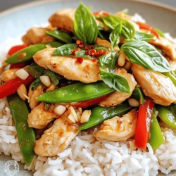 - Chicken breast: Use 1 pound, sliced thinly for quick cooking. - Thai basil: Add 2 cups of fresh leaves; it gives a fragrant touch. - Vegetables: Include 1 red bell pepper, sliced, and 1 cup of snap peas for crunch. - Soy sauce: Use 2 tablespoons for saltiness and umami flavor. - Oyster sauce: Add 1 tablespoon; it brings a rich depth to the dish. - Fish sauce: Use 1 tablespoon or substitute with more soy sauce for extra flavor. - Red chili: Slice some for heat and vibrant color on top. - Additional basil: Sprinkle more fresh basil leaves for a fragrant finish. These ingredients come together to create a delightful meal. Feel free to mix and match vegetables based on what you have. Each element plays a role in making this dish a standout. For the full recipe, check the detailed instructions to create this Thai Basil Chicken Stir-Fry. - Preparing the chicken Start with 1 lb of chicken breast. Slice it thinly against the grain. This helps the chicken cook evenly and stay tender. - Chopping vegetables Next, chop your veggies. Slice 1 red bell pepper and measure out 1 cup of snap peas. Fresh vegetables add color and crunch. - Cooking garlic Heat 2 tablespoons of vegetable oil in a large skillet over medium-high heat. Once hot, add 4 minced garlic cloves. Stir-fry for about 30 seconds. Be careful not to burn the garlic; it should smell fragrant. - Stir-frying chicken and vegetables Now, add the sliced chicken to the skillet. Stir frequently until it’s cooked through and lightly browned, about 5 minutes. Toss in the bell pepper and snap peas. Cook for 2-3 minutes until they are tender but still crisp. - Adding sauces In a small bowl, mix 2 tablespoons of soy sauce, 1 tablespoon of oyster sauce, 1 tablespoon of fish sauce, 1 teaspoon of sugar, and 1 teaspoon of chili flakes. Pour this mixture over the chicken and veggies in the skillet. - Mixing with Thai basil Finally, add 2 cups of fresh Thai basil leaves. Stir everything well to combine. Cook for another minute so the basil wilts and releases its flavor. For more details, you can check the Full Recipe. Serve this dish over jasmine rice for a complete meal! - Choosing the right pan: A large skillet or wok works best for stir-frying. It allows for even heat and space to toss the ingredients. A non-stick surface can help prevent sticking. - Controlling heat levels: Start with medium-high heat to sear the chicken. This gives it a nice color. If things cook too fast, lower the heat. You want a balance between fast cooking and not burning the garlic. - Adjusting spiciness: You can control the spice by changing the chili flakes. Start with less if you prefer mild. You can always add more later for heat. - Adding more vegetables: Feel free to add your favorite veggies. Bell peppers, carrots, or broccoli can make the dish colorful and add nutrition. Just remember to cut them thin for even cooking. - Serving suggestions: Serve your stir-fry over jasmine rice. The rice soaks up the sauce well. You could also use rice noodles for a fun twist. - Garnishing ideas: Fresh basil leaves on top adds a bright touch. A sprinkle of chopped red chili gives color and a bit of extra heat. A lime wedge on the side can add a fresh zing when served. {{image_2}} You can switch the chicken for shrimp or tofu. Shrimp cooks fast and adds a nice taste. Just stir-fry it for about 3-4 minutes until pink. Tofu is a great choice for a vegetarian option. Use firm tofu, and make sure to press it to remove extra water. Cut it into cubes and stir-fry until golden brown. If you prefer beef, you can substitute chicken with thinly sliced beef. Use flank steak or sirloin for the best flavor. Cooking time will be similar, around 5 minutes. Just make sure it's cooked through. Feel free to mix in seasonal vegetables. Bell peppers and snap peas are great, but you can add what you love. Think about using zucchini or mushrooms. They cook quickly and add flavor. Carrots and broccoli are also good choices. Slice the carrots thinly so they cook fast. Broccoli adds a nice crunch and color. You can easily make this dish gluten-free. Use tamari instead of soy sauce. It has a similar taste and works well. For a lower sodium option, look for low-sodium soy sauce. This way, you can control the salt level without losing flavor. You can also skip the fish sauce or use a bit more soy sauce for a tasty twist. For the full recipe, check the detailed instructions. To store your Thai Basil Chicken Stir-Fry, first, let it cool down. Place leftovers in an airtight container. This helps keep the flavors fresh. In the fridge, it can last up to three days. If you notice any strange smells or colors, throw it away. You can freeze this stir-fry for later. First, let it cool completely. Then, transfer it to freezer-safe bags or containers. Squeeze out as much air as possible. It can stay good in the freezer for about three months. When you’re ready to eat, thaw it overnight in the fridge. Reheat it in a skillet over medium heat. Stir it often until it is hot. If you like to meal prep, you can make this dish in advance. Cook the stir-fry and let it cool. Divide it into individual portions in containers. This way, you have quick meals ready for busy days. Use clear containers to see what’s inside. Make sure to label them with dates. Thai Basil Chicken Stir-Fry is a quick, flavorful dish. It features chicken, fresh Thai basil, and vibrant veggies. The key flavors come from garlic, soy sauce, and fish sauce. This dish is simple to make and perfect for a weeknight dinner. Yes, you can easily adjust the heat level. Start with the chili flakes in the recipe. If you want more heat, add extra flakes or fresh chili. Taste as you go to find your perfect balance. To make a meat-free version, swap chicken for tofu or tempeh. Use the same cooking method for a tasty dish. You can also add more vegetables like bell peppers or mushrooms for extra flavor. This dish hails from Thailand, where basil is a key herb. Thai basil has a sweet, slightly spicy flavor. It is a popular ingredient in many Thai dishes, adding depth and aroma. The stir-fry showcases the blend of fresh herbs and savory sauces, making it a beloved meal. You can find the full recipe for Thai Basil Chicken Stir-Fry [here](#). You learned how to make Thai Basil Chicken Stir-Fry from fresh ingredients. The main elements include chicken, Thai basil, and colorful veggies. We discussed various sauces that boost flavor, like soy and fish sauce. I shared tips on cooking, flavor tweaks, and smart ways to present your dish. You also saw great variations and storage tips to help keep food fresh. Try this dish tonight and make it your own! Cooking should be fun and tasty. Enjoy!