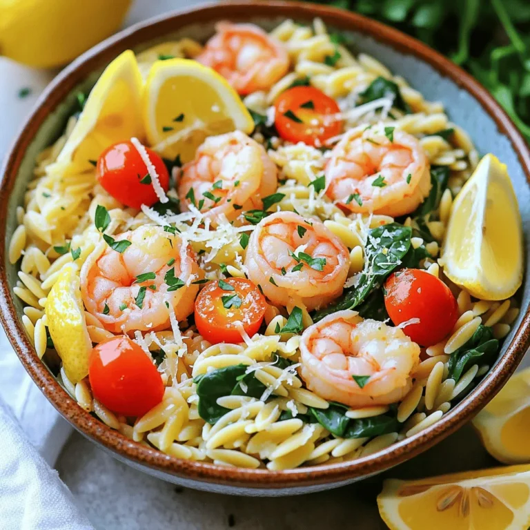 To make Lemon Garlic Shrimp Orzo, you'll need fresh and tasty ingredients. Here’s what to gather: - 1 cup orzo pasta - 1 pound large shrimp, peeled and deveined - 4 tablespoons olive oil, divided - 4 cloves garlic, minced - 1 lemon, zested and juiced - 1 teaspoon red pepper flakes (adjust to taste) - Salt and black pepper to taste - 1 cup cherry tomatoes, halved - 1 cup baby spinach - 1/4 cup fresh parsley, chopped - Grated Parmesan cheese (for serving) These ingredients make the dish bright and flavorful. The shrimp adds protein, while the orzo serves as a hearty base. Along with the main ingredients, you might have some staples on hand. Olive oil, salt, and black pepper are common in many kitchens. Having these ready makes cooking easier. To make your dish pop, consider some tasty toppings. Here are a few suggestions: - Extra chopped parsley for freshness - Lemon wedges for an extra zing - A sprinkle of red pepper flakes for heat - Grated Parmesan cheese for creaminess These toppings enhance the dish's look and flavor. You can mix and match based on what you enjoy. For the full recipe, check out the complete guide! To cook orzo, start by boiling water in a medium pot. Add a pinch of salt to the water for flavor. Once boiling, add 1 cup of orzo pasta. Cook it according to the package instructions until it's al dente. This typically takes about 8-10 minutes. After cooking, drain the orzo in a colander and set it aside. This step is crucial as the orzo will soak up the lemon and garlic flavors later. Next, heat 2 tablespoons of olive oil in a large skillet over medium heat. When the oil is hot, add 4 minced garlic cloves and 1 teaspoon of red pepper flakes. Stir them for about 30 seconds, just until they smell great. Then, add 1 pound of shrimp that is peeled and deveined. Season the shrimp with salt and black pepper. Cook the shrimp for about 2-3 minutes on each side, until they turn pink and opaque. Once done, take the shrimp out of the skillet and set them aside. In the same skillet, add the remaining 2 tablespoons of olive oil. Then, add the cooked orzo, the zest and juice of 1 lemon, and 1 cup of halved cherry tomatoes. Stir everything together and cook for about 2-3 minutes. You want the tomatoes to soften a bit. After that, fold in 1 cup of baby spinach and the cooked shrimp. Stir until the spinach wilts. Taste your dish and add more salt or pepper if needed. Finally, remove the skillet from the heat and mix in 1/4 cup of chopped fresh parsley. Serve your Lemon Garlic Shrimp Orzo warm and top it with grated Parmesan cheese for extra richness. For the full recipe, check the earlier section. To get the best flavor, use fresh ingredients. Fresh garlic, shrimp, and lemon make a big difference. I love adding lemon zest. It brightens the dish. Red pepper flakes give a nice kick. Adjust the amount based on your taste. If you want a milder dish, cut back on the spice. Cook shrimp until they turn pink and opaque. This usually takes 2-3 minutes on each side. Overcooked shrimp can become tough. Keep an eye on them. If they curl tightly, they are overcooked. Remove them from the skillet as soon as they are done. This keeps them juicy and tender. To prevent overcooking the orzo, follow the package instructions carefully. Cook it until it is al dente. This means it should still have a slight bite. After draining, toss it with a bit of olive oil. This prevents it from sticking together. If you add it to the skillet too soon, it can get mushy. Wait until the other ingredients are ready before mixing everything together. For the full recipe, check out the recipe section above. {{image_2}} You can easily make this dish gluten-free. Swap the orzo with rice or quinoa. Both work well with the flavors. For a vegetarian option, use chickpeas instead of shrimp. They add protein and texture. You can change the shrimp for scallops for a different taste. If you love spice, add chorizo for a kick. For a fresh twist, try adding asparagus or bell peppers. These veggies add color and crunch. Pair this dish with a fresh salad or garlic bread. A simple green salad with a lemon vinaigrette works best. For drinks, a chilled white wine or sparkling water with lemon is perfect. These pairings enhance the meal's bright flavors. For the full recipe, check out the Lemon Garlic Shrimp Orzo section. To keep your Lemon Garlic Shrimp Orzo fresh, let it cool down first. Then, transfer the orzo to an airtight container. Make sure to seal it well to avoid any air. It will last in the fridge for about three days. If you plan to eat it later, don’t forget to separate any toppings like cheese. This keeps everything fresh. When you're ready to enjoy your leftovers, reheat the orzo on the stove. Add a splash of water or olive oil to the pan. This helps to keep it moist. Heat it over medium-low heat and stir often. You can also use the microwave. Just cover the bowl with a damp paper towel to keep the moisture in. Heat it in short bursts, stirring in between. If you want to store Lemon Garlic Shrimp Orzo for a longer time, freezing is a good option. Portion the orzo into freezer-safe bags or containers. Make sure to remove as much air as possible before sealing. It can stay good in the freezer for up to three months. When you’re ready to eat, thaw it in the fridge overnight. Then, reheat it on the stove for the best texture. For the complete recipe, check out the Full Recipe link. You can serve Lemon Garlic Shrimp Orzo with a simple green salad. A fresh Caesar salad pairs well too. Garlic bread adds a nice touch and helps soak up the sauce. If you want a more filling meal, grilled vegetables or roasted asparagus work great. Yes, you can use frozen shrimp. Just thaw them before cooking. Place them in cold water for about 15 minutes. This way, they cook evenly. Frozen shrimp may need a minute more to cook through. You can add more red pepper flakes to the shrimp while cooking. Try using a spicy seasoning mix or hot sauce too. A pinch of cayenne pepper gives it a nice kick. Adjust the heat level to match your taste. Yes, you can prepare this dish in advance. Cook the orzo and shrimp separately. Store them in airtight containers in the fridge. Combine them just before serving to keep everything fresh. You can also reheat it gently on the stove. For best results, add a splash of olive oil or lemon juice when reheating. For the complete recipe, check out the Full Recipe section above. This blog post covers everything you need for Lemon Garlic Shrimp Orzo. We explored key ingredients, essential steps, and useful tips. You learned how to cook the orzo and shrimp while avoiding common mistakes. We also discussed substitutions and storage for leftover meals. Try this recipe to impress your guests or enjoy a tasty meal at home. With these tips, you'll cook with confidence and creativity. Enjoy your cooking journey!